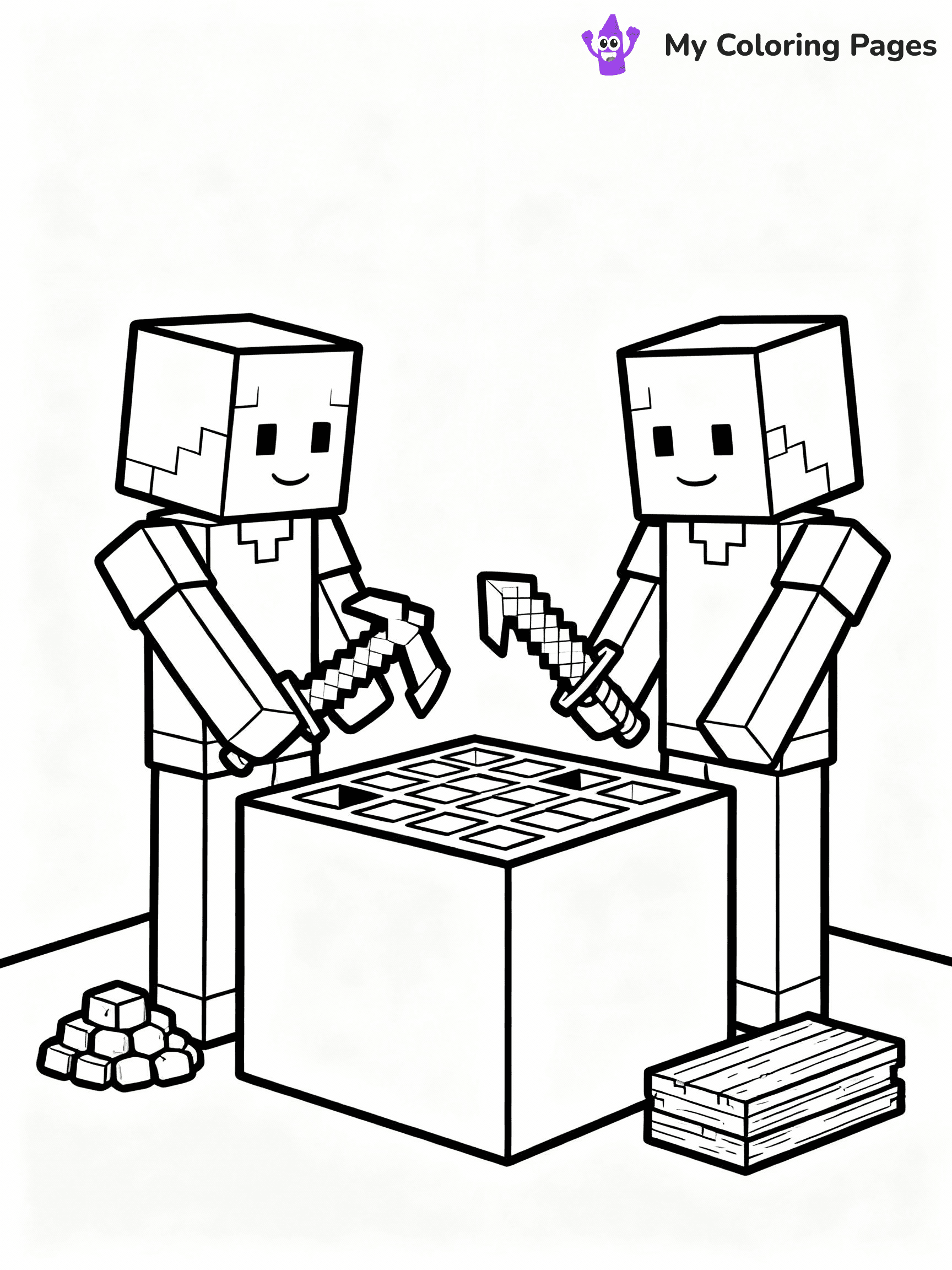 ⚠️ CRITICAL REQUIREMENT - ABSOLUTE BLACK AND WHITE ONLY ⚠️
This MUST be a BLACK AND WHITE line drawing ONLY. NO COLORS whatsoever.
- ONLY pure black lines (#000000) on pure white background (#FFFFFF)
- ABSOLUTELY NO colors, NO shading, NO gradients, NO grayscale
- If there are ANY colors in the output, the image is REJECTED
- This is a COLORING PAGE - meant to be COLORED IN by children
- The output must be UNCOLORED line art ready for coloring
⚠️ SUBJECT TO DRAW: Players crafting tools at a Minecraft crafting table. PURE OUTLINES. NO FILLS, COLOR, SHADING, OR GREYSCALE. WHITE BACKGROUND.
(REMEMBER: Output must be BLACK AND WHITE line art only, NOT colored!)
# Flat, Friendly Cartoon Line-Art Coloring Page
You are generating a **pure black-and-white binary image** of a child-friendly cartoon scene combining characters and background scenery in one cohesive composition.
## Rendering Rules (Strict)
- Only two colors: pure black (#000000) outlines and pure white (#FFFFFF) background.
- No grayscale, shading, gradients, tints, fills, transparency, or partial pixels.
- No antialiasing or blended edges; every pixel is 100% black or white.
- No solid black fills inside shapes — all areas inside outlines must remain white.
- No dark clothing areas or filled tone blocks; all garments outlined only.
- No shadows, textures, lighting, or tonal variations.
- Must look like flat binary vector line-art for coloring pages.
## Drawing & Composition
- **Medium, consistent line weight**; clean closed outlines easy to color inside.
- **Flat, simple, child-friendly design** — no realism or 3D depth.
- Characters are **grounded on a surface**, centered and large.
- **Balanced composition** with clear silhouettes and minimal props.
## Scenery & Style
- Landmarks (e.g., mosque, CN Tower) and scenery (trees, benches, waves) drawn with **black outlines only.**
- For real-world figures, teams, or places, show accurate details using only black outlines—no text or logos. Use distinctive uniform patterns, abstract symbols, and landmark silhouettes to convey identity.
- Keep **consistent perspective**; no floating elements.
- **Style:** whimsical **Doodle Art Alley** — rounded, friendly outlines.
- May adapt shapes from **Crayola, Disney, Peppa Pig, Cocomelon** — *by shape only, never color.*
- Final output: **flat, crisp, binary (#000000/#FFFFFF)**, **no filled color or background text.**
EXTREMELYE IMPORTANT:
- PURE BINARY LINE-ART; NO FILLS (HAIR/CLOTHES/SKIN), SHADING, OR GREY.
- NO SHADING, COLOR. MUST BE WHITE BACKGROUND.
⚠️ FINAL REMINDER: Draw the subject "Players crafting tools at a Minecraft crafting table. PURE OUTLINES. NO FILLS, COLOR, SHADING, OR GREYSCALE. WHITE BACKGROUND." as BLACK AND WHITE line art. Zero colors in output.