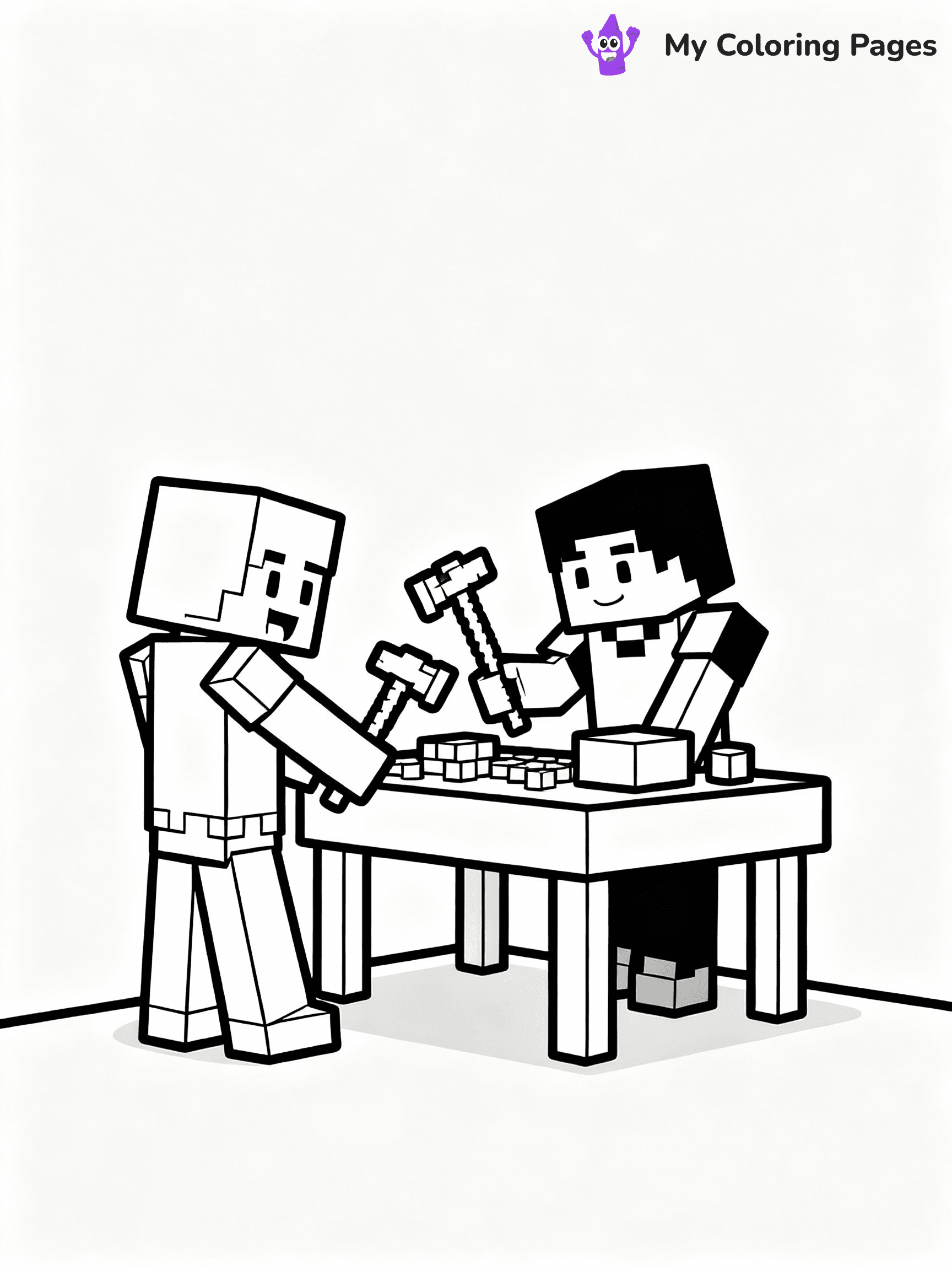 ⚠️ CRITICAL REQUIREMENT - ABSOLUTE BLACK AND WHITE ONLY ⚠️
This MUST be a BLACK AND WHITE line drawing ONLY. NO COLORS whatsoever.
- ONLY pure black lines (#000000) on pure white background (#FFFFFF)
- ABSOLUTELY NO colors, NO shading, NO gradients, NO grayscale
- If there are ANY colors in the output, the image is REJECTED
- This is a COLORING PAGE - meant to be COLORED IN by children
- The output must be UNCOLORED line art ready for coloring
⚠️ SUBJECT TO DRAW: Players crafting tools at a Minecraft crafting table. PURE OUTLINES. NO FILLS, COLOR, SHADING, OR GREYSCALE. WHITE BACKGROUND.
(REMEMBER: Output must be BLACK AND WHITE line art only, NOT colored!)
# Flat, Friendly Cartoon Line-Art Coloring Page
You are generating a **pure black-and-white binary image** of a child-friendly cartoon scene combining characters and background scenery in one cohesive composition.
## Rendering Rules (Strict)
- Only two colors: pure black (#000000) outlines and pure white (#FFFFFF) background.
- No grayscale, shading, gradients, tints, fills, transparency, or partial pixels.
- No antialiasing or blended edges; every pixel is 100% black or white.
- No solid black fills inside shapes — all areas inside outlines must remain white.
- No dark clothing areas or filled tone blocks; all garments outlined only.
- No shadows, textures, lighting, or tonal variations.
- Must look like flat binary vector line-art for coloring pages.
## Drawing & Composition
- **Medium, consistent line weight**; clean closed outlines easy to color inside.
- **Flat, simple, child-friendly design** — no realism or 3D depth.
- Characters are **grounded on a surface**, centered and large.
- **Balanced composition** with clear silhouettes and minimal props.
## Scenery & Style
- Landmarks (e.g., mosque, CN Tower) and scenery (trees, benches, waves) drawn with **black outlines only.**
- For real-world figures, teams, or places, show accurate details using only black outlines—no text or logos. Use distinctive uniform patterns, abstract symbols, and landmark silhouettes to convey identity.
- Keep **consistent perspective**; no floating elements.
- **Style:** whimsical **Doodle Art Alley** — rounded, friendly outlines.
- May adapt shapes from **Crayola, Disney, Peppa Pig, Cocomelon** — *by shape only, never color.*
- Final output: **flat, crisp, binary (#000000/#FFFFFF)**, **no filled color or background text.**
EXTREMELYE IMPORTANT:
- PURE BINARY LINE-ART; NO FILLS (HAIR/CLOTHES/SKIN), SHADING, OR GREY.
- NO SHADING, COLOR. MUST BE WHITE BACKGROUND.
⚠️ FINAL REMINDER: Draw the subject "Players crafting tools at a Minecraft crafting table. PURE OUTLINES. NO FILLS, COLOR, SHADING, OR GREYSCALE. WHITE BACKGROUND." as BLACK AND WHITE line art. Zero colors in output.