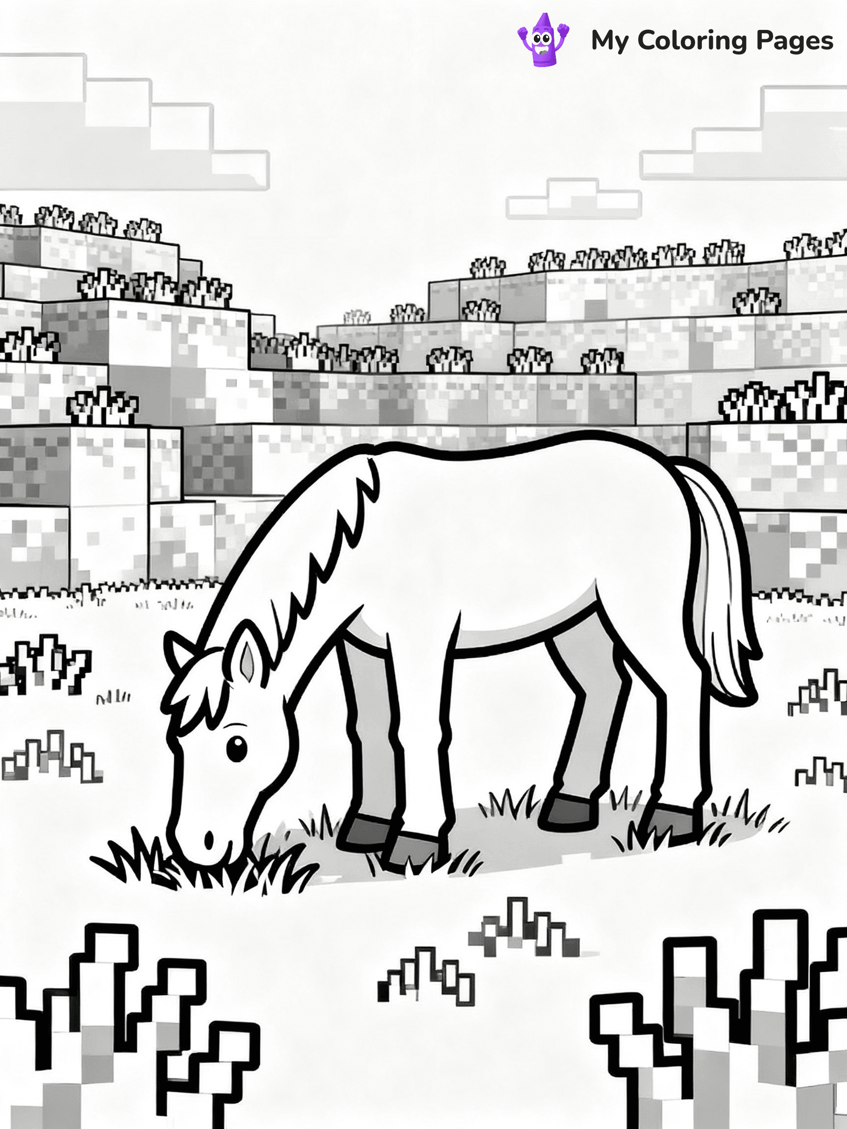 ⚠️ CRITICAL REQUIREMENT - ABSOLUTE BLACK AND WHITE ONLY ⚠️
This MUST be a BLACK AND WHITE line drawing ONLY. NO COLORS whatsoever.
- ONLY pure black lines (#000000) on pure white background (#FFFFFF)
- ABSOLUTELY NO colors, NO shading, NO gradients, NO grayscale
- If there are ANY colors in the output, the image is REJECTED
- This is a COLORING PAGE - meant to be COLORED IN by children
- The output must be UNCOLORED line art ready for coloring
⚠️ SUBJECT TO DRAW: Horse grazing on grassy plains in Minecraft. PURE OUTLINES. NO FILLS, COLOR, SHADING, OR GREYSCALE. WHITE BACKGROUND.
(REMEMBER: Output must be BLACK AND WHITE line art only, NOT colored!)
# Flat, Friendly Cartoon Line-Art Coloring Page
You are generating a **pure black-and-white binary image** of a child-friendly cartoon scene combining characters and background scenery in one cohesive composition.
## Rendering Rules (Strict)
- Only two colors: pure black (#000000) outlines and pure white (#FFFFFF) background.
- No grayscale, shading, gradients, tints, fills, transparency, or partial pixels.
- No antialiasing or blended edges; every pixel is 100% black or white.
- No solid black fills inside shapes — all areas inside outlines must remain white.
- No dark clothing areas or filled tone blocks; all garments outlined only.
- No shadows, textures, lighting, or tonal variations.
- Must look like flat binary vector line-art for coloring pages.
## Drawing & Composition
- **Medium, consistent line weight**; clean closed outlines easy to color inside.
- **Flat, simple, child-friendly design** — no realism or 3D depth.
- Characters are **grounded on a surface**, centered and large.
- **Balanced composition** with clear silhouettes and minimal props.
## Scenery & Style
- Landmarks (e.g., mosque, CN Tower) and scenery (trees, benches, waves) drawn with **black outlines only.**
- For real-world figures, teams, or places, show accurate details using only black outlines—no text or logos. Use distinctive uniform patterns, abstract symbols, and landmark silhouettes to convey identity.
- Keep **consistent perspective**; no floating elements.
- **Style:** whimsical **Doodle Art Alley** — rounded, friendly outlines.
- May adapt shapes from **Crayola, Disney, Peppa Pig, Cocomelon** — *by shape only, never color.*
- Final output: **flat, crisp, binary (#000000/#FFFFFF)**, **no filled color or background text.**
EXTREMELYE IMPORTANT:
- PURE BINARY LINE-ART; NO FILLS (HAIR/CLOTHES/SKIN), SHADING, OR GREY.
- NO SHADING, COLOR. MUST BE WHITE BACKGROUND.
⚠️ FINAL REMINDER: Draw the subject "Horse grazing on grassy plains in Minecraft. PURE OUTLINES. NO FILLS, COLOR, SHADING, OR GREYSCALE. WHITE BACKGROUND." as BLACK AND WHITE line art. Zero colors in output.