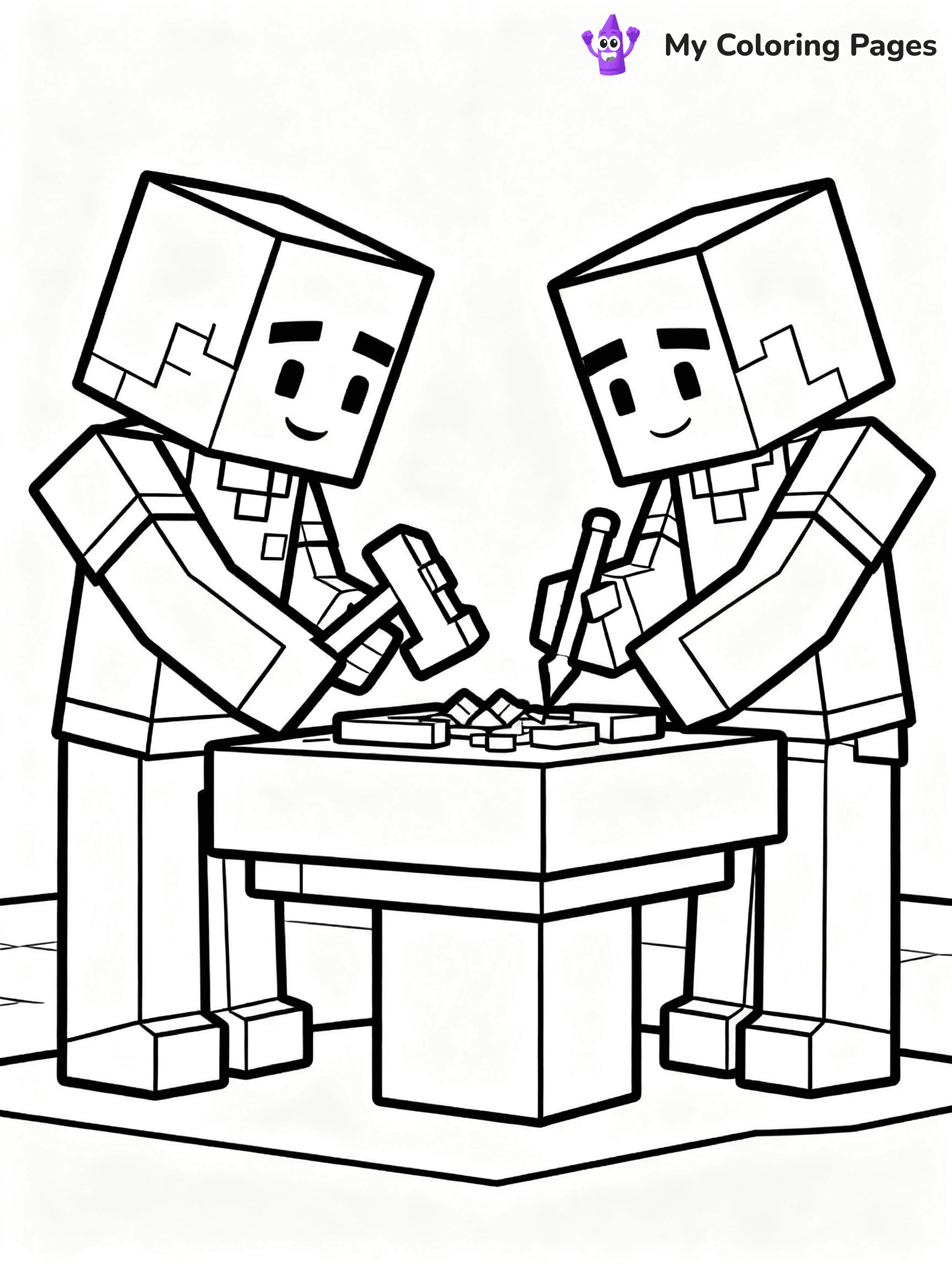 ⚠️ CRITICAL REQUIREMENT - ABSOLUTE BLACK AND WHITE ONLY ⚠️
This MUST be a BLACK AND WHITE line drawing ONLY. NO COLORS whatsoever.
- ONLY pure black lines (#000000) on pure white background (#FFFFFF)
- ABSOLUTELY NO colors, NO shading, NO gradients, NO grayscale
- If there are ANY colors in the output, the image is REJECTED
- This is a COLORING PAGE - meant to be COLORED IN by children
- The output must be UNCOLORED line art ready for coloring
⚠️ SUBJECT TO DRAW: Players crafting tools at a Minecraft crafting table. PURE OUTLINES. NO FILLS, COLOR, SHADING, OR GREYSCALE. WHITE BACKGROUND.
(REMEMBER: Output must be BLACK AND WHITE line art only, NOT colored!)
# Flat, Friendly Cartoon Line-Art Coloring Page
You are generating a **pure black-and-white binary image** of a child-friendly cartoon scene combining characters and background scenery in one cohesive composition.
## Rendering Rules (Strict)
- Only two colors: pure black (#000000) outlines and pure white (#FFFFFF) background.
- No grayscale, shading, gradients, tints, fills, transparency, or partial pixels.
- No antialiasing or blended edges; every pixel is 100% black or white.
- No solid black fills inside shapes — all areas inside outlines must remain white.
- No dark clothing areas or filled tone blocks; all garments outlined only.
- No shadows, textures, lighting, or tonal variations.
- Must look like flat binary vector line-art for coloring pages.
## Drawing & Composition
- **Medium, consistent line weight**; clean closed outlines easy to color inside.
- **Flat, simple, child-friendly design** — no realism or 3D depth.
- Characters are **grounded on a surface**, centered and large.
- **Balanced composition** with clear silhouettes and minimal props.
## Scenery & Style
- Landmarks (e.g., mosque, CN Tower) and scenery (trees, benches, waves) drawn with **black outlines only.**
- For real-world figures, teams, or places, show accurate details using only black outlines—no text or logos. Use distinctive uniform patterns, abstract symbols, and landmark silhouettes to convey identity.
- Keep **consistent perspective**; no floating elements.
- **Style:** whimsical **Doodle Art Alley** — rounded, friendly outlines.
- May adapt shapes from **Crayola, Disney, Peppa Pig, Cocomelon** — *by shape only, never color.*
- Final output: **flat, crisp, binary (#000000/#FFFFFF)**, **no filled color or background text.**
EXTREMELYE IMPORTANT:
- PURE BINARY LINE-ART; NO FILLS (HAIR/CLOTHES/SKIN), SHADING, OR GREY.
- NO SHADING, COLOR. MUST BE WHITE BACKGROUND.
⚠️ FINAL REMINDER: Draw the subject "Players crafting tools at a Minecraft crafting table. PURE OUTLINES. NO FILLS, COLOR, SHADING, OR GREYSCALE. WHITE BACKGROUND." as BLACK AND WHITE line art. Zero colors in output.