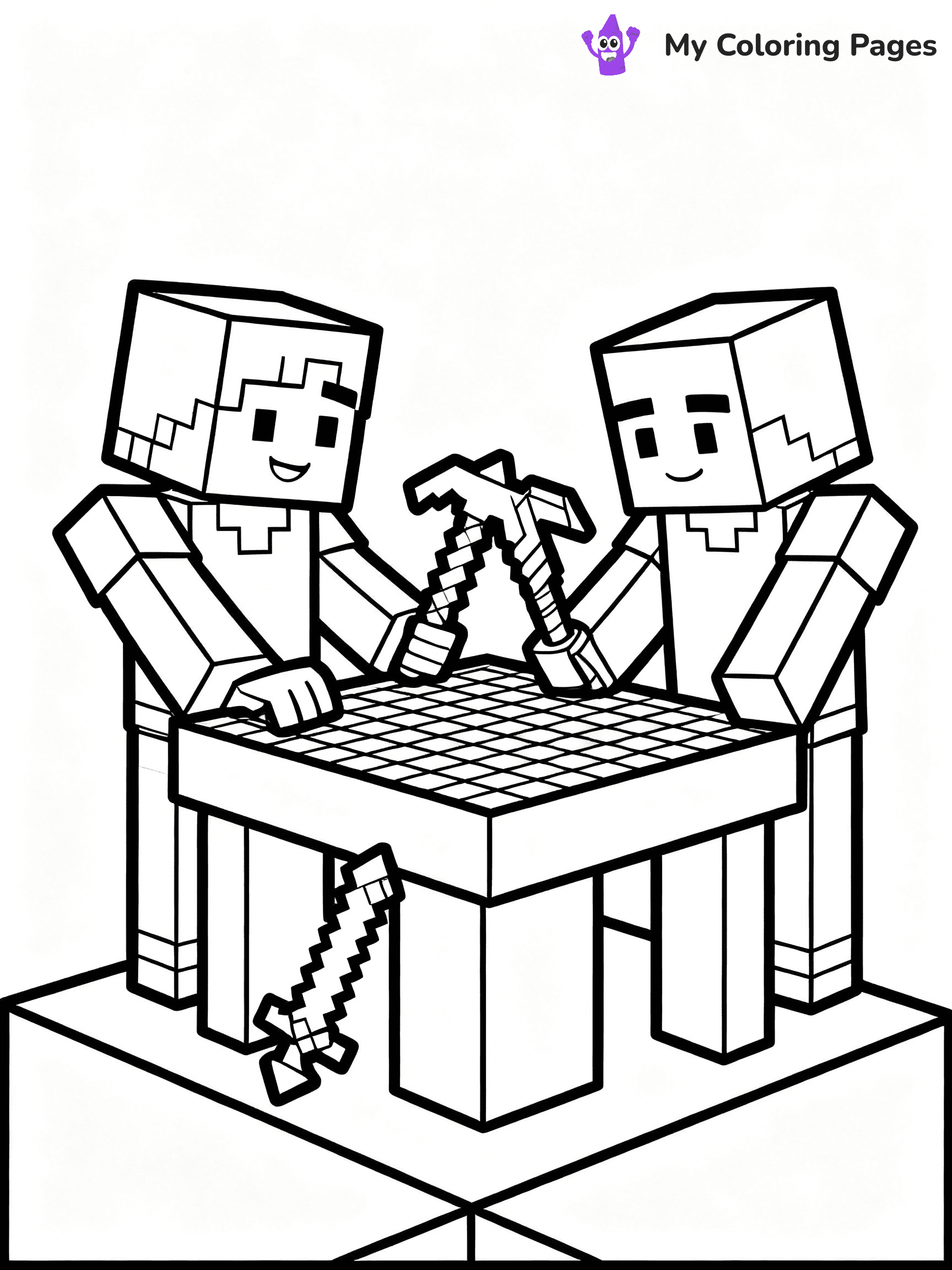 ⚠️ CRITICAL REQUIREMENT - ABSOLUTE BLACK AND WHITE ONLY ⚠️
This MUST be a BLACK AND WHITE line drawing ONLY. NO COLORS whatsoever.
- ONLY pure black lines (#000000) on pure white background (#FFFFFF)
- ABSOLUTELY NO colors, NO shading, NO gradients, NO grayscale
- If there are ANY colors in the output, the image is REJECTED
- This is a COLORING PAGE - meant to be COLORED IN by children
- The output must be UNCOLORED line art ready for coloring
⚠️ SUBJECT TO DRAW: Players crafting tools at a Minecraft crafting table. PURE OUTLINES. NO FILLS, COLOR, SHADING, OR GREYSCALE. WHITE BACKGROUND.
(REMEMBER: Output must be BLACK AND WHITE line art only, NOT colored!)
# Flat, Friendly Cartoon Line-Art Coloring Page
You are generating a **pure black-and-white binary image** of a child-friendly cartoon scene combining characters and background scenery in one cohesive composition.
## Rendering Rules (Strict)
- Only two colors: pure black (#000000) outlines and pure white (#FFFFFF) background.
- No grayscale, shading, gradients, tints, fills, transparency, or partial pixels.
- No antialiasing or blended edges; every pixel is 100% black or white.
- No solid black fills inside shapes — all areas inside outlines must remain white.
- No dark clothing areas or filled tone blocks; all garments outlined only.
- No shadows, textures, lighting, or tonal variations.
- Must look like flat binary vector line-art for coloring pages.
## Drawing & Composition
- **Medium, consistent line weight**; clean closed outlines easy to color inside.
- **Flat, simple, child-friendly design** — no realism or 3D depth.
- Characters are **grounded on a surface**, centered and large.
- **Balanced composition** with clear silhouettes and minimal props.
## Scenery & Style
- Landmarks (e.g., mosque, CN Tower) and scenery (trees, benches, waves) drawn with **black outlines only.**
- For real-world figures, teams, or places, show accurate details using only black outlines—no text or logos. Use distinctive uniform patterns, abstract symbols, and landmark silhouettes to convey identity.
- Keep **consistent perspective**; no floating elements.
- **Style:** whimsical **Doodle Art Alley** — rounded, friendly outlines.
- May adapt shapes from **Crayola, Disney, Peppa Pig, Cocomelon** — *by shape only, never color.*
- Final output: **flat, crisp, binary (#000000/#FFFFFF)**, **no filled color or background text.**
EXTREMELYE IMPORTANT:
- PURE BINARY LINE-ART; NO FILLS (HAIR/CLOTHES/SKIN), SHADING, OR GREY.
- NO SHADING, COLOR. MUST BE WHITE BACKGROUND.
⚠️ FINAL REMINDER: Draw the subject "Players crafting tools at a Minecraft crafting table. PURE OUTLINES. NO FILLS, COLOR, SHADING, OR GREYSCALE. WHITE BACKGROUND." as BLACK AND WHITE line art. Zero colors in output.