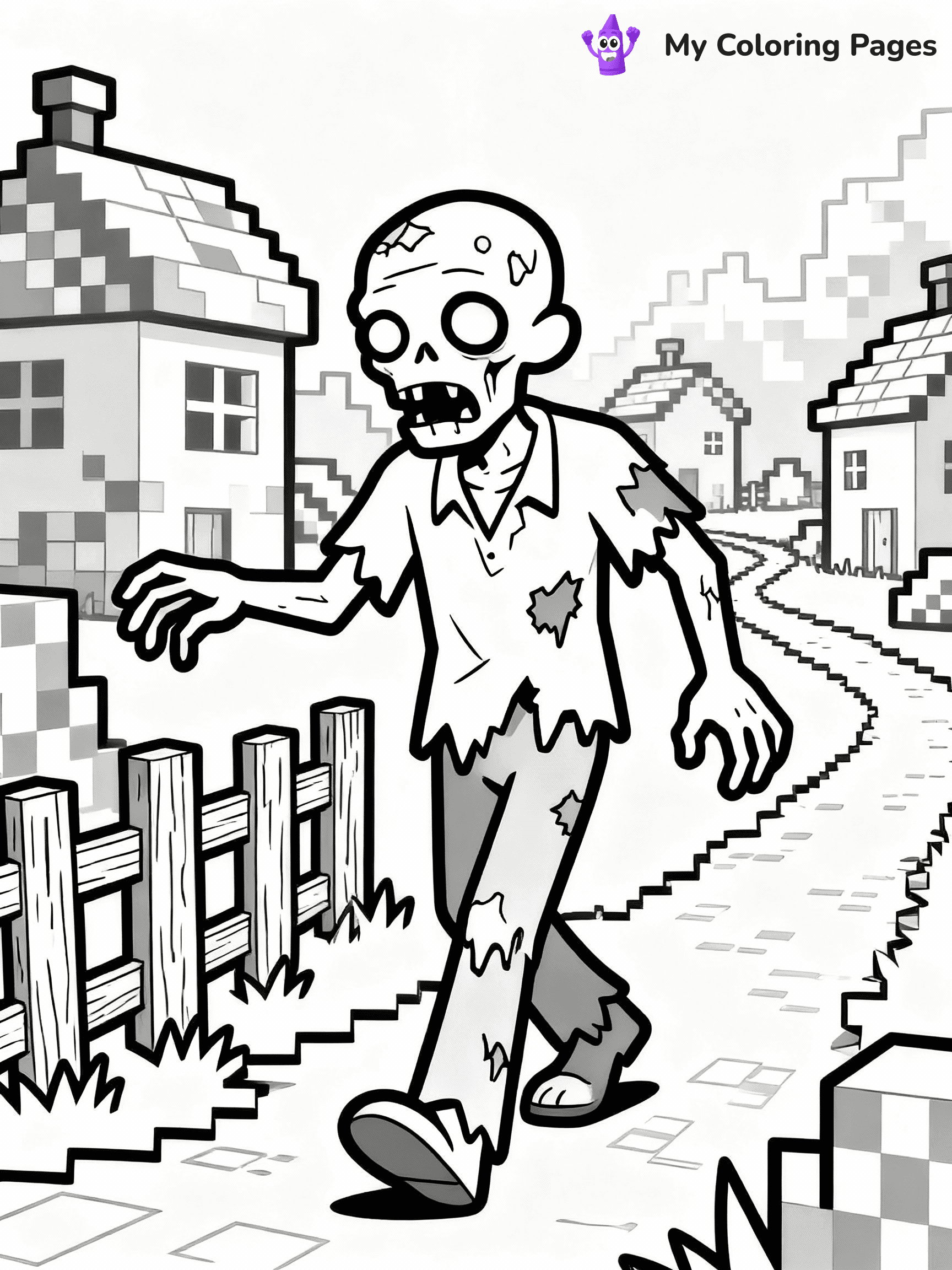 ⚠️ CRITICAL REQUIREMENT - ABSOLUTE BLACK AND WHITE ONLY ⚠️
This MUST be a BLACK AND WHITE line drawing ONLY. NO COLORS whatsoever.
- ONLY pure black lines (#000000) on pure white background (#FFFFFF)
- ABSOLUTELY NO colors, NO shading, NO gradients, NO grayscale
- If there are ANY colors in the output, the image is REJECTED
- This is a COLORING PAGE - meant to be COLORED IN by children
- The output must be UNCOLORED line art ready for coloring
⚠️ SUBJECT TO DRAW: Zombie walking through a pixelated village in Minecraft. PURE OUTLINES. NO FILLS, COLOR, SHADING, OR GREYSCALE. WHITE BACKGROUND.
(REMEMBER: Output must be BLACK AND WHITE line art only, NOT colored!)
# Flat, Friendly Cartoon Line-Art Coloring Page
You are generating a **pure black-and-white binary image** of a child-friendly cartoon scene combining characters and background scenery in one cohesive composition.
## Rendering Rules (Strict)
- Only two colors: pure black (#000000) outlines and pure white (#FFFFFF) background.
- No grayscale, shading, gradients, tints, fills, transparency, or partial pixels.
- No antialiasing or blended edges; every pixel is 100% black or white.
- No solid black fills inside shapes — all areas inside outlines must remain white.
- No dark clothing areas or filled tone blocks; all garments outlined only.
- No shadows, textures, lighting, or tonal variations.
- Must look like flat binary vector line-art for coloring pages.
## Drawing & Composition
- **Medium, consistent line weight**; clean closed outlines easy to color inside.
- **Flat, simple, child-friendly design** — no realism or 3D depth.
- Characters are **grounded on a surface**, centered and large.
- **Balanced composition** with clear silhouettes and minimal props.
## Scenery & Style
- Landmarks (e.g., mosque, CN Tower) and scenery (trees, benches, waves) drawn with **black outlines only.**
- For real-world figures, teams, or places, show accurate details using only black outlines—no text or logos. Use distinctive uniform patterns, abstract symbols, and landmark silhouettes to convey identity.
- Keep **consistent perspective**; no floating elements.
- **Style:** whimsical **Doodle Art Alley** — rounded, friendly outlines.
- May adapt shapes from **Crayola, Disney, Peppa Pig, Cocomelon** — *by shape only, never color.*
- Final output: **flat, crisp, binary (#000000/#FFFFFF)**, **no filled color or background text.**
EXTREMELYE IMPORTANT:
- PURE BINARY LINE-ART; NO FILLS (HAIR/CLOTHES/SKIN), SHADING, OR GREY.
- NO SHADING, COLOR. MUST BE WHITE BACKGROUND.
⚠️ FINAL REMINDER: Draw the subject "Zombie walking through a pixelated village in Minecraft. PURE OUTLINES. NO FILLS, COLOR, SHADING, OR GREYSCALE. WHITE BACKGROUND." as BLACK AND WHITE line art. Zero colors in output.