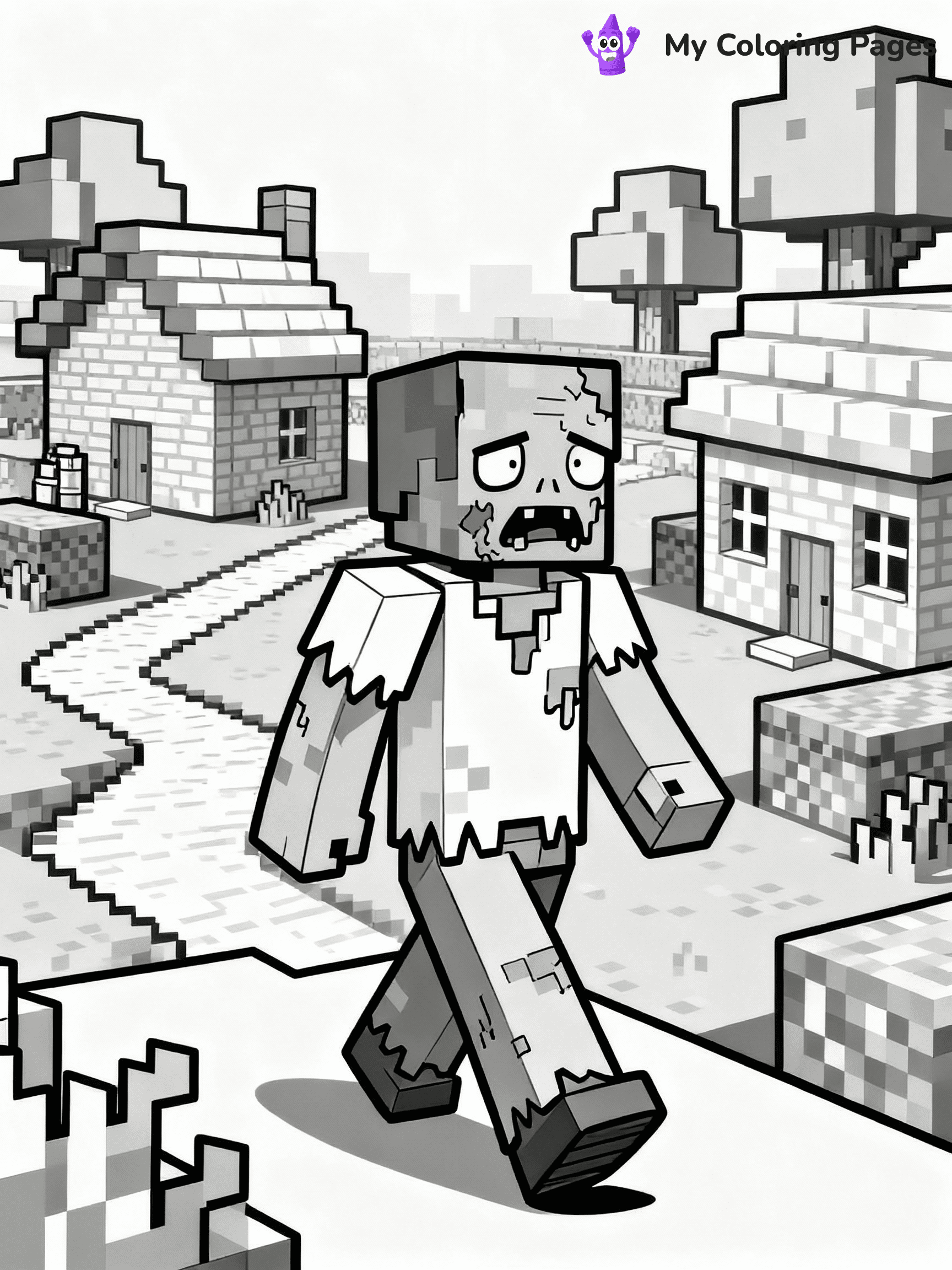 ⚠️ CRITICAL REQUIREMENT - ABSOLUTE BLACK AND WHITE ONLY ⚠️
This MUST be a BLACK AND WHITE line drawing ONLY. NO COLORS whatsoever.
- ONLY pure black lines (#000000) on pure white background (#FFFFFF)
- ABSOLUTELY NO colors, NO shading, NO gradients, NO grayscale
- If there are ANY colors in the output, the image is REJECTED
- This is a COLORING PAGE - meant to be COLORED IN by children
- The output must be UNCOLORED line art ready for coloring
⚠️ SUBJECT TO DRAW: Zombie walking through a pixelated village in Minecraft. PURE OUTLINES. NO FILLS, COLOR, SHADING, OR GREYSCALE. WHITE BACKGROUND.
(REMEMBER: Output must be BLACK AND WHITE line art only, NOT colored!)
# Flat, Friendly Cartoon Line-Art Coloring Page
You are generating a **pure black-and-white binary image** of a child-friendly cartoon scene combining characters and background scenery in one cohesive composition.
## Rendering Rules (Strict)
- Only two colors: pure black (#000000) outlines and pure white (#FFFFFF) background.
- No grayscale, shading, gradients, tints, fills, transparency, or partial pixels.
- No antialiasing or blended edges; every pixel is 100% black or white.
- No solid black fills inside shapes — all areas inside outlines must remain white.
- No dark clothing areas or filled tone blocks; all garments outlined only.
- No shadows, textures, lighting, or tonal variations.
- Must look like flat binary vector line-art for coloring pages.
## Drawing & Composition
- **Medium, consistent line weight**; clean closed outlines easy to color inside.
- **Flat, simple, child-friendly design** — no realism or 3D depth.
- Characters are **grounded on a surface**, centered and large.
- **Balanced composition** with clear silhouettes and minimal props.
## Scenery & Style
- Landmarks (e.g., mosque, CN Tower) and scenery (trees, benches, waves) drawn with **black outlines only.**
- For real-world figures, teams, or places, show accurate details using only black outlines—no text or logos. Use distinctive uniform patterns, abstract symbols, and landmark silhouettes to convey identity.
- Keep **consistent perspective**; no floating elements.
- **Style:** whimsical **Doodle Art Alley** — rounded, friendly outlines.
- May adapt shapes from **Crayola, Disney, Peppa Pig, Cocomelon** — *by shape only, never color.*
- Final output: **flat, crisp, binary (#000000/#FFFFFF)**, **no filled color or background text.**
EXTREMELYE IMPORTANT:
- PURE BINARY LINE-ART; NO FILLS (HAIR/CLOTHES/SKIN), SHADING, OR GREY.
- NO SHADING, COLOR. MUST BE WHITE BACKGROUND.
⚠️ FINAL REMINDER: Draw the subject "Zombie walking through a pixelated village in Minecraft. PURE OUTLINES. NO FILLS, COLOR, SHADING, OR GREYSCALE. WHITE BACKGROUND." as BLACK AND WHITE line art. Zero colors in output.