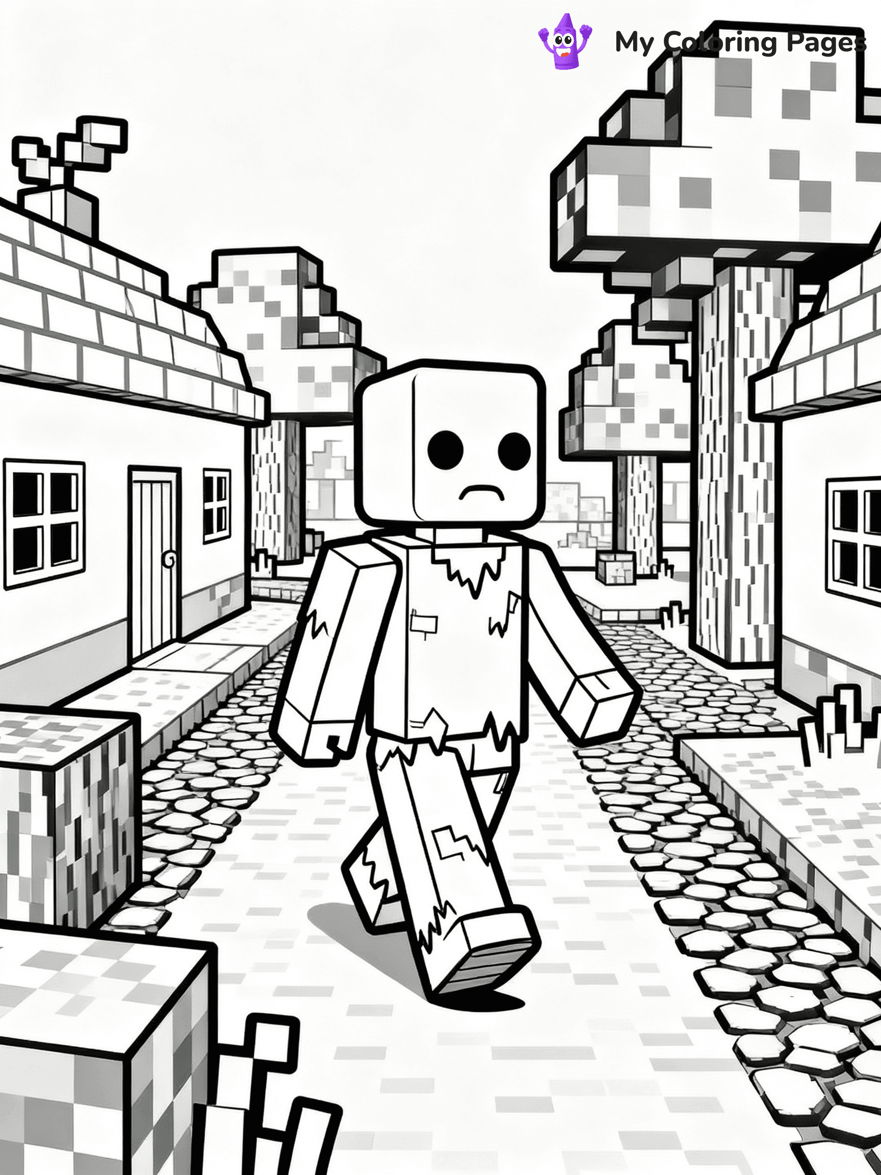 ⚠️ CRITICAL REQUIREMENT - ABSOLUTE BLACK AND WHITE ONLY ⚠️
This MUST be a BLACK AND WHITE line drawing ONLY. NO COLORS whatsoever.
- ONLY pure black lines (#000000) on pure white background (#FFFFFF)
- ABSOLUTELY NO colors, NO shading, NO gradients, NO grayscale
- If there are ANY colors in the output, the image is REJECTED
- This is a COLORING PAGE - meant to be COLORED IN by children
- The output must be UNCOLORED line art ready for coloring
⚠️ SUBJECT TO DRAW: Zombie walking through a pixelated village in Minecraft. PURE OUTLINES. NO FILLS, COLOR, SHADING, OR GREYSCALE. WHITE BACKGROUND.
(REMEMBER: Output must be BLACK AND WHITE line art only, NOT colored!)
# Flat, Friendly Cartoon Line-Art Coloring Page
You are generating a **pure black-and-white binary image** of a child-friendly cartoon scene combining characters and background scenery in one cohesive composition.
## Rendering Rules (Strict)
- Only two colors: pure black (#000000) outlines and pure white (#FFFFFF) background.
- No grayscale, shading, gradients, tints, fills, transparency, or partial pixels.
- No antialiasing or blended edges; every pixel is 100% black or white.
- No solid black fills inside shapes — all areas inside outlines must remain white.
- No dark clothing areas or filled tone blocks; all garments outlined only.
- No shadows, textures, lighting, or tonal variations.
- Must look like flat binary vector line-art for coloring pages.
## Drawing & Composition
- **Medium, consistent line weight**; clean closed outlines easy to color inside.
- **Flat, simple, child-friendly design** — no realism or 3D depth.
- Characters are **grounded on a surface**, centered and large.
- **Balanced composition** with clear silhouettes and minimal props.
## Scenery & Style
- Landmarks (e.g., mosque, CN Tower) and scenery (trees, benches, waves) drawn with **black outlines only.**
- For real-world figures, teams, or places, show accurate details using only black outlines—no text or logos. Use distinctive uniform patterns, abstract symbols, and landmark silhouettes to convey identity.
- Keep **consistent perspective**; no floating elements.
- **Style:** whimsical **Doodle Art Alley** — rounded, friendly outlines.
- May adapt shapes from **Crayola, Disney, Peppa Pig, Cocomelon** — *by shape only, never color.*
- Final output: **flat, crisp, binary (#000000/#FFFFFF)**, **no filled color or background text.**
EXTREMELYE IMPORTANT:
- PURE BINARY LINE-ART; NO FILLS (HAIR/CLOTHES/SKIN), SHADING, OR GREY.
- NO SHADING, COLOR. MUST BE WHITE BACKGROUND.
⚠️ FINAL REMINDER: Draw the subject "Zombie walking through a pixelated village in Minecraft. PURE OUTLINES. NO FILLS, COLOR, SHADING, OR GREYSCALE. WHITE BACKGROUND." as BLACK AND WHITE line art. Zero colors in output.