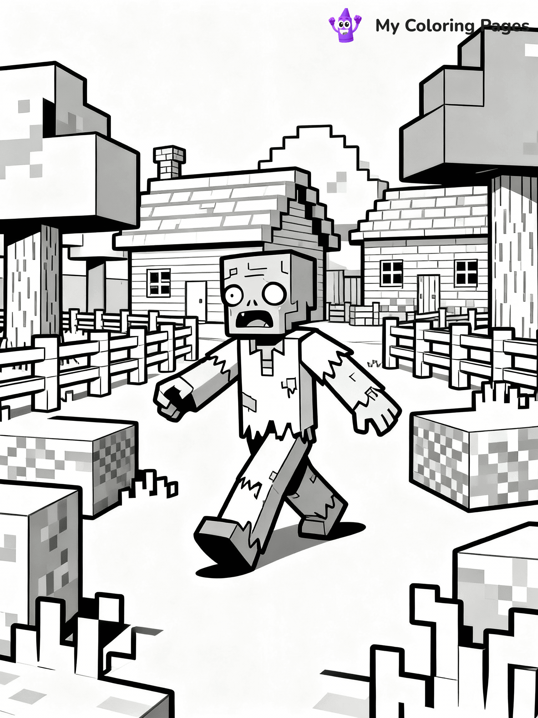 ⚠️ CRITICAL REQUIREMENT - ABSOLUTE BLACK AND WHITE ONLY ⚠️
This MUST be a BLACK AND WHITE line drawing ONLY. NO COLORS whatsoever.
- ONLY pure black lines (#000000) on pure white background (#FFFFFF)
- ABSOLUTELY NO colors, NO shading, NO gradients, NO grayscale
- If there are ANY colors in the output, the image is REJECTED
- This is a COLORING PAGE - meant to be COLORED IN by children
- The output must be UNCOLORED line art ready for coloring
⚠️ SUBJECT TO DRAW: Zombie walking through a pixelated village in Minecraft. PURE OUTLINES. NO FILLS, COLOR, SHADING, OR GREYSCALE. WHITE BACKGROUND.
(REMEMBER: Output must be BLACK AND WHITE line art only, NOT colored!)
# Flat, Friendly Cartoon Line-Art Coloring Page
You are generating a **pure black-and-white binary image** of a child-friendly cartoon scene combining characters and background scenery in one cohesive composition.
## Rendering Rules (Strict)
- Only two colors: pure black (#000000) outlines and pure white (#FFFFFF) background.
- No grayscale, shading, gradients, tints, fills, transparency, or partial pixels.
- No antialiasing or blended edges; every pixel is 100% black or white.
- No solid black fills inside shapes — all areas inside outlines must remain white.
- No dark clothing areas or filled tone blocks; all garments outlined only.
- No shadows, textures, lighting, or tonal variations.
- Must look like flat binary vector line-art for coloring pages.
## Drawing & Composition
- **Medium, consistent line weight**; clean closed outlines easy to color inside.
- **Flat, simple, child-friendly design** — no realism or 3D depth.
- Characters are **grounded on a surface**, centered and large.
- **Balanced composition** with clear silhouettes and minimal props.
## Scenery & Style
- Landmarks (e.g., mosque, CN Tower) and scenery (trees, benches, waves) drawn with **black outlines only.**
- For real-world figures, teams, or places, show accurate details using only black outlines—no text or logos. Use distinctive uniform patterns, abstract symbols, and landmark silhouettes to convey identity.
- Keep **consistent perspective**; no floating elements.
- **Style:** whimsical **Doodle Art Alley** — rounded, friendly outlines.
- May adapt shapes from **Crayola, Disney, Peppa Pig, Cocomelon** — *by shape only, never color.*
- Final output: **flat, crisp, binary (#000000/#FFFFFF)**, **no filled color or background text.**
EXTREMELYE IMPORTANT:
- PURE BINARY LINE-ART; NO FILLS (HAIR/CLOTHES/SKIN), SHADING, OR GREY.
- NO SHADING, COLOR. MUST BE WHITE BACKGROUND.
⚠️ FINAL REMINDER: Draw the subject "Zombie walking through a pixelated village in Minecraft. PURE OUTLINES. NO FILLS, COLOR, SHADING, OR GREYSCALE. WHITE BACKGROUND." as BLACK AND WHITE line art. Zero colors in output.