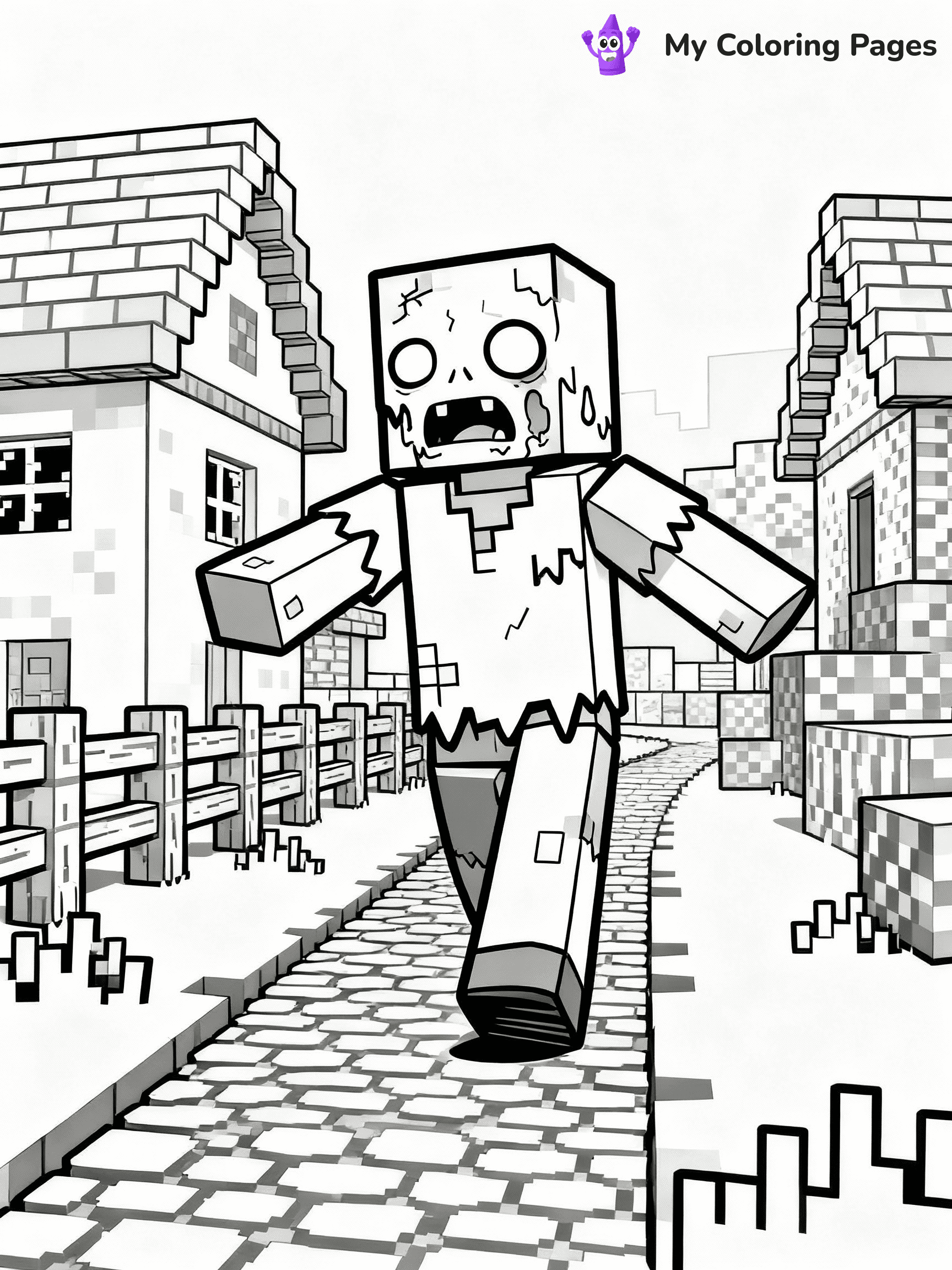 ⚠️ CRITICAL REQUIREMENT - ABSOLUTE BLACK AND WHITE ONLY ⚠️
This MUST be a BLACK AND WHITE line drawing ONLY. NO COLORS whatsoever.
- ONLY pure black lines (#000000) on pure white background (#FFFFFF)
- ABSOLUTELY NO colors, NO shading, NO gradients, NO grayscale
- If there are ANY colors in the output, the image is REJECTED
- This is a COLORING PAGE - meant to be COLORED IN by children
- The output must be UNCOLORED line art ready for coloring
⚠️ SUBJECT TO DRAW: Zombie walking through a pixelated village in Minecraft. PURE OUTLINES. NO FILLS, COLOR, SHADING, OR GREYSCALE. WHITE BACKGROUND.
(REMEMBER: Output must be BLACK AND WHITE line art only, NOT colored!)
# Flat, Friendly Cartoon Line-Art Coloring Page
You are generating a **pure black-and-white binary image** of a child-friendly cartoon scene combining characters and background scenery in one cohesive composition.
## Rendering Rules (Strict)
- Only two colors: pure black (#000000) outlines and pure white (#FFFFFF) background.
- No grayscale, shading, gradients, tints, fills, transparency, or partial pixels.
- No antialiasing or blended edges; every pixel is 100% black or white.
- No solid black fills inside shapes — all areas inside outlines must remain white.
- No dark clothing areas or filled tone blocks; all garments outlined only.
- No shadows, textures, lighting, or tonal variations.
- Must look like flat binary vector line-art for coloring pages.
## Drawing & Composition
- **Medium, consistent line weight**; clean closed outlines easy to color inside.
- **Flat, simple, child-friendly design** — no realism or 3D depth.
- Characters are **grounded on a surface**, centered and large.
- **Balanced composition** with clear silhouettes and minimal props.
## Scenery & Style
- Landmarks (e.g., mosque, CN Tower) and scenery (trees, benches, waves) drawn with **black outlines only.**
- For real-world figures, teams, or places, show accurate details using only black outlines—no text or logos. Use distinctive uniform patterns, abstract symbols, and landmark silhouettes to convey identity.
- Keep **consistent perspective**; no floating elements.
- **Style:** whimsical **Doodle Art Alley** — rounded, friendly outlines.
- May adapt shapes from **Crayola, Disney, Peppa Pig, Cocomelon** — *by shape only, never color.*
- Final output: **flat, crisp, binary (#000000/#FFFFFF)**, **no filled color or background text.**
EXTREMELYE IMPORTANT:
- PURE BINARY LINE-ART; NO FILLS (HAIR/CLOTHES/SKIN), SHADING, OR GREY.
- NO SHADING, COLOR. MUST BE WHITE BACKGROUND.
⚠️ FINAL REMINDER: Draw the subject "Zombie walking through a pixelated village in Minecraft. PURE OUTLINES. NO FILLS, COLOR, SHADING, OR GREYSCALE. WHITE BACKGROUND." as BLACK AND WHITE line art. Zero colors in output.