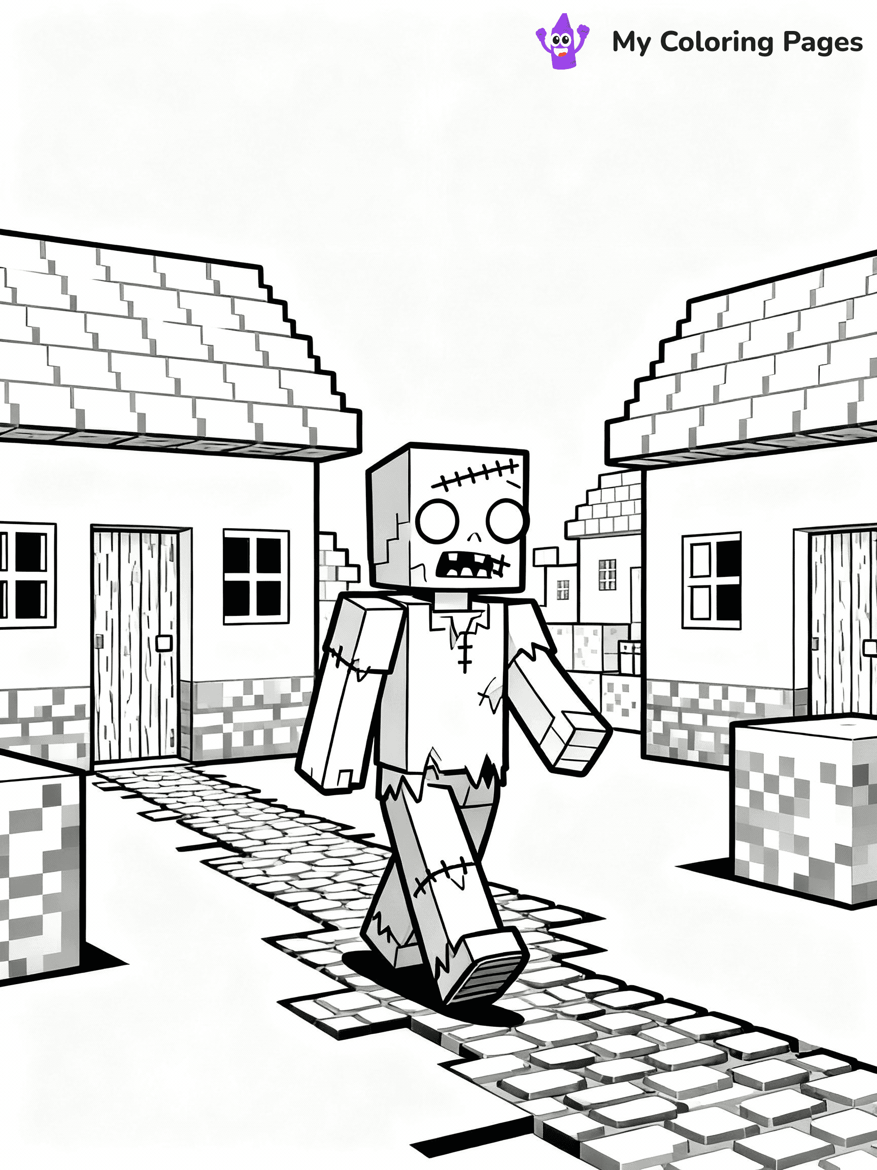 ⚠️ CRITICAL REQUIREMENT - ABSOLUTE BLACK AND WHITE ONLY ⚠️
This MUST be a BLACK AND WHITE line drawing ONLY. NO COLORS whatsoever.
- ONLY pure black lines (#000000) on pure white background (#FFFFFF)
- ABSOLUTELY NO colors, NO shading, NO gradients, NO grayscale
- If there are ANY colors in the output, the image is REJECTED
- This is a COLORING PAGE - meant to be COLORED IN by children
- The output must be UNCOLORED line art ready for coloring
⚠️ SUBJECT TO DRAW: Zombie walking through a pixelated village in Minecraft. PURE OUTLINES. NO FILLS, COLOR, SHADING, OR GREYSCALE. WHITE BACKGROUND.
(REMEMBER: Output must be BLACK AND WHITE line art only, NOT colored!)
# Flat, Friendly Cartoon Line-Art Coloring Page
You are generating a **pure black-and-white binary image** of a child-friendly cartoon scene combining characters and background scenery in one cohesive composition.
## Rendering Rules (Strict)
- Only two colors: pure black (#000000) outlines and pure white (#FFFFFF) background.
- No grayscale, shading, gradients, tints, fills, transparency, or partial pixels.
- No antialiasing or blended edges; every pixel is 100% black or white.
- No solid black fills inside shapes — all areas inside outlines must remain white.
- No dark clothing areas or filled tone blocks; all garments outlined only.
- No shadows, textures, lighting, or tonal variations.
- Must look like flat binary vector line-art for coloring pages.
## Drawing & Composition
- **Medium, consistent line weight**; clean closed outlines easy to color inside.
- **Flat, simple, child-friendly design** — no realism or 3D depth.
- Characters are **grounded on a surface**, centered and large.
- **Balanced composition** with clear silhouettes and minimal props.
## Scenery & Style
- Landmarks (e.g., mosque, CN Tower) and scenery (trees, benches, waves) drawn with **black outlines only.**
- For real-world figures, teams, or places, show accurate details using only black outlines—no text or logos. Use distinctive uniform patterns, abstract symbols, and landmark silhouettes to convey identity.
- Keep **consistent perspective**; no floating elements.
- **Style:** whimsical **Doodle Art Alley** — rounded, friendly outlines.
- May adapt shapes from **Crayola, Disney, Peppa Pig, Cocomelon** — *by shape only, never color.*
- Final output: **flat, crisp, binary (#000000/#FFFFFF)**, **no filled color or background text.**
EXTREMELYE IMPORTANT:
- PURE BINARY LINE-ART; NO FILLS (HAIR/CLOTHES/SKIN), SHADING, OR GREY.
- NO SHADING, COLOR. MUST BE WHITE BACKGROUND.
⚠️ FINAL REMINDER: Draw the subject "Zombie walking through a pixelated village in Minecraft. PURE OUTLINES. NO FILLS, COLOR, SHADING, OR GREYSCALE. WHITE BACKGROUND." as BLACK AND WHITE line art. Zero colors in output.