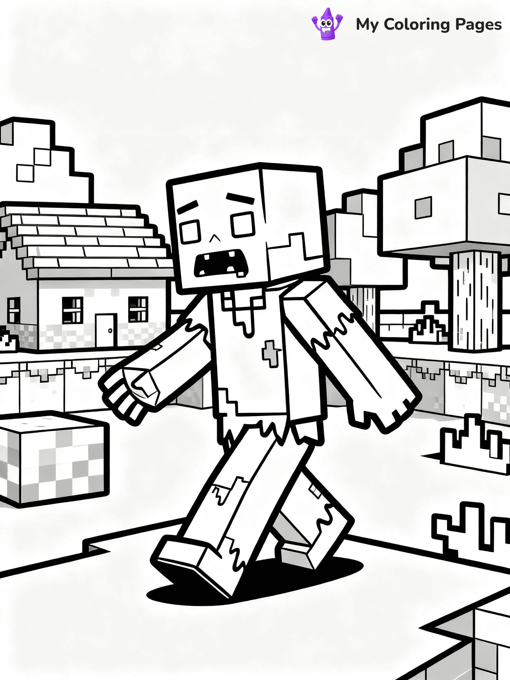 ⚠️ CRITICAL REQUIREMENT - ABSOLUTE BLACK AND WHITE ONLY ⚠️
This MUST be a BLACK AND WHITE line drawing ONLY. NO COLORS whatsoever.
- ONLY pure black lines (#000000) on pure white background (#FFFFFF)
- ABSOLUTELY NO colors, NO shading, NO gradients, NO grayscale
- If there are ANY colors in the output, the image is REJECTED
- This is a COLORING PAGE - meant to be COLORED IN by children
- The output must be UNCOLORED line art ready for coloring
⚠️ SUBJECT TO DRAW: Zombie walking through a pixelated village in Minecraft. PURE OUTLINES. NO FILLS, COLOR, SHADING, OR GREYSCALE. WHITE BACKGROUND.
(REMEMBER: Output must be BLACK AND WHITE line art only, NOT colored!)
# Flat, Friendly Cartoon Line-Art Coloring Page
You are generating a **pure black-and-white binary image** of a child-friendly cartoon scene combining characters and background scenery in one cohesive composition.
## Rendering Rules (Strict)
- Only two colors: pure black (#000000) outlines and pure white (#FFFFFF) background.
- No grayscale, shading, gradients, tints, fills, transparency, or partial pixels.
- No antialiasing or blended edges; every pixel is 100% black or white.
- No solid black fills inside shapes — all areas inside outlines must remain white.
- No dark clothing areas or filled tone blocks; all garments outlined only.
- No shadows, textures, lighting, or tonal variations.
- Must look like flat binary vector line-art for coloring pages.
## Drawing & Composition
- **Medium, consistent line weight**; clean closed outlines easy to color inside.
- **Flat, simple, child-friendly design** — no realism or 3D depth.
- Characters are **grounded on a surface**, centered and large.
- **Balanced composition** with clear silhouettes and minimal props.
## Scenery & Style
- Landmarks (e.g., mosque, CN Tower) and scenery (trees, benches, waves) drawn with **black outlines only.**
- For real-world figures, teams, or places, show accurate details using only black outlines—no text or logos. Use distinctive uniform patterns, abstract symbols, and landmark silhouettes to convey identity.
- Keep **consistent perspective**; no floating elements.
- **Style:** whimsical **Doodle Art Alley** — rounded, friendly outlines.
- May adapt shapes from **Crayola, Disney, Peppa Pig, Cocomelon** — *by shape only, never color.*
- Final output: **flat, crisp, binary (#000000/#FFFFFF)**, **no filled color or background text.**
EXTREMELYE IMPORTANT:
- PURE BINARY LINE-ART; NO FILLS (HAIR/CLOTHES/SKIN), SHADING, OR GREY.
- NO SHADING, COLOR. MUST BE WHITE BACKGROUND.
⚠️ FINAL REMINDER: Draw the subject "Zombie walking through a pixelated village in Minecraft. PURE OUTLINES. NO FILLS, COLOR, SHADING, OR GREYSCALE. WHITE BACKGROUND." as BLACK AND WHITE line art. Zero colors in output.