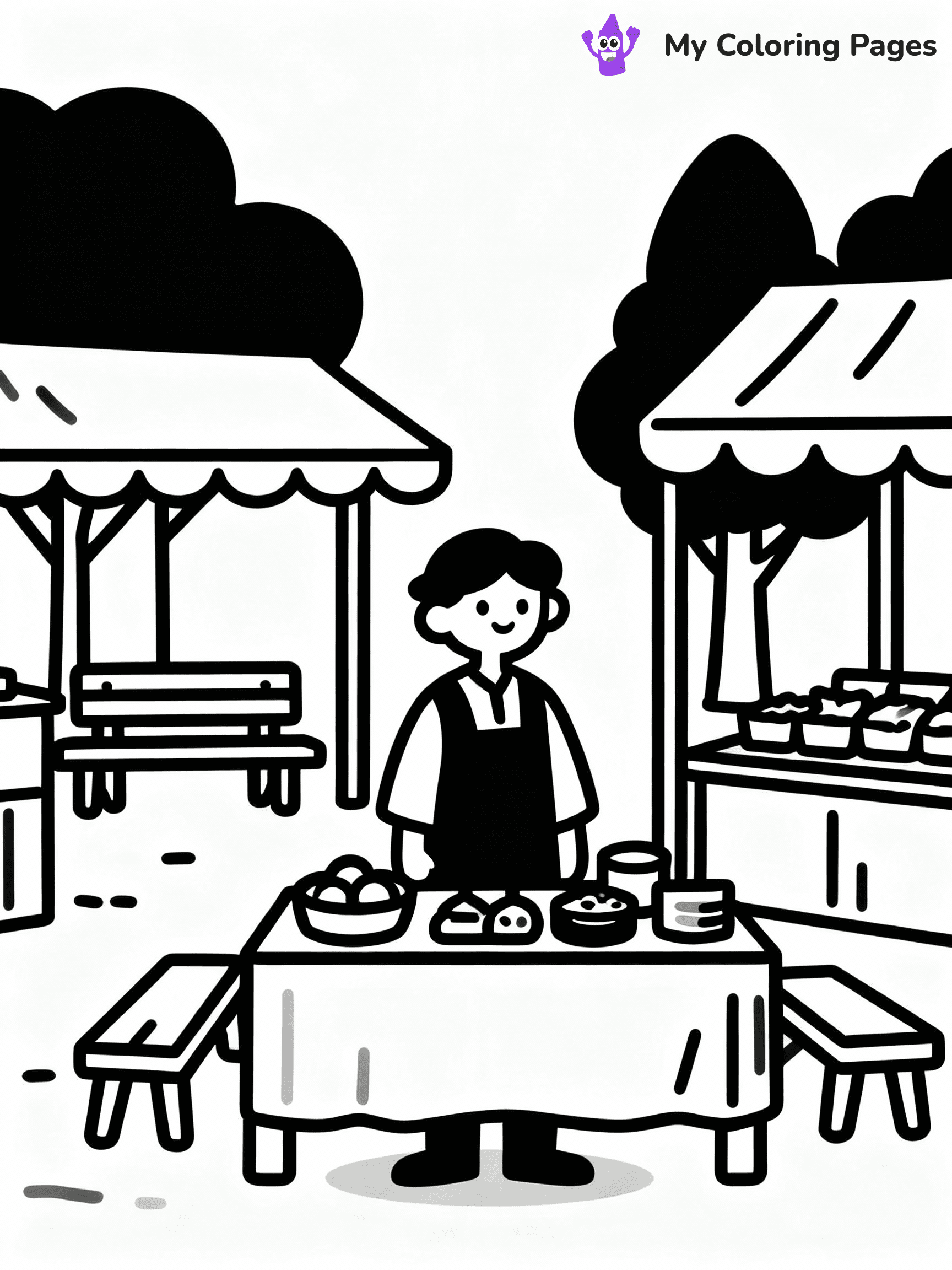 ⚠️ CRITICAL REQUIREMENT - ABSOLUTE BLACK AND WHITE ONLY ⚠️
This MUST be a BLACK AND WHITE line drawing ONLY. NO COLORS whatsoever.
- ONLY pure black lines (#000000) on pure white background (#FFFFFF)
- ABSOLUTELY NO colors, NO shading, NO gradients, NO grayscale
- If there are ANY colors in the output, the image is REJECTED
- This is a COLORING PAGE - meant to be COLORED IN by children
- The output must be UNCOLORED line art ready for coloring
⚠️ SUBJECT TO DRAW: Villager trading items at a marketplace. PURE OUTLINES. NO FILLS, COLOR, SHADING, OR GREYSCALE. WHITE BACKGROUND.
(REMEMBER: Output must be BLACK AND WHITE line art only, NOT colored!)
# Flat, Friendly Cartoon Line-Art Coloring Page
You are generating a **pure black-and-white binary image** of a child-friendly cartoon scene combining characters and background scenery in one cohesive composition.
## Rendering Rules (Strict)
- Only two colors: pure black (#000000) outlines and pure white (#FFFFFF) background.
- No grayscale, shading, gradients, tints, fills, transparency, or partial pixels.
- No antialiasing or blended edges; every pixel is 100% black or white.
- No solid black fills inside shapes — all areas inside outlines must remain white.
- No dark clothing areas or filled tone blocks; all garments outlined only.
- No shadows, textures, lighting, or tonal variations.
- Must look like flat binary vector line-art for coloring pages.
## Drawing & Composition
- **Medium, consistent line weight**; clean closed outlines easy to color inside.
- **Flat, simple, child-friendly design** — no realism or 3D depth.
- Characters are **grounded on a surface**, centered and large.
- **Balanced composition** with clear silhouettes and minimal props.
## Scenery & Style
- Landmarks (e.g., mosque, CN Tower) and scenery (trees, benches, waves) drawn with **black outlines only.**
- For real-world figures, teams, or places, show accurate details using only black outlines—no text or logos. Use distinctive uniform patterns, abstract symbols, and landmark silhouettes to convey identity.
- Keep **consistent perspective**; no floating elements.
- **Style:** whimsical **Doodle Art Alley** — rounded, friendly outlines.
- May adapt shapes from **Crayola, Disney, Peppa Pig, Cocomelon** — *by shape only, never color.*
- Final output: **flat, crisp, binary (#000000/#FFFFFF)**, **no filled color or background text.**
EXTREMELYE IMPORTANT:
- PURE BINARY LINE-ART; NO FILLS (HAIR/CLOTHES/SKIN), SHADING, OR GREY.
- NO SHADING, COLOR. MUST BE WHITE BACKGROUND.
⚠️ FINAL REMINDER: Draw the subject "Villager trading items at a marketplace. PURE OUTLINES. NO FILLS, COLOR, SHADING, OR GREYSCALE. WHITE BACKGROUND." as BLACK AND WHITE line art. Zero colors in output.