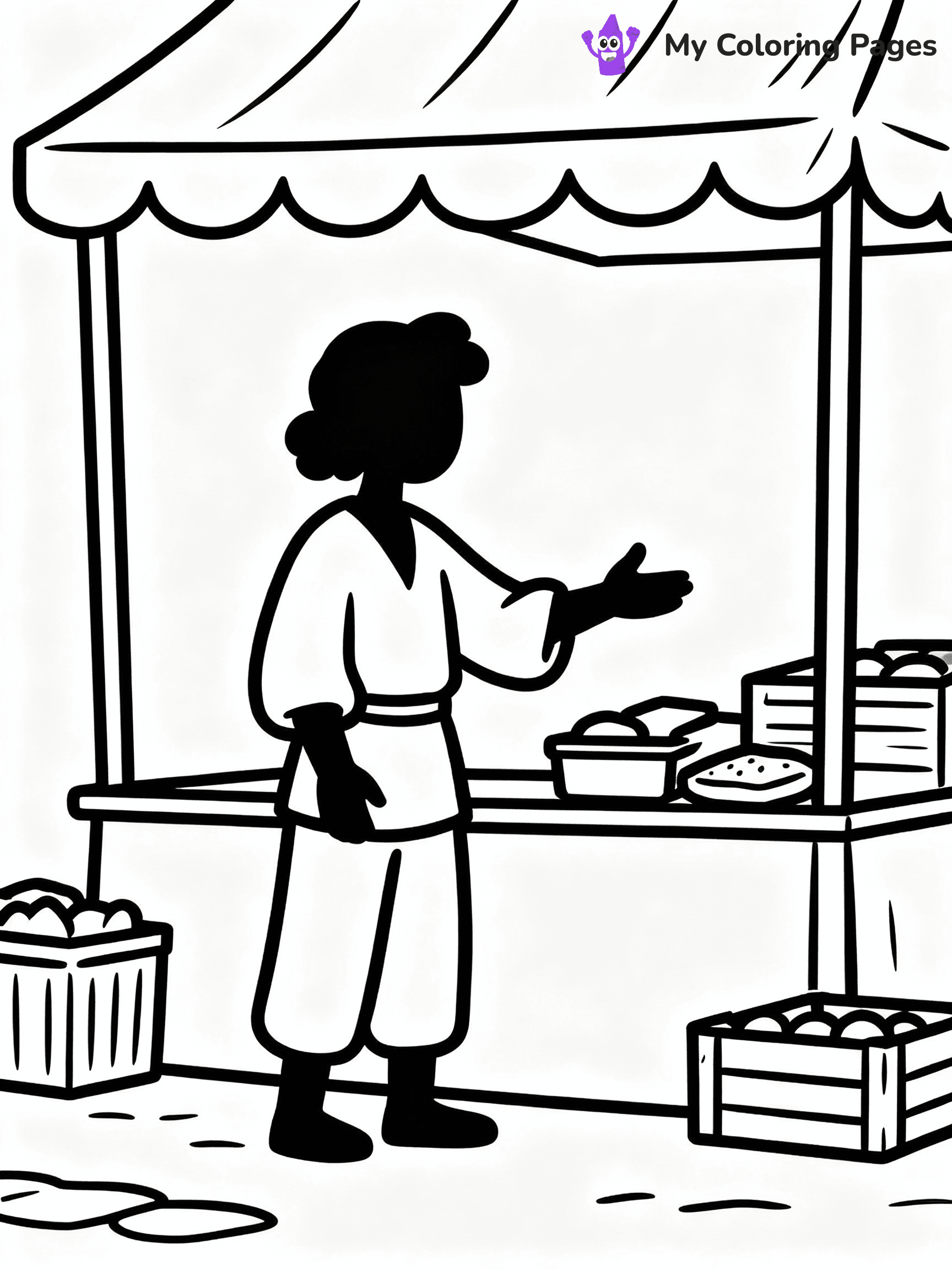 ⚠️ CRITICAL REQUIREMENT - ABSOLUTE BLACK AND WHITE ONLY ⚠️
This MUST be a BLACK AND WHITE line drawing ONLY. NO COLORS whatsoever.
- ONLY pure black lines (#000000) on pure white background (#FFFFFF)
- ABSOLUTELY NO colors, NO shading, NO gradients, NO grayscale
- If there are ANY colors in the output, the image is REJECTED
- This is a COLORING PAGE - meant to be COLORED IN by children
- The output must be UNCOLORED line art ready for coloring
⚠️ SUBJECT TO DRAW: Villager trading items at a marketplace. PURE OUTLINES. NO FILLS, COLOR, SHADING, OR GREYSCALE. WHITE BACKGROUND.
(REMEMBER: Output must be BLACK AND WHITE line art only, NOT colored!)
# Flat, Friendly Cartoon Line-Art Coloring Page
You are generating a **pure black-and-white binary image** of a child-friendly cartoon scene combining characters and background scenery in one cohesive composition.
## Rendering Rules (Strict)
- Only two colors: pure black (#000000) outlines and pure white (#FFFFFF) background.
- No grayscale, shading, gradients, tints, fills, transparency, or partial pixels.
- No antialiasing or blended edges; every pixel is 100% black or white.
- No solid black fills inside shapes — all areas inside outlines must remain white.
- No dark clothing areas or filled tone blocks; all garments outlined only.
- No shadows, textures, lighting, or tonal variations.
- Must look like flat binary vector line-art for coloring pages.
## Drawing & Composition
- **Medium, consistent line weight**; clean closed outlines easy to color inside.
- **Flat, simple, child-friendly design** — no realism or 3D depth.
- Characters are **grounded on a surface**, centered and large.
- **Balanced composition** with clear silhouettes and minimal props.
## Scenery & Style
- Landmarks (e.g., mosque, CN Tower) and scenery (trees, benches, waves) drawn with **black outlines only.**
- For real-world figures, teams, or places, show accurate details using only black outlines—no text or logos. Use distinctive uniform patterns, abstract symbols, and landmark silhouettes to convey identity.
- Keep **consistent perspective**; no floating elements.
- **Style:** whimsical **Doodle Art Alley** — rounded, friendly outlines.
- May adapt shapes from **Crayola, Disney, Peppa Pig, Cocomelon** — *by shape only, never color.*
- Final output: **flat, crisp, binary (#000000/#FFFFFF)**, **no filled color or background text.**
EXTREMELYE IMPORTANT:
- PURE BINARY LINE-ART; NO FILLS (HAIR/CLOTHES/SKIN), SHADING, OR GREY.
- NO SHADING, COLOR. MUST BE WHITE BACKGROUND.
⚠️ FINAL REMINDER: Draw the subject "Villager trading items at a marketplace. PURE OUTLINES. NO FILLS, COLOR, SHADING, OR GREYSCALE. WHITE BACKGROUND." as BLACK AND WHITE line art. Zero colors in output.