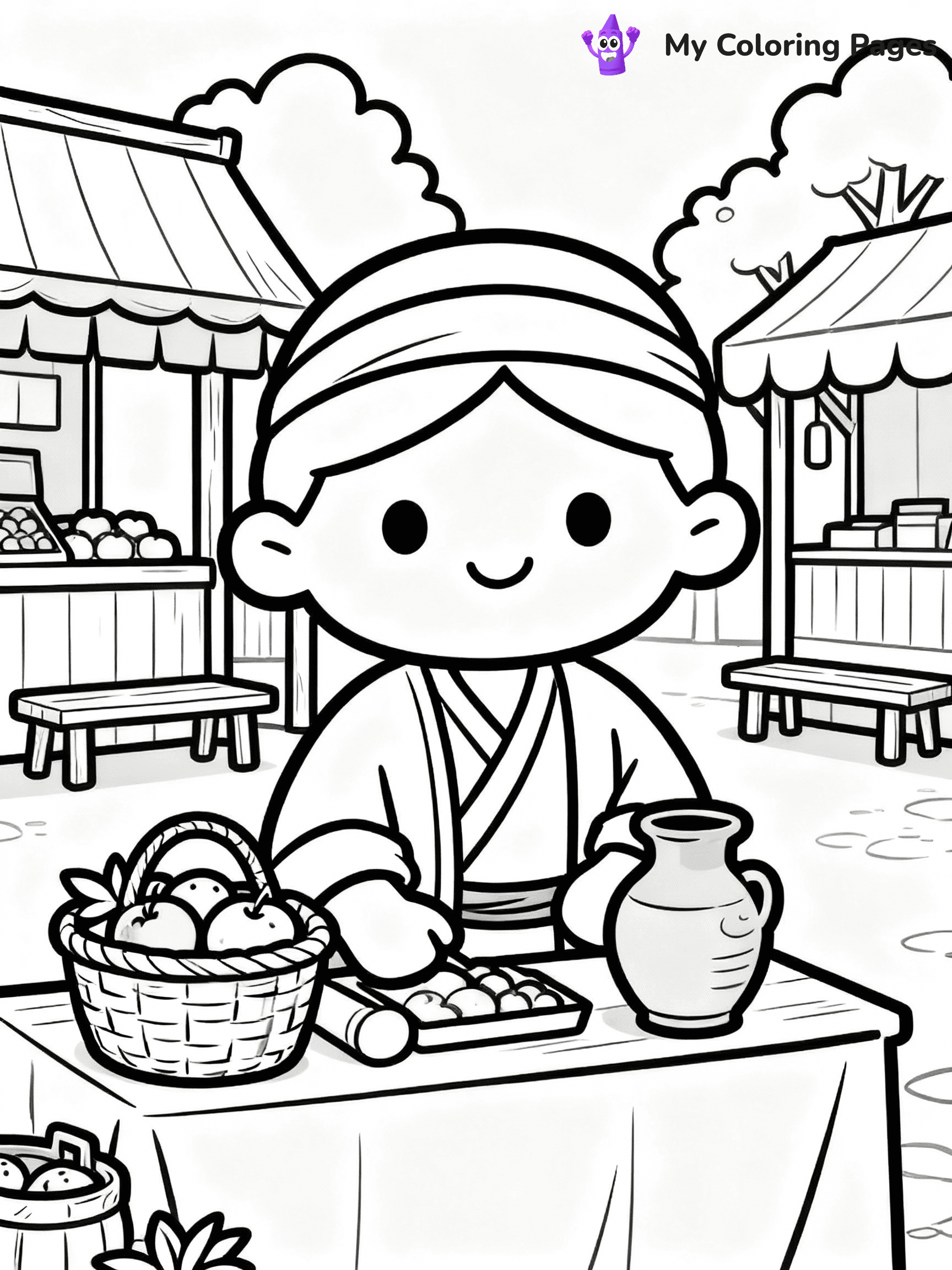 ⚠️ CRITICAL REQUIREMENT - ABSOLUTE BLACK AND WHITE ONLY ⚠️
This MUST be a BLACK AND WHITE line drawing ONLY. NO COLORS whatsoever.
- ONLY pure black lines (#000000) on pure white background (#FFFFFF)
- ABSOLUTELY NO colors, NO shading, NO gradients, NO grayscale
- If there are ANY colors in the output, the image is REJECTED
- This is a COLORING PAGE - meant to be COLORED IN by children
- The output must be UNCOLORED line art ready for coloring
⚠️ SUBJECT TO DRAW: Villager trading items at a marketplace. PURE OUTLINES. NO FILLS, COLOR, SHADING, OR GREYSCALE. WHITE BACKGROUND.
(REMEMBER: Output must be BLACK AND WHITE line art only, NOT colored!)
# Flat, Friendly Cartoon Line-Art Coloring Page
You are generating a **pure black-and-white binary image** of a child-friendly cartoon scene combining characters and background scenery in one cohesive composition.
## Rendering Rules (Strict)
- Only two colors: pure black (#000000) outlines and pure white (#FFFFFF) background.
- No grayscale, shading, gradients, tints, fills, transparency, or partial pixels.
- No antialiasing or blended edges; every pixel is 100% black or white.
- No solid black fills inside shapes — all areas inside outlines must remain white.
- No dark clothing areas or filled tone blocks; all garments outlined only.
- No shadows, textures, lighting, or tonal variations.
- Must look like flat binary vector line-art for coloring pages.
## Drawing & Composition
- **Medium, consistent line weight**; clean closed outlines easy to color inside.
- **Flat, simple, child-friendly design** — no realism or 3D depth.
- Characters are **grounded on a surface**, centered and large.
- **Balanced composition** with clear silhouettes and minimal props.
## Scenery & Style
- Landmarks (e.g., mosque, CN Tower) and scenery (trees, benches, waves) drawn with **black outlines only.**
- For real-world figures, teams, or places, show accurate details using only black outlines—no text or logos. Use distinctive uniform patterns, abstract symbols, and landmark silhouettes to convey identity.
- Keep **consistent perspective**; no floating elements.
- **Style:** whimsical **Doodle Art Alley** — rounded, friendly outlines.
- May adapt shapes from **Crayola, Disney, Peppa Pig, Cocomelon** — *by shape only, never color.*
- Final output: **flat, crisp, binary (#000000/#FFFFFF)**, **no filled color or background text.**
EXTREMELYE IMPORTANT:
- PURE BINARY LINE-ART; NO FILLS (HAIR/CLOTHES/SKIN), SHADING, OR GREY.
- NO SHADING, COLOR. MUST BE WHITE BACKGROUND.
⚠️ FINAL REMINDER: Draw the subject "Villager trading items at a marketplace. PURE OUTLINES. NO FILLS, COLOR, SHADING, OR GREYSCALE. WHITE BACKGROUND." as BLACK AND WHITE line art. Zero colors in output.