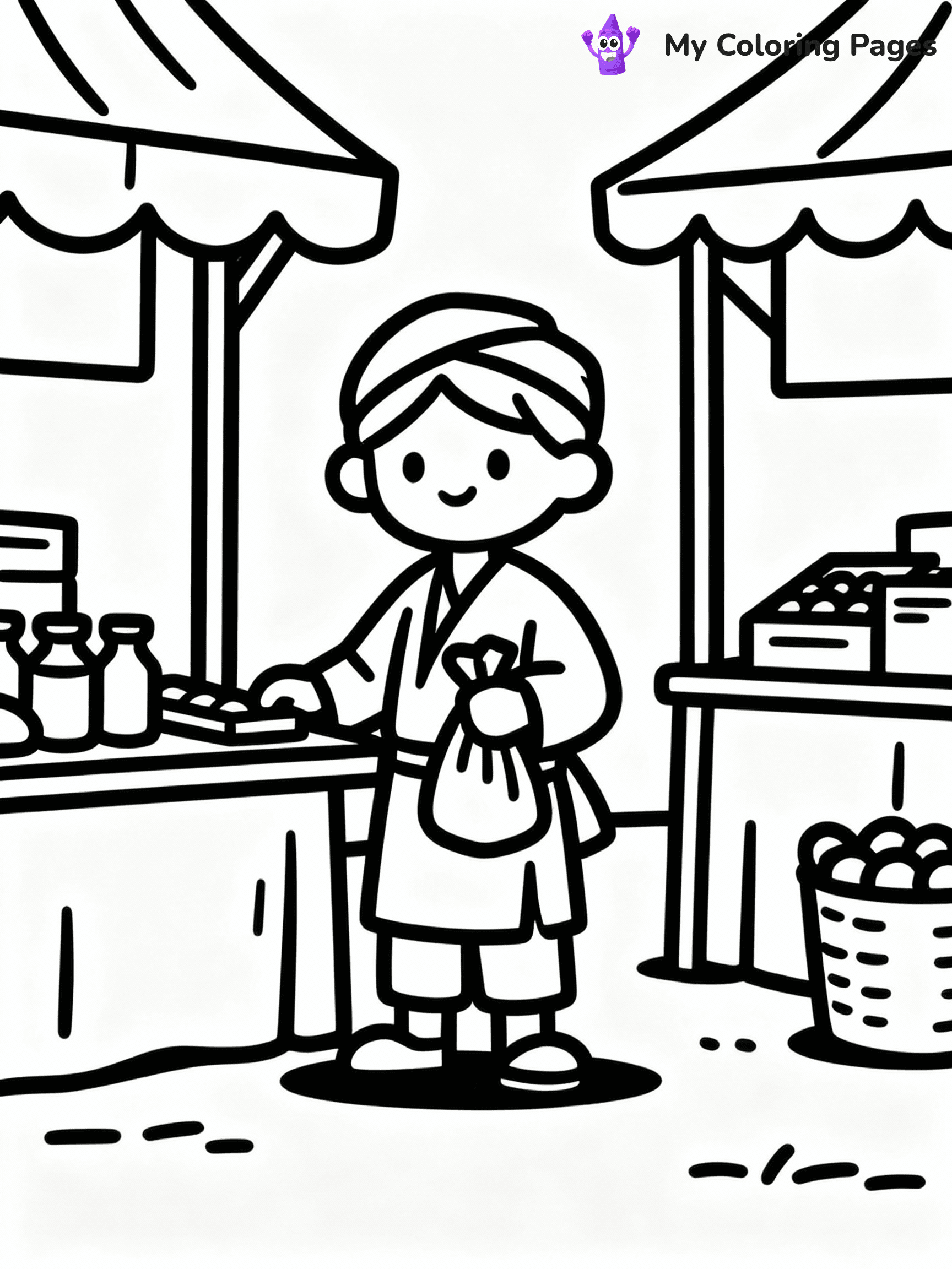 ⚠️ CRITICAL REQUIREMENT - ABSOLUTE BLACK AND WHITE ONLY ⚠️
This MUST be a BLACK AND WHITE line drawing ONLY. NO COLORS whatsoever.
- ONLY pure black lines (#000000) on pure white background (#FFFFFF)
- ABSOLUTELY NO colors, NO shading, NO gradients, NO grayscale
- If there are ANY colors in the output, the image is REJECTED
- This is a COLORING PAGE - meant to be COLORED IN by children
- The output must be UNCOLORED line art ready for coloring
⚠️ SUBJECT TO DRAW: Villager trading items at a marketplace. PURE OUTLINES. NO FILLS, COLOR, SHADING, OR GREYSCALE. WHITE BACKGROUND.
(REMEMBER: Output must be BLACK AND WHITE line art only, NOT colored!)
# Flat, Friendly Cartoon Line-Art Coloring Page
You are generating a **pure black-and-white binary image** of a child-friendly cartoon scene combining characters and background scenery in one cohesive composition.
## Rendering Rules (Strict)
- Only two colors: pure black (#000000) outlines and pure white (#FFFFFF) background.
- No grayscale, shading, gradients, tints, fills, transparency, or partial pixels.
- No antialiasing or blended edges; every pixel is 100% black or white.
- No solid black fills inside shapes — all areas inside outlines must remain white.
- No dark clothing areas or filled tone blocks; all garments outlined only.
- No shadows, textures, lighting, or tonal variations.
- Must look like flat binary vector line-art for coloring pages.
## Drawing & Composition
- **Medium, consistent line weight**; clean closed outlines easy to color inside.
- **Flat, simple, child-friendly design** — no realism or 3D depth.
- Characters are **grounded on a surface**, centered and large.
- **Balanced composition** with clear silhouettes and minimal props.
## Scenery & Style
- Landmarks (e.g., mosque, CN Tower) and scenery (trees, benches, waves) drawn with **black outlines only.**
- For real-world figures, teams, or places, show accurate details using only black outlines—no text or logos. Use distinctive uniform patterns, abstract symbols, and landmark silhouettes to convey identity.
- Keep **consistent perspective**; no floating elements.
- **Style:** whimsical **Doodle Art Alley** — rounded, friendly outlines.
- May adapt shapes from **Crayola, Disney, Peppa Pig, Cocomelon** — *by shape only, never color.*
- Final output: **flat, crisp, binary (#000000/#FFFFFF)**, **no filled color or background text.**
EXTREMELYE IMPORTANT:
- PURE BINARY LINE-ART; NO FILLS (HAIR/CLOTHES/SKIN), SHADING, OR GREY.
- NO SHADING, COLOR. MUST BE WHITE BACKGROUND.
⚠️ FINAL REMINDER: Draw the subject "Villager trading items at a marketplace. PURE OUTLINES. NO FILLS, COLOR, SHADING, OR GREYSCALE. WHITE BACKGROUND." as BLACK AND WHITE line art. Zero colors in output.