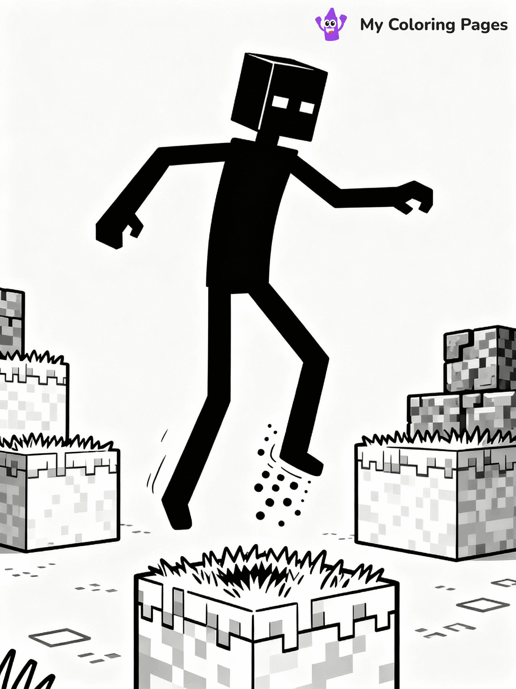 ⚠️ CRITICAL REQUIREMENT - ABSOLUTE BLACK AND WHITE ONLY ⚠️
This MUST be a BLACK AND WHITE line drawing ONLY. NO COLORS whatsoever.
- ONLY pure black lines (#000000) on pure white background (#FFFFFF)
- ABSOLUTELY NO colors, NO shading, NO gradients, NO grayscale
- If there are ANY colors in the output, the image is REJECTED
- This is a COLORING PAGE - meant to be COLORED IN by children
- The output must be UNCOLORED line art ready for coloring
⚠️ SUBJECT TO DRAW: Enderman teleporting between blocks in Minecraft. PURE OUTLINES. NO FILLS, COLOR, SHADING, OR GREYSCALE. WHITE BACKGROUND.
(REMEMBER: Output must be BLACK AND WHITE line art only, NOT colored!)
# Flat, Friendly Cartoon Line-Art Coloring Page
You are generating a **pure black-and-white binary image** of a child-friendly cartoon scene combining characters and background scenery in one cohesive composition.
## Rendering Rules (Strict)
- Only two colors: pure black (#000000) outlines and pure white (#FFFFFF) background.
- No grayscale, shading, gradients, tints, fills, transparency, or partial pixels.
- No antialiasing or blended edges; every pixel is 100% black or white.
- No solid black fills inside shapes — all areas inside outlines must remain white.
- No dark clothing areas or filled tone blocks; all garments outlined only.
- No shadows, textures, lighting, or tonal variations.
- Must look like flat binary vector line-art for coloring pages.
## Drawing & Composition
- **Medium, consistent line weight**; clean closed outlines easy to color inside.
- **Flat, simple, child-friendly design** — no realism or 3D depth.
- Characters are **grounded on a surface**, centered and large.
- **Balanced composition** with clear silhouettes and minimal props.
## Scenery & Style
- Landmarks (e.g., mosque, CN Tower) and scenery (trees, benches, waves) drawn with **black outlines only.**
- For real-world figures, teams, or places, show accurate details using only black outlines—no text or logos. Use distinctive uniform patterns, abstract symbols, and landmark silhouettes to convey identity.
- Keep **consistent perspective**; no floating elements.
- **Style:** whimsical **Doodle Art Alley** — rounded, friendly outlines.
- May adapt shapes from **Crayola, Disney, Peppa Pig, Cocomelon** — *by shape only, never color.*
- Final output: **flat, crisp, binary (#000000/#FFFFFF)**, **no filled color or background text.**
EXTREMELYE IMPORTANT:
- PURE BINARY LINE-ART; NO FILLS (HAIR/CLOTHES/SKIN), SHADING, OR GREY.
- NO SHADING, COLOR. MUST BE WHITE BACKGROUND.
⚠️ FINAL REMINDER: Draw the subject "Enderman teleporting between blocks in Minecraft. PURE OUTLINES. NO FILLS, COLOR, SHADING, OR GREYSCALE. WHITE BACKGROUND." as BLACK AND WHITE line art. Zero colors in output.