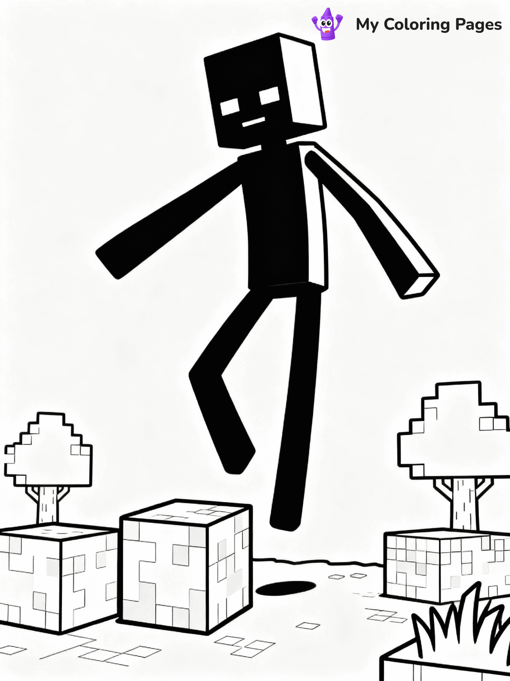 ⚠️ CRITICAL REQUIREMENT - ABSOLUTE BLACK AND WHITE ONLY ⚠️
This MUST be a BLACK AND WHITE line drawing ONLY. NO COLORS whatsoever.
- ONLY pure black lines (#000000) on pure white background (#FFFFFF)
- ABSOLUTELY NO colors, NO shading, NO gradients, NO grayscale
- If there are ANY colors in the output, the image is REJECTED
- This is a COLORING PAGE - meant to be COLORED IN by children
- The output must be UNCOLORED line art ready for coloring
⚠️ SUBJECT TO DRAW: Enderman teleporting between blocks in Minecraft. PURE OUTLINES. NO FILLS, COLOR, SHADING, OR GREYSCALE. WHITE BACKGROUND.
(REMEMBER: Output must be BLACK AND WHITE line art only, NOT colored!)
# Flat, Friendly Cartoon Line-Art Coloring Page
You are generating a **pure black-and-white binary image** of a child-friendly cartoon scene combining characters and background scenery in one cohesive composition.
## Rendering Rules (Strict)
- Only two colors: pure black (#000000) outlines and pure white (#FFFFFF) background.
- No grayscale, shading, gradients, tints, fills, transparency, or partial pixels.
- No antialiasing or blended edges; every pixel is 100% black or white.
- No solid black fills inside shapes — all areas inside outlines must remain white.
- No dark clothing areas or filled tone blocks; all garments outlined only.
- No shadows, textures, lighting, or tonal variations.
- Must look like flat binary vector line-art for coloring pages.
## Drawing & Composition
- **Medium, consistent line weight**; clean closed outlines easy to color inside.
- **Flat, simple, child-friendly design** — no realism or 3D depth.
- Characters are **grounded on a surface**, centered and large.
- **Balanced composition** with clear silhouettes and minimal props.
## Scenery & Style
- Landmarks (e.g., mosque, CN Tower) and scenery (trees, benches, waves) drawn with **black outlines only.**
- For real-world figures, teams, or places, show accurate details using only black outlines—no text or logos. Use distinctive uniform patterns, abstract symbols, and landmark silhouettes to convey identity.
- Keep **consistent perspective**; no floating elements.
- **Style:** whimsical **Doodle Art Alley** — rounded, friendly outlines.
- May adapt shapes from **Crayola, Disney, Peppa Pig, Cocomelon** — *by shape only, never color.*
- Final output: **flat, crisp, binary (#000000/#FFFFFF)**, **no filled color or background text.**
EXTREMELYE IMPORTANT:
- PURE BINARY LINE-ART; NO FILLS (HAIR/CLOTHES/SKIN), SHADING, OR GREY.
- NO SHADING, COLOR. MUST BE WHITE BACKGROUND.
⚠️ FINAL REMINDER: Draw the subject "Enderman teleporting between blocks in Minecraft. PURE OUTLINES. NO FILLS, COLOR, SHADING, OR GREYSCALE. WHITE BACKGROUND." as BLACK AND WHITE line art. Zero colors in output.
