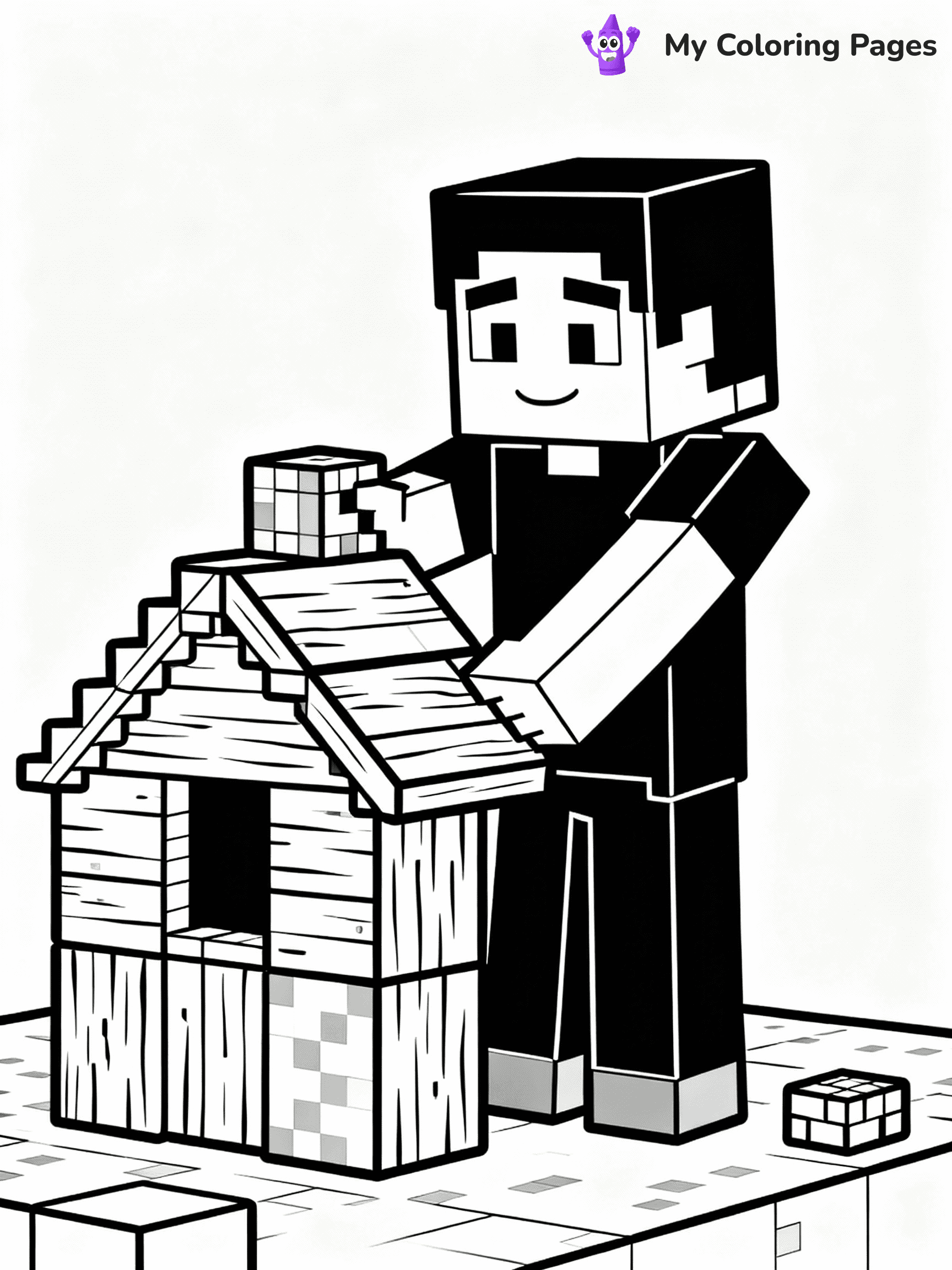 ⚠️ CRITICAL REQUIREMENT - ABSOLUTE BLACK AND WHITE ONLY ⚠️
This MUST be a BLACK AND WHITE line drawing ONLY. NO COLORS whatsoever.
- ONLY pure black lines (#000000) on pure white background (#FFFFFF)
- ABSOLUTELY NO colors, NO shading, NO gradients, NO grayscale
- If there are ANY colors in the output, the image is REJECTED
- This is a COLORING PAGE - meant to be COLORED IN by children
- The output must be UNCOLORED line art ready for coloring
⚠️ SUBJECT TO DRAW: Steve building a house from wooden blocks in Minecraft. PURE OUTLINES. NO FILLS, COLOR, SHADING, OR GREYSCALE. WHITE BACKGROUND.
(REMEMBER: Output must be BLACK AND WHITE line art only, NOT colored!)
# Flat, Friendly Cartoon Line-Art Coloring Page
You are generating a **pure black-and-white binary image** of a child-friendly cartoon scene combining characters and background scenery in one cohesive composition.
## Rendering Rules (Strict)
- Only two colors: pure black (#000000) outlines and pure white (#FFFFFF) background.
- No grayscale, shading, gradients, tints, fills, transparency, or partial pixels.
- No antialiasing or blended edges; every pixel is 100% black or white.
- No solid black fills inside shapes — all areas inside outlines must remain white.
- No dark clothing areas or filled tone blocks; all garments outlined only.
- No shadows, textures, lighting, or tonal variations.
- Must look like flat binary vector line-art for coloring pages.
## Drawing & Composition
- **Medium, consistent line weight**; clean closed outlines easy to color inside.
- **Flat, simple, child-friendly design** — no realism or 3D depth.
- Characters are **grounded on a surface**, centered and large.
- **Balanced composition** with clear silhouettes and minimal props.
## Scenery & Style
- Landmarks (e.g., mosque, CN Tower) and scenery (trees, benches, waves) drawn with **black outlines only.**
- For real-world figures, teams, or places, show accurate details using only black outlines—no text or logos. Use distinctive uniform patterns, abstract symbols, and landmark silhouettes to convey identity.
- Keep **consistent perspective**; no floating elements.
- **Style:** whimsical **Doodle Art Alley** — rounded, friendly outlines.
- May adapt shapes from **Crayola, Disney, Peppa Pig, Cocomelon** — *by shape only, never color.*
- Final output: **flat, crisp, binary (#000000/#FFFFFF)**, **no filled color or background text.**
EXTREMELYE IMPORTANT:
- PURE BINARY LINE-ART; NO FILLS (HAIR/CLOTHES/SKIN), SHADING, OR GREY.
- NO SHADING, COLOR. MUST BE WHITE BACKGROUND.
⚠️ FINAL REMINDER: Draw the subject "Steve building a house from wooden blocks in Minecraft. PURE OUTLINES. NO FILLS, COLOR, SHADING, OR GREYSCALE. WHITE BACKGROUND." as BLACK AND WHITE line art. Zero colors in output.