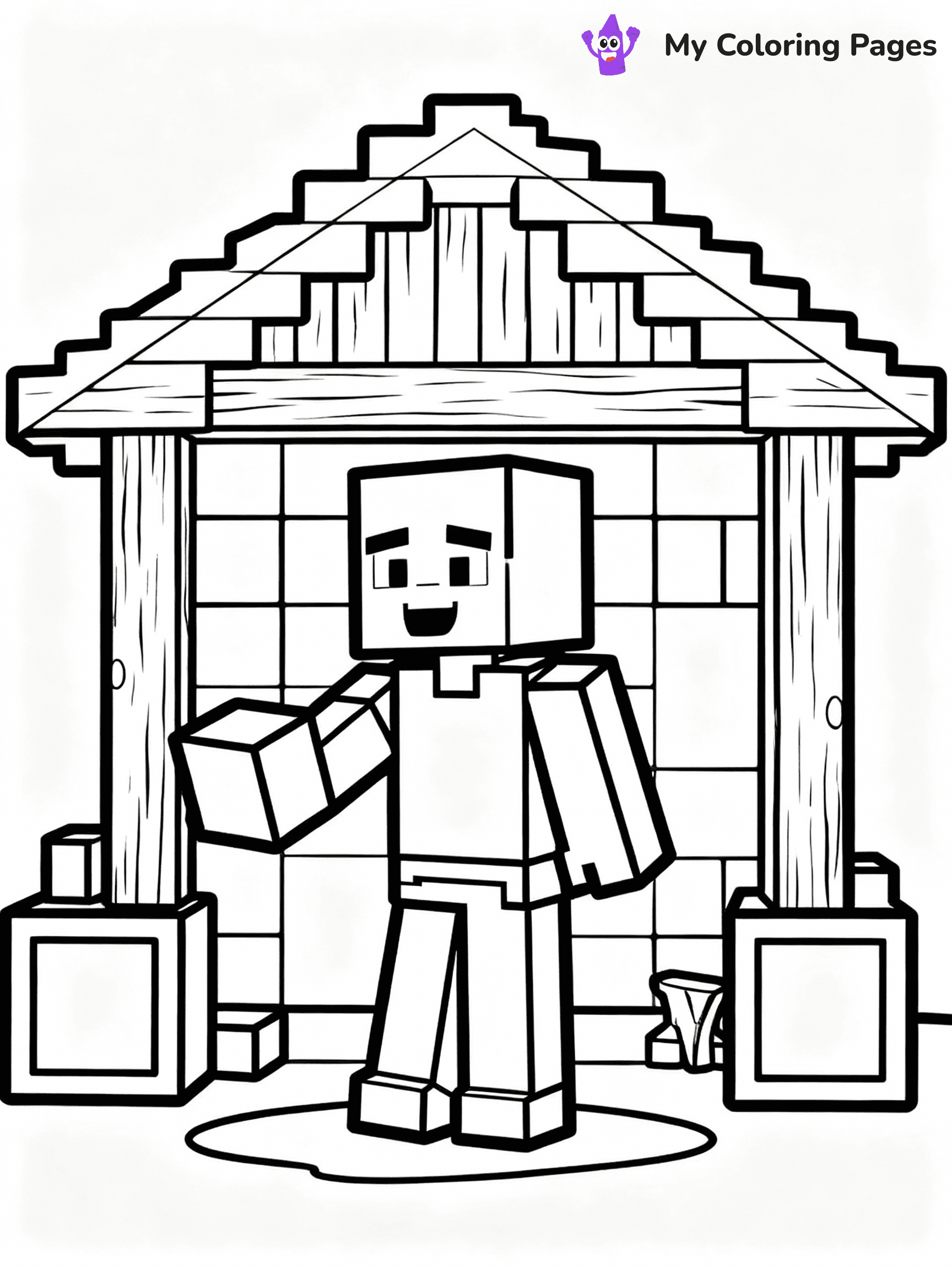 ⚠️ CRITICAL REQUIREMENT - ABSOLUTE BLACK AND WHITE ONLY ⚠️
This MUST be a BLACK AND WHITE line drawing ONLY. NO COLORS whatsoever.
- ONLY pure black lines (#000000) on pure white background (#FFFFFF)
- ABSOLUTELY NO colors, NO shading, NO gradients, NO grayscale
- If there are ANY colors in the output, the image is REJECTED
- This is a COLORING PAGE - meant to be COLORED IN by children
- The output must be UNCOLORED line art ready for coloring
⚠️ SUBJECT TO DRAW: Steve building a house from wooden blocks in Minecraft. PURE OUTLINES. NO FILLS, COLOR, SHADING, OR GREYSCALE. WHITE BACKGROUND.
(REMEMBER: Output must be BLACK AND WHITE line art only, NOT colored!)
# Flat, Friendly Cartoon Line-Art Coloring Page
You are generating a **pure black-and-white binary image** of a child-friendly cartoon scene combining characters and background scenery in one cohesive composition.
## Rendering Rules (Strict)
- Only two colors: pure black (#000000) outlines and pure white (#FFFFFF) background.
- No grayscale, shading, gradients, tints, fills, transparency, or partial pixels.
- No antialiasing or blended edges; every pixel is 100% black or white.
- No solid black fills inside shapes — all areas inside outlines must remain white.
- No dark clothing areas or filled tone blocks; all garments outlined only.
- No shadows, textures, lighting, or tonal variations.
- Must look like flat binary vector line-art for coloring pages.
## Drawing & Composition
- **Medium, consistent line weight**; clean closed outlines easy to color inside.
- **Flat, simple, child-friendly design** — no realism or 3D depth.
- Characters are **grounded on a surface**, centered and large.
- **Balanced composition** with clear silhouettes and minimal props.
## Scenery & Style
- Landmarks (e.g., mosque, CN Tower) and scenery (trees, benches, waves) drawn with **black outlines only.**
- For real-world figures, teams, or places, show accurate details using only black outlines—no text or logos. Use distinctive uniform patterns, abstract symbols, and landmark silhouettes to convey identity.
- Keep **consistent perspective**; no floating elements.
- **Style:** whimsical **Doodle Art Alley** — rounded, friendly outlines.
- May adapt shapes from **Crayola, Disney, Peppa Pig, Cocomelon** — *by shape only, never color.*
- Final output: **flat, crisp, binary (#000000/#FFFFFF)**, **no filled color or background text.**
EXTREMELYE IMPORTANT:
- PURE BINARY LINE-ART; NO FILLS (HAIR/CLOTHES/SKIN), SHADING, OR GREY.
- NO SHADING, COLOR. MUST BE WHITE BACKGROUND.
⚠️ FINAL REMINDER: Draw the subject "Steve building a house from wooden blocks in Minecraft. PURE OUTLINES. NO FILLS, COLOR, SHADING, OR GREYSCALE. WHITE BACKGROUND." as BLACK AND WHITE line art. Zero colors in output.