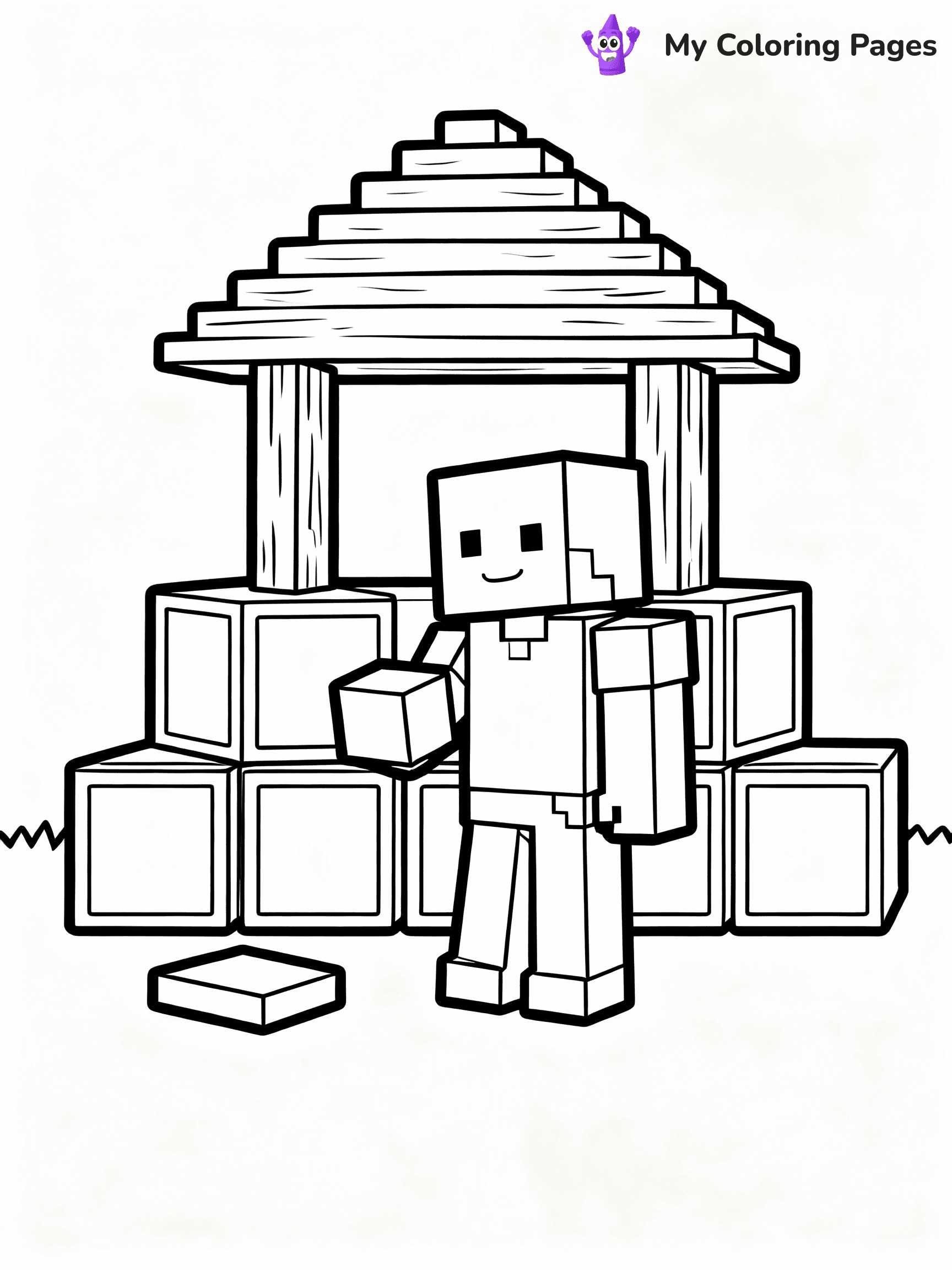 ⚠️ CRITICAL REQUIREMENT - ABSOLUTE BLACK AND WHITE ONLY ⚠️
This MUST be a BLACK AND WHITE line drawing ONLY. NO COLORS whatsoever.
- ONLY pure black lines (#000000) on pure white background (#FFFFFF)
- ABSOLUTELY NO colors, NO shading, NO gradients, NO grayscale
- If there are ANY colors in the output, the image is REJECTED
- This is a COLORING PAGE - meant to be COLORED IN by children
- The output must be UNCOLORED line art ready for coloring
⚠️ SUBJECT TO DRAW: Steve building a house from wooden blocks in Minecraft. PURE OUTLINES. NO FILLS, COLOR, SHADING, OR GREYSCALE. WHITE BACKGROUND.
(REMEMBER: Output must be BLACK AND WHITE line art only, NOT colored!)
# Flat, Friendly Cartoon Line-Art Coloring Page
You are generating a **pure black-and-white binary image** of a child-friendly cartoon scene combining characters and background scenery in one cohesive composition.
## Rendering Rules (Strict)
- Only two colors: pure black (#000000) outlines and pure white (#FFFFFF) background.
- No grayscale, shading, gradients, tints, fills, transparency, or partial pixels.
- No antialiasing or blended edges; every pixel is 100% black or white.
- No solid black fills inside shapes — all areas inside outlines must remain white.
- No dark clothing areas or filled tone blocks; all garments outlined only.
- No shadows, textures, lighting, or tonal variations.
- Must look like flat binary vector line-art for coloring pages.
## Drawing & Composition
- **Medium, consistent line weight**; clean closed outlines easy to color inside.
- **Flat, simple, child-friendly design** — no realism or 3D depth.
- Characters are **grounded on a surface**, centered and large.
- **Balanced composition** with clear silhouettes and minimal props.
## Scenery & Style
- Landmarks (e.g., mosque, CN Tower) and scenery (trees, benches, waves) drawn with **black outlines only.**
- For real-world figures, teams, or places, show accurate details using only black outlines—no text or logos. Use distinctive uniform patterns, abstract symbols, and landmark silhouettes to convey identity.
- Keep **consistent perspective**; no floating elements.
- **Style:** whimsical **Doodle Art Alley** — rounded, friendly outlines.
- May adapt shapes from **Crayola, Disney, Peppa Pig, Cocomelon** — *by shape only, never color.*
- Final output: **flat, crisp, binary (#000000/#FFFFFF)**, **no filled color or background text.**
EXTREMELYE IMPORTANT:
- PURE BINARY LINE-ART; NO FILLS (HAIR/CLOTHES/SKIN), SHADING, OR GREY.
- NO SHADING, COLOR. MUST BE WHITE BACKGROUND.
⚠️ FINAL REMINDER: Draw the subject "Steve building a house from wooden blocks in Minecraft. PURE OUTLINES. NO FILLS, COLOR, SHADING, OR GREYSCALE. WHITE BACKGROUND." as BLACK AND WHITE line art. Zero colors in output.