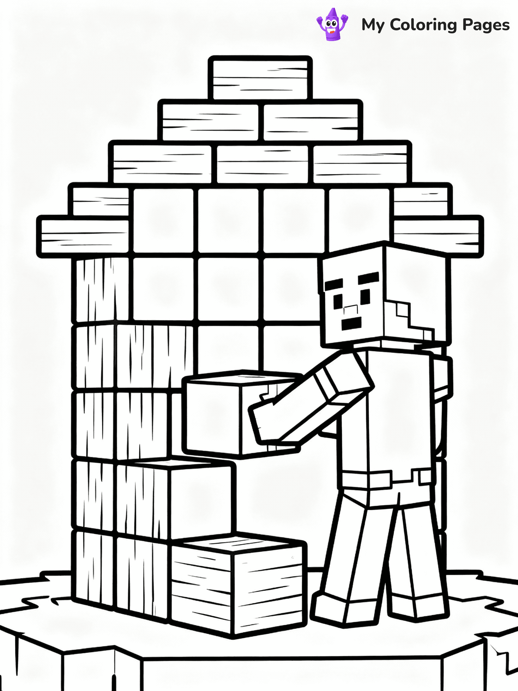 ⚠️ CRITICAL REQUIREMENT - ABSOLUTE BLACK AND WHITE ONLY ⚠️
This MUST be a BLACK AND WHITE line drawing ONLY. NO COLORS whatsoever.
- ONLY pure black lines (#000000) on pure white background (#FFFFFF)
- ABSOLUTELY NO colors, NO shading, NO gradients, NO grayscale
- If there are ANY colors in the output, the image is REJECTED
- This is a COLORING PAGE - meant to be COLORED IN by children
- The output must be UNCOLORED line art ready for coloring
⚠️ SUBJECT TO DRAW: Steve building a house from wooden blocks in Minecraft. PURE OUTLINES. NO FILLS, COLOR, SHADING, OR GREYSCALE. WHITE BACKGROUND.
(REMEMBER: Output must be BLACK AND WHITE line art only, NOT colored!)
# Flat, Friendly Cartoon Line-Art Coloring Page
You are generating a **pure black-and-white binary image** of a child-friendly cartoon scene combining characters and background scenery in one cohesive composition.
## Rendering Rules (Strict)
- Only two colors: pure black (#000000) outlines and pure white (#FFFFFF) background.
- No grayscale, shading, gradients, tints, fills, transparency, or partial pixels.
- No antialiasing or blended edges; every pixel is 100% black or white.
- No solid black fills inside shapes — all areas inside outlines must remain white.
- No dark clothing areas or filled tone blocks; all garments outlined only.
- No shadows, textures, lighting, or tonal variations.
- Must look like flat binary vector line-art for coloring pages.
## Drawing & Composition
- **Medium, consistent line weight**; clean closed outlines easy to color inside.
- **Flat, simple, child-friendly design** — no realism or 3D depth.
- Characters are **grounded on a surface**, centered and large.
- **Balanced composition** with clear silhouettes and minimal props.
## Scenery & Style
- Landmarks (e.g., mosque, CN Tower) and scenery (trees, benches, waves) drawn with **black outlines only.**
- For real-world figures, teams, or places, show accurate details using only black outlines—no text or logos. Use distinctive uniform patterns, abstract symbols, and landmark silhouettes to convey identity.
- Keep **consistent perspective**; no floating elements.
- **Style:** whimsical **Doodle Art Alley** — rounded, friendly outlines.
- May adapt shapes from **Crayola, Disney, Peppa Pig, Cocomelon** — *by shape only, never color.*
- Final output: **flat, crisp, binary (#000000/#FFFFFF)**, **no filled color or background text.**
EXTREMELYE IMPORTANT:
- PURE BINARY LINE-ART; NO FILLS (HAIR/CLOTHES/SKIN), SHADING, OR GREY.
- NO SHADING, COLOR. MUST BE WHITE BACKGROUND.
⚠️ FINAL REMINDER: Draw the subject "Steve building a house from wooden blocks in Minecraft. PURE OUTLINES. NO FILLS, COLOR, SHADING, OR GREYSCALE. WHITE BACKGROUND." as BLACK AND WHITE line art. Zero colors in output.