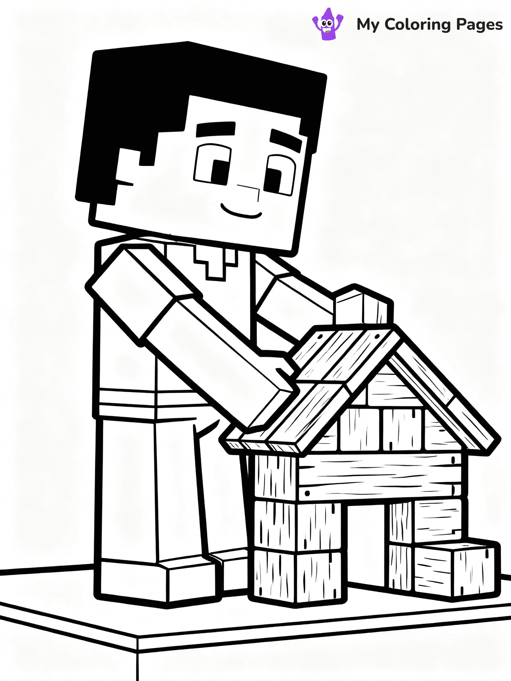 ⚠️ CRITICAL REQUIREMENT - ABSOLUTE BLACK AND WHITE ONLY ⚠️
This MUST be a BLACK AND WHITE line drawing ONLY. NO COLORS whatsoever.
- ONLY pure black lines (#000000) on pure white background (#FFFFFF)
- ABSOLUTELY NO colors, NO shading, NO gradients, NO grayscale
- If there are ANY colors in the output, the image is REJECTED
- This is a COLORING PAGE - meant to be COLORED IN by children
- The output must be UNCOLORED line art ready for coloring
⚠️ SUBJECT TO DRAW: Steve building a house from wooden blocks in Minecraft. PURE OUTLINES. NO FILLS, COLOR, SHADING, OR GREYSCALE. WHITE BACKGROUND.
(REMEMBER: Output must be BLACK AND WHITE line art only, NOT colored!)
# Flat, Friendly Cartoon Line-Art Coloring Page
You are generating a **pure black-and-white binary image** of a child-friendly cartoon scene combining characters and background scenery in one cohesive composition.
## Rendering Rules (Strict)
- Only two colors: pure black (#000000) outlines and pure white (#FFFFFF) background.
- No grayscale, shading, gradients, tints, fills, transparency, or partial pixels.
- No antialiasing or blended edges; every pixel is 100% black or white.
- No solid black fills inside shapes — all areas inside outlines must remain white.
- No dark clothing areas or filled tone blocks; all garments outlined only.
- No shadows, textures, lighting, or tonal variations.
- Must look like flat binary vector line-art for coloring pages.
## Drawing & Composition
- **Medium, consistent line weight**; clean closed outlines easy to color inside.
- **Flat, simple, child-friendly design** — no realism or 3D depth.
- Characters are **grounded on a surface**, centered and large.
- **Balanced composition** with clear silhouettes and minimal props.
## Scenery & Style
- Landmarks (e.g., mosque, CN Tower) and scenery (trees, benches, waves) drawn with **black outlines only.**
- For real-world figures, teams, or places, show accurate details using only black outlines—no text or logos. Use distinctive uniform patterns, abstract symbols, and landmark silhouettes to convey identity.
- Keep **consistent perspective**; no floating elements.
- **Style:** whimsical **Doodle Art Alley** — rounded, friendly outlines.
- May adapt shapes from **Crayola, Disney, Peppa Pig, Cocomelon** — *by shape only, never color.*
- Final output: **flat, crisp, binary (#000000/#FFFFFF)**, **no filled color or background text.**
EXTREMELYE IMPORTANT:
- PURE BINARY LINE-ART; NO FILLS (HAIR/CLOTHES/SKIN), SHADING, OR GREY.
- NO SHADING, COLOR. MUST BE WHITE BACKGROUND.
⚠️ FINAL REMINDER: Draw the subject "Steve building a house from wooden blocks in Minecraft. PURE OUTLINES. NO FILLS, COLOR, SHADING, OR GREYSCALE. WHITE BACKGROUND." as BLACK AND WHITE line art. Zero colors in output.