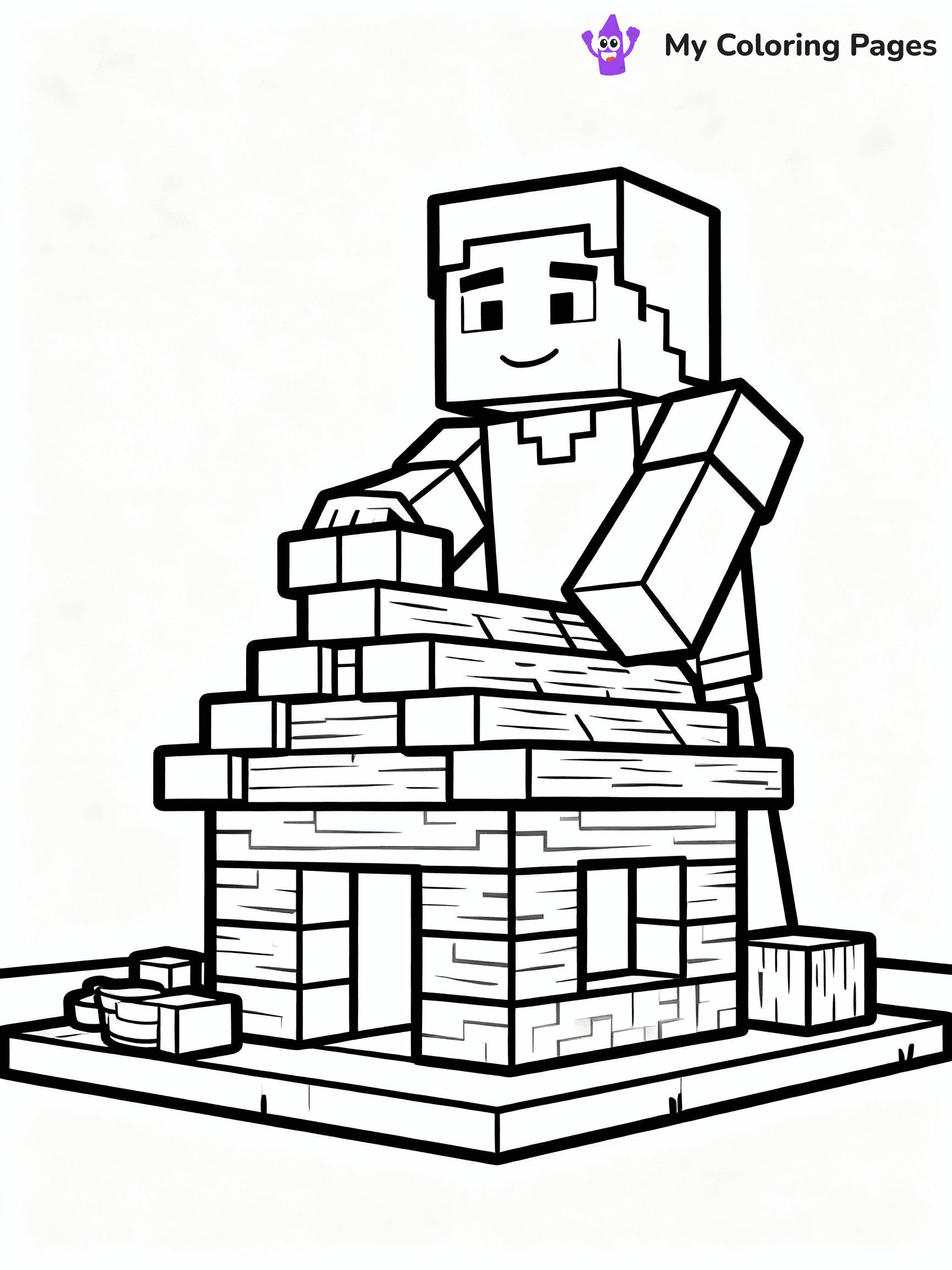 ⚠️ CRITICAL REQUIREMENT - ABSOLUTE BLACK AND WHITE ONLY ⚠️
This MUST be a BLACK AND WHITE line drawing ONLY. NO COLORS whatsoever.
- ONLY pure black lines (#000000) on pure white background (#FFFFFF)
- ABSOLUTELY NO colors, NO shading, NO gradients, NO grayscale
- If there are ANY colors in the output, the image is REJECTED
- This is a COLORING PAGE - meant to be COLORED IN by children
- The output must be UNCOLORED line art ready for coloring
⚠️ SUBJECT TO DRAW: Steve building a house from wooden blocks in Minecraft. PURE OUTLINES. NO FILLS, COLOR, SHADING, OR GREYSCALE. WHITE BACKGROUND.
(REMEMBER: Output must be BLACK AND WHITE line art only, NOT colored!)
# Flat, Friendly Cartoon Line-Art Coloring Page
You are generating a **pure black-and-white binary image** of a child-friendly cartoon scene combining characters and background scenery in one cohesive composition.
## Rendering Rules (Strict)
- Only two colors: pure black (#000000) outlines and pure white (#FFFFFF) background.
- No grayscale, shading, gradients, tints, fills, transparency, or partial pixels.
- No antialiasing or blended edges; every pixel is 100% black or white.
- No solid black fills inside shapes — all areas inside outlines must remain white.
- No dark clothing areas or filled tone blocks; all garments outlined only.
- No shadows, textures, lighting, or tonal variations.
- Must look like flat binary vector line-art for coloring pages.
## Drawing & Composition
- **Medium, consistent line weight**; clean closed outlines easy to color inside.
- **Flat, simple, child-friendly design** — no realism or 3D depth.
- Characters are **grounded on a surface**, centered and large.
- **Balanced composition** with clear silhouettes and minimal props.
## Scenery & Style
- Landmarks (e.g., mosque, CN Tower) and scenery (trees, benches, waves) drawn with **black outlines only.**
- For real-world figures, teams, or places, show accurate details using only black outlines—no text or logos. Use distinctive uniform patterns, abstract symbols, and landmark silhouettes to convey identity.
- Keep **consistent perspective**; no floating elements.
- **Style:** whimsical **Doodle Art Alley** — rounded, friendly outlines.
- May adapt shapes from **Crayola, Disney, Peppa Pig, Cocomelon** — *by shape only, never color.*
- Final output: **flat, crisp, binary (#000000/#FFFFFF)**, **no filled color or background text.**
EXTREMELYE IMPORTANT:
- PURE BINARY LINE-ART; NO FILLS (HAIR/CLOTHES/SKIN), SHADING, OR GREY.
- NO SHADING, COLOR. MUST BE WHITE BACKGROUND.
⚠️ FINAL REMINDER: Draw the subject "Steve building a house from wooden blocks in Minecraft. PURE OUTLINES. NO FILLS, COLOR, SHADING, OR GREYSCALE. WHITE BACKGROUND." as BLACK AND WHITE line art. Zero colors in output.