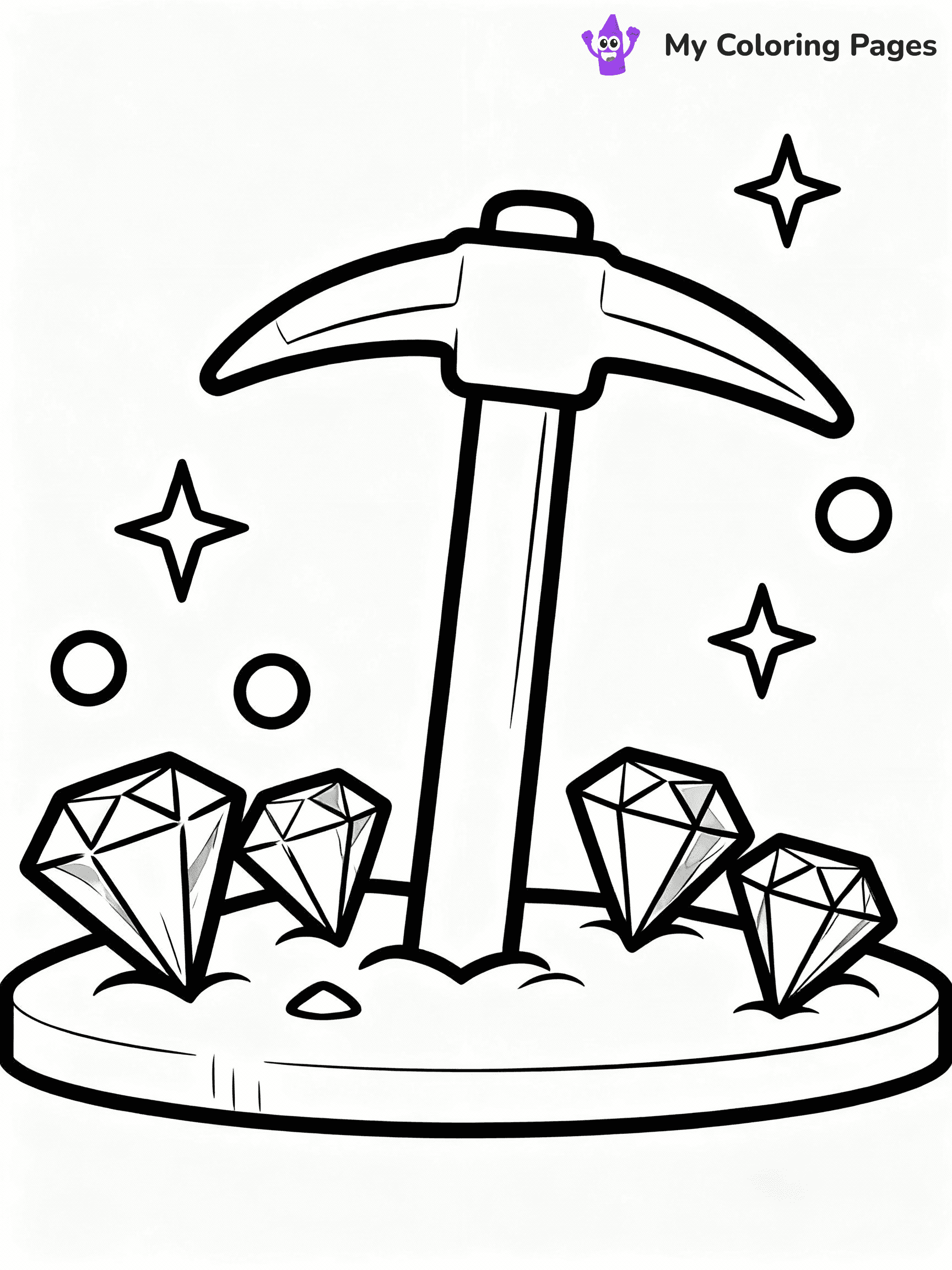 ⚠️ CRITICAL REQUIREMENT - ABSOLUTE BLACK AND WHITE ONLY ⚠️
This MUST be a BLACK AND WHITE line drawing ONLY. NO COLORS whatsoever.
- ONLY pure black lines (#000000) on pure white background (#FFFFFF)
- ABSOLUTELY NO colors, NO shading, NO gradients, NO grayscale
- If there are ANY colors in the output, the image is REJECTED
- This is a COLORING PAGE - meant to be COLORED IN by children
- The output must be UNCOLORED line art ready for coloring
⚠️ SUBJECT TO DRAW: Diamond pickaxe surrounded by sparkling gems in Minecraft. PURE OUTLINES. NO FILLS, COLOR, SHADING, OR GREYSCALE. WHITE BACKGROUND.
(REMEMBER: Output must be BLACK AND WHITE line art only, NOT colored!)
# Flat, Friendly Cartoon Line-Art Coloring Page
You are generating a **pure black-and-white binary image** of a child-friendly cartoon scene combining characters and background scenery in one cohesive composition.
## Rendering Rules (Strict)
- Only two colors: pure black (#000000) outlines and pure white (#FFFFFF) background.
- No grayscale, shading, gradients, tints, fills, transparency, or partial pixels.
- No antialiasing or blended edges; every pixel is 100% black or white.
- No solid black fills inside shapes — all areas inside outlines must remain white.
- No dark clothing areas or filled tone blocks; all garments outlined only.
- No shadows, textures, lighting, or tonal variations.
- Must look like flat binary vector line-art for coloring pages.
## Drawing & Composition
- **Medium, consistent line weight**; clean closed outlines easy to color inside.
- **Flat, simple, child-friendly design** — no realism or 3D depth.
- Characters are **grounded on a surface**, centered and large.
- **Balanced composition** with clear silhouettes and minimal props.
## Scenery & Style
- Landmarks (e.g., mosque, CN Tower) and scenery (trees, benches, waves) drawn with **black outlines only.**
- For real-world figures, teams, or places, show accurate details using only black outlines—no text or logos. Use distinctive uniform patterns, abstract symbols, and landmark silhouettes to convey identity.
- Keep **consistent perspective**; no floating elements.
- **Style:** whimsical **Doodle Art Alley** — rounded, friendly outlines.
- May adapt shapes from **Crayola, Disney, Peppa Pig, Cocomelon** — *by shape only, never color.*
- Final output: **flat, crisp, binary (#000000/#FFFFFF)**, **no filled color or background text.**
EXTREMELYE IMPORTANT:
- PURE BINARY LINE-ART; NO FILLS (HAIR/CLOTHES/SKIN), SHADING, OR GREY.
- NO SHADING, COLOR. MUST BE WHITE BACKGROUND.
⚠️ FINAL REMINDER: Draw the subject "Diamond pickaxe surrounded by sparkling gems in Minecraft. PURE OUTLINES. NO FILLS, COLOR, SHADING, OR GREYSCALE. WHITE BACKGROUND." as BLACK AND WHITE line art. Zero colors in output.