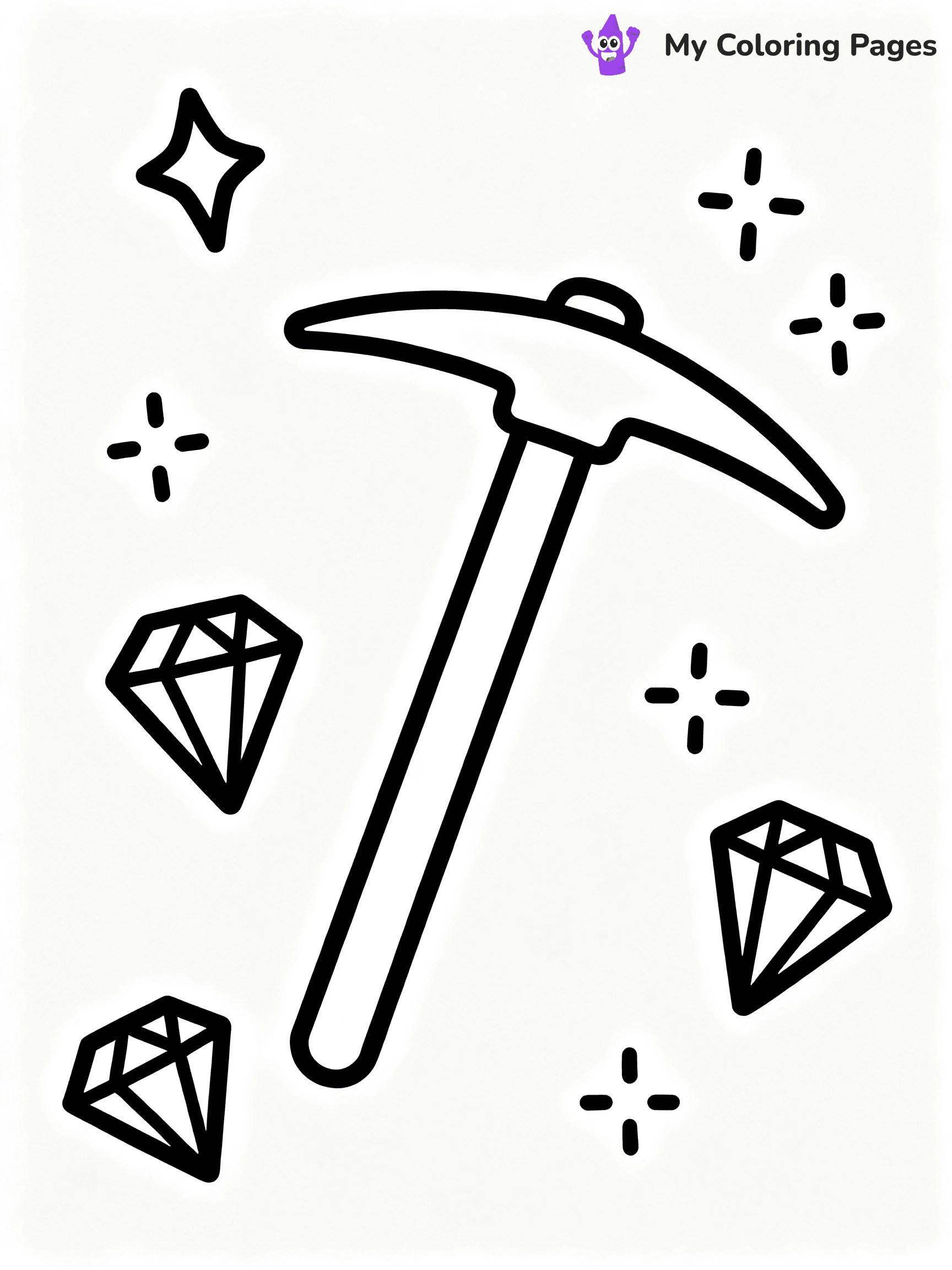 ⚠️ CRITICAL REQUIREMENT - ABSOLUTE BLACK AND WHITE ONLY ⚠️
This MUST be a BLACK AND WHITE line drawing ONLY. NO COLORS whatsoever.
- ONLY pure black lines (#000000) on pure white background (#FFFFFF)
- ABSOLUTELY NO colors, NO shading, NO gradients, NO grayscale
- If there are ANY colors in the output, the image is REJECTED
- This is a COLORING PAGE - meant to be COLORED IN by children
- The output must be UNCOLORED line art ready for coloring
⚠️ SUBJECT TO DRAW: Diamond pickaxe surrounded by sparkling gems in Minecraft. PURE OUTLINES. NO FILLS, COLOR, SHADING, OR GREYSCALE. WHITE BACKGROUND.
(REMEMBER: Output must be BLACK AND WHITE line art only, NOT colored!)
# Flat, Friendly Cartoon Line-Art Coloring Page
You are generating a **pure black-and-white binary image** of a child-friendly cartoon scene combining characters and background scenery in one cohesive composition.
## Rendering Rules (Strict)
- Only two colors: pure black (#000000) outlines and pure white (#FFFFFF) background.
- No grayscale, shading, gradients, tints, fills, transparency, or partial pixels.
- No antialiasing or blended edges; every pixel is 100% black or white.
- No solid black fills inside shapes — all areas inside outlines must remain white.
- No dark clothing areas or filled tone blocks; all garments outlined only.
- No shadows, textures, lighting, or tonal variations.
- Must look like flat binary vector line-art for coloring pages.
## Drawing & Composition
- **Medium, consistent line weight**; clean closed outlines easy to color inside.
- **Flat, simple, child-friendly design** — no realism or 3D depth.
- Characters are **grounded on a surface**, centered and large.
- **Balanced composition** with clear silhouettes and minimal props.
## Scenery & Style
- Landmarks (e.g., mosque, CN Tower) and scenery (trees, benches, waves) drawn with **black outlines only.**
- For real-world figures, teams, or places, show accurate details using only black outlines—no text or logos. Use distinctive uniform patterns, abstract symbols, and landmark silhouettes to convey identity.
- Keep **consistent perspective**; no floating elements.
- **Style:** whimsical **Doodle Art Alley** — rounded, friendly outlines.
- May adapt shapes from **Crayola, Disney, Peppa Pig, Cocomelon** — *by shape only, never color.*
- Final output: **flat, crisp, binary (#000000/#FFFFFF)**, **no filled color or background text.**
EXTREMELYE IMPORTANT:
- PURE BINARY LINE-ART; NO FILLS (HAIR/CLOTHES/SKIN), SHADING, OR GREY.
- NO SHADING, COLOR. MUST BE WHITE BACKGROUND.
⚠️ FINAL REMINDER: Draw the subject "Diamond pickaxe surrounded by sparkling gems in Minecraft. PURE OUTLINES. NO FILLS, COLOR, SHADING, OR GREYSCALE. WHITE BACKGROUND." as BLACK AND WHITE line art. Zero colors in output.