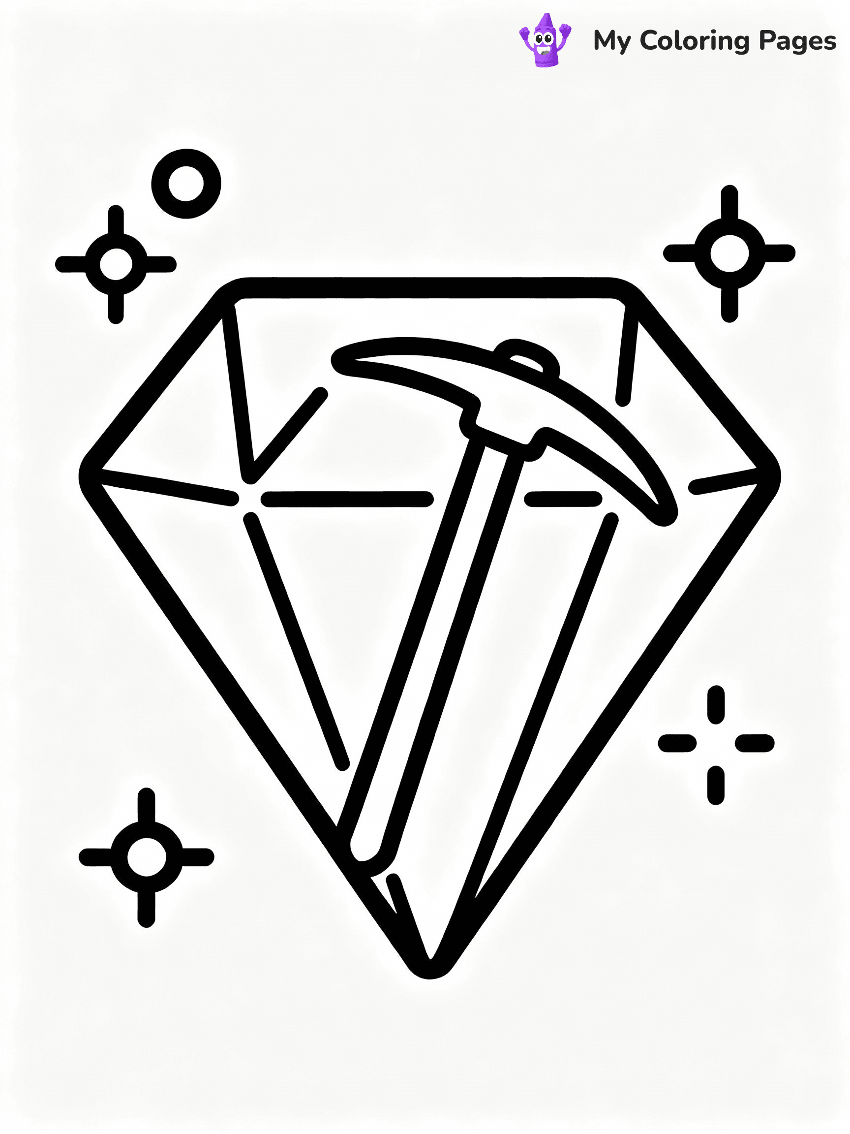 ⚠️ CRITICAL REQUIREMENT - ABSOLUTE BLACK AND WHITE ONLY ⚠️
This MUST be a BLACK AND WHITE line drawing ONLY. NO COLORS whatsoever.
- ONLY pure black lines (#000000) on pure white background (#FFFFFF)
- ABSOLUTELY NO colors, NO shading, NO gradients, NO grayscale
- If there are ANY colors in the output, the image is REJECTED
- This is a COLORING PAGE - meant to be COLORED IN by children
- The output must be UNCOLORED line art ready for coloring
⚠️ SUBJECT TO DRAW: Diamond pickaxe surrounded by sparkling gems in Minecraft. PURE OUTLINES. NO FILLS, COLOR, SHADING, OR GREYSCALE. WHITE BACKGROUND.
(REMEMBER: Output must be BLACK AND WHITE line art only, NOT colored!)
# Flat, Friendly Cartoon Line-Art Coloring Page
You are generating a **pure black-and-white binary image** of a child-friendly cartoon scene combining characters and background scenery in one cohesive composition.
## Rendering Rules (Strict)
- Only two colors: pure black (#000000) outlines and pure white (#FFFFFF) background.
- No grayscale, shading, gradients, tints, fills, transparency, or partial pixels.
- No antialiasing or blended edges; every pixel is 100% black or white.
- No solid black fills inside shapes — all areas inside outlines must remain white.
- No dark clothing areas or filled tone blocks; all garments outlined only.
- No shadows, textures, lighting, or tonal variations.
- Must look like flat binary vector line-art for coloring pages.
## Drawing & Composition
- **Medium, consistent line weight**; clean closed outlines easy to color inside.
- **Flat, simple, child-friendly design** — no realism or 3D depth.
- Characters are **grounded on a surface**, centered and large.
- **Balanced composition** with clear silhouettes and minimal props.
## Scenery & Style
- Landmarks (e.g., mosque, CN Tower) and scenery (trees, benches, waves) drawn with **black outlines only.**
- For real-world figures, teams, or places, show accurate details using only black outlines—no text or logos. Use distinctive uniform patterns, abstract symbols, and landmark silhouettes to convey identity.
- Keep **consistent perspective**; no floating elements.
- **Style:** whimsical **Doodle Art Alley** — rounded, friendly outlines.
- May adapt shapes from **Crayola, Disney, Peppa Pig, Cocomelon** — *by shape only, never color.*
- Final output: **flat, crisp, binary (#000000/#FFFFFF)**, **no filled color or background text.**
EXTREMELYE IMPORTANT:
- PURE BINARY LINE-ART; NO FILLS (HAIR/CLOTHES/SKIN), SHADING, OR GREY.
- NO SHADING, COLOR. MUST BE WHITE BACKGROUND.
⚠️ FINAL REMINDER: Draw the subject "Diamond pickaxe surrounded by sparkling gems in Minecraft. PURE OUTLINES. NO FILLS, COLOR, SHADING, OR GREYSCALE. WHITE BACKGROUND." as BLACK AND WHITE line art. Zero colors in output.