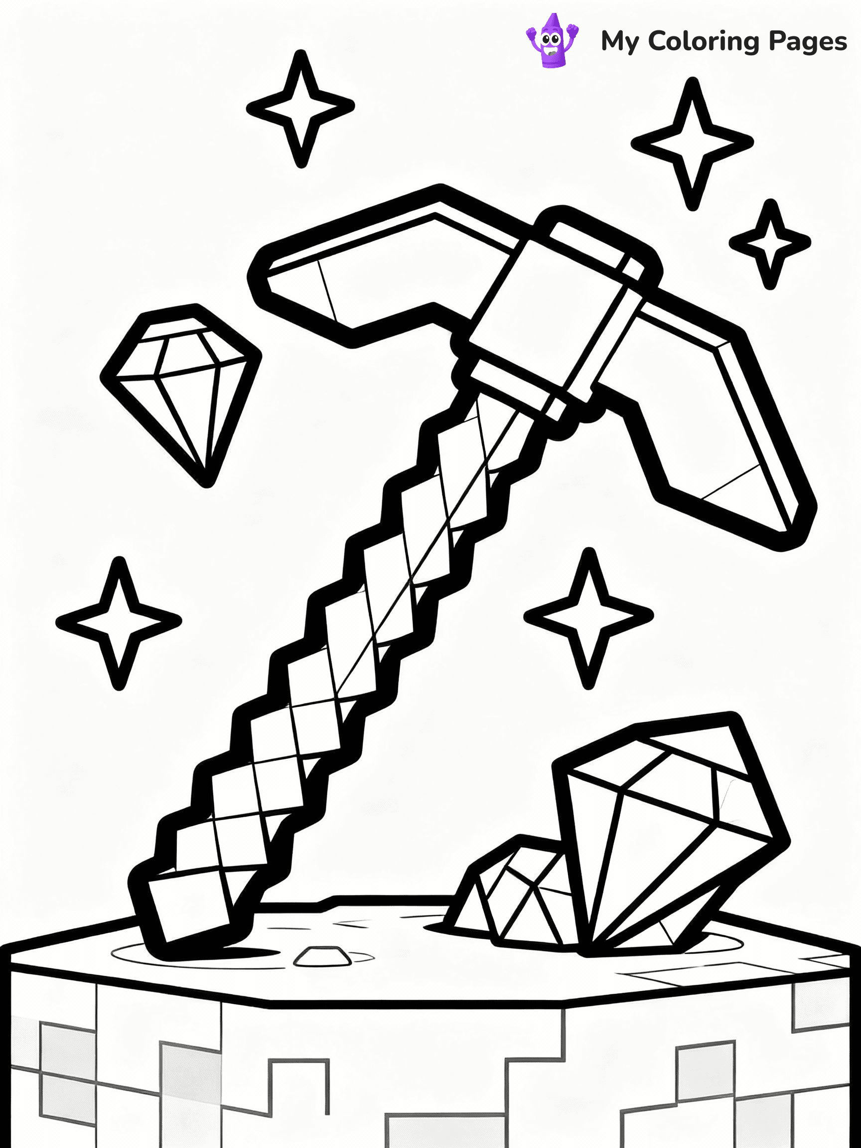 ⚠️ CRITICAL REQUIREMENT - ABSOLUTE BLACK AND WHITE ONLY ⚠️
This MUST be a BLACK AND WHITE line drawing ONLY. NO COLORS whatsoever.
- ONLY pure black lines (#000000) on pure white background (#FFFFFF)
- ABSOLUTELY NO colors, NO shading, NO gradients, NO grayscale
- If there are ANY colors in the output, the image is REJECTED
- This is a COLORING PAGE - meant to be COLORED IN by children
- The output must be UNCOLORED line art ready for coloring
⚠️ SUBJECT TO DRAW: Diamond pickaxe surrounded by sparkling gems in Minecraft. PURE OUTLINES. NO FILLS, COLOR, SHADING, OR GREYSCALE. WHITE BACKGROUND.
(REMEMBER: Output must be BLACK AND WHITE line art only, NOT colored!)
# Flat, Friendly Cartoon Line-Art Coloring Page
You are generating a **pure black-and-white binary image** of a child-friendly cartoon scene combining characters and background scenery in one cohesive composition.
## Rendering Rules (Strict)
- Only two colors: pure black (#000000) outlines and pure white (#FFFFFF) background.
- No grayscale, shading, gradients, tints, fills, transparency, or partial pixels.
- No antialiasing or blended edges; every pixel is 100% black or white.
- No solid black fills inside shapes — all areas inside outlines must remain white.
- No dark clothing areas or filled tone blocks; all garments outlined only.
- No shadows, textures, lighting, or tonal variations.
- Must look like flat binary vector line-art for coloring pages.
## Drawing & Composition
- **Medium, consistent line weight**; clean closed outlines easy to color inside.
- **Flat, simple, child-friendly design** — no realism or 3D depth.
- Characters are **grounded on a surface**, centered and large.
- **Balanced composition** with clear silhouettes and minimal props.
## Scenery & Style
- Landmarks (e.g., mosque, CN Tower) and scenery (trees, benches, waves) drawn with **black outlines only.**
- For real-world figures, teams, or places, show accurate details using only black outlines—no text or logos. Use distinctive uniform patterns, abstract symbols, and landmark silhouettes to convey identity.
- Keep **consistent perspective**; no floating elements.
- **Style:** whimsical **Doodle Art Alley** — rounded, friendly outlines.
- May adapt shapes from **Crayola, Disney, Peppa Pig, Cocomelon** — *by shape only, never color.*
- Final output: **flat, crisp, binary (#000000/#FFFFFF)**, **no filled color or background text.**
EXTREMELYE IMPORTANT:
- PURE BINARY LINE-ART; NO FILLS (HAIR/CLOTHES/SKIN), SHADING, OR GREY.
- NO SHADING, COLOR. MUST BE WHITE BACKGROUND.
⚠️ FINAL REMINDER: Draw the subject "Diamond pickaxe surrounded by sparkling gems in Minecraft. PURE OUTLINES. NO FILLS, COLOR, SHADING, OR GREYSCALE. WHITE BACKGROUND." as BLACK AND WHITE line art. Zero colors in output.