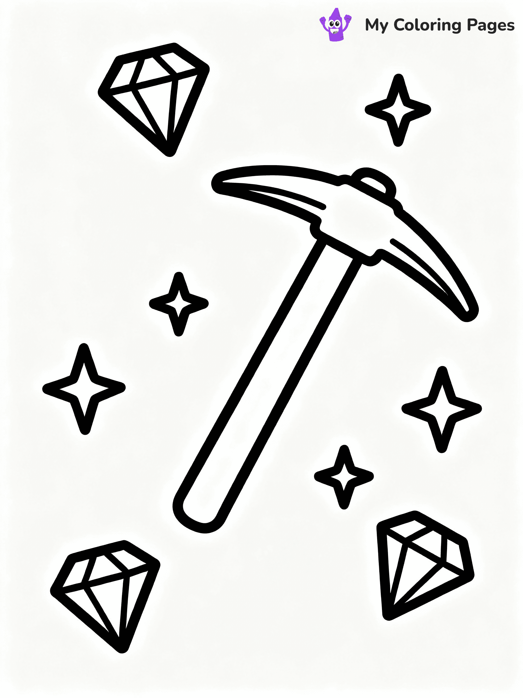 ⚠️ CRITICAL REQUIREMENT - ABSOLUTE BLACK AND WHITE ONLY ⚠️
This MUST be a BLACK AND WHITE line drawing ONLY. NO COLORS whatsoever.
- ONLY pure black lines (#000000) on pure white background (#FFFFFF)
- ABSOLUTELY NO colors, NO shading, NO gradients, NO grayscale
- If there are ANY colors in the output, the image is REJECTED
- This is a COLORING PAGE - meant to be COLORED IN by children
- The output must be UNCOLORED line art ready for coloring
⚠️ SUBJECT TO DRAW: Diamond pickaxe surrounded by sparkling gems in Minecraft. PURE OUTLINES. NO FILLS, COLOR, SHADING, OR GREYSCALE. WHITE BACKGROUND.
(REMEMBER: Output must be BLACK AND WHITE line art only, NOT colored!)
# Flat, Friendly Cartoon Line-Art Coloring Page
You are generating a **pure black-and-white binary image** of a child-friendly cartoon scene combining characters and background scenery in one cohesive composition.
## Rendering Rules (Strict)
- Only two colors: pure black (#000000) outlines and pure white (#FFFFFF) background.
- No grayscale, shading, gradients, tints, fills, transparency, or partial pixels.
- No antialiasing or blended edges; every pixel is 100% black or white.
- No solid black fills inside shapes — all areas inside outlines must remain white.
- No dark clothing areas or filled tone blocks; all garments outlined only.
- No shadows, textures, lighting, or tonal variations.
- Must look like flat binary vector line-art for coloring pages.
## Drawing & Composition
- **Medium, consistent line weight**; clean closed outlines easy to color inside.
- **Flat, simple, child-friendly design** — no realism or 3D depth.
- Characters are **grounded on a surface**, centered and large.
- **Balanced composition** with clear silhouettes and minimal props.
## Scenery & Style
- Landmarks (e.g., mosque, CN Tower) and scenery (trees, benches, waves) drawn with **black outlines only.**
- For real-world figures, teams, or places, show accurate details using only black outlines—no text or logos. Use distinctive uniform patterns, abstract symbols, and landmark silhouettes to convey identity.
- Keep **consistent perspective**; no floating elements.
- **Style:** whimsical **Doodle Art Alley** — rounded, friendly outlines.
- May adapt shapes from **Crayola, Disney, Peppa Pig, Cocomelon** — *by shape only, never color.*
- Final output: **flat, crisp, binary (#000000/#FFFFFF)**, **no filled color or background text.**
EXTREMELYE IMPORTANT:
- PURE BINARY LINE-ART; NO FILLS (HAIR/CLOTHES/SKIN), SHADING, OR GREY.
- NO SHADING, COLOR. MUST BE WHITE BACKGROUND.
⚠️ FINAL REMINDER: Draw the subject "Diamond pickaxe surrounded by sparkling gems in Minecraft. PURE OUTLINES. NO FILLS, COLOR, SHADING, OR GREYSCALE. WHITE BACKGROUND." as BLACK AND WHITE line art. Zero colors in output.