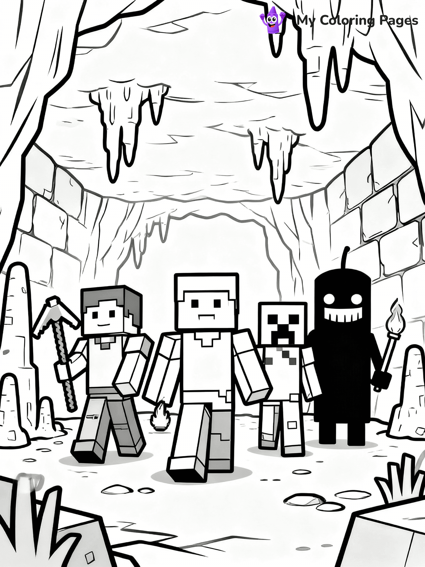 ⚠️ CRITICAL REQUIREMENT - ABSOLUTE BLACK AND WHITE ONLY ⚠️
This MUST be a BLACK AND WHITE line drawing ONLY. NO COLORS whatsoever.
- ONLY pure black lines (#000000) on pure white background (#FFFFFF)
- ABSOLUTELY NO colors, NO shading, NO gradients, NO grayscale
- If there are ANY colors in the output, the image is REJECTED
- This is a COLORING PAGE - meant to be COLORED IN by children
- The output must be UNCOLORED line art ready for coloring
⚠️ SUBJECT TO DRAW: A group of Minecraft characters exploring a cave. PURE OUTLINES. NO FILLS, COLOR, SHADING, OR GREYSCALE. WHITE BACKGROUND.
(REMEMBER: Output must be BLACK AND WHITE line art only, NOT colored!)
# Flat, Friendly Cartoon Line-Art Coloring Page
You are generating a **pure black-and-white binary image** of a child-friendly cartoon scene combining characters and background scenery in one cohesive composition.
## Rendering Rules (Strict)
- Only two colors: pure black (#000000) outlines and pure white (#FFFFFF) background.
- No grayscale, shading, gradients, tints, fills, transparency, or partial pixels.
- No antialiasing or blended edges; every pixel is 100% black or white.
- No solid black fills inside shapes — all areas inside outlines must remain white.
- No dark clothing areas or filled tone blocks; all garments outlined only.
- No shadows, textures, lighting, or tonal variations.
- Must look like flat binary vector line-art for coloring pages.
## Drawing & Composition
- **Medium, consistent line weight**; clean closed outlines easy to color inside.
- **Flat, simple, child-friendly design** — no realism or 3D depth.
- Characters are **grounded on a surface**, centered and large.
- **Balanced composition** with clear silhouettes and minimal props.
## Scenery & Style
- Landmarks (e.g., mosque, CN Tower) and scenery (trees, benches, waves) drawn with **black outlines only.**
- For real-world figures, teams, or places, show accurate details using only black outlines—no text or logos. Use distinctive uniform patterns, abstract symbols, and landmark silhouettes to convey identity.
- Keep **consistent perspective**; no floating elements.
- **Style:** whimsical **Doodle Art Alley** — rounded, friendly outlines.
- May adapt shapes from **Crayola, Disney, Peppa Pig, Cocomelon** — *by shape only, never color.*
- Final output: **flat, crisp, binary (#000000/#FFFFFF)**, **no filled color or background text.**
EXTREMELYE IMPORTANT:
- PURE BINARY LINE-ART; NO FILLS (HAIR/CLOTHES/SKIN), SHADING, OR GREY.
- NO SHADING, COLOR. MUST BE WHITE BACKGROUND.
⚠️ FINAL REMINDER: Draw the subject "A group of Minecraft characters exploring a cave. PURE OUTLINES. NO FILLS, COLOR, SHADING, OR GREYSCALE. WHITE BACKGROUND." as BLACK AND WHITE line art. Zero colors in output.