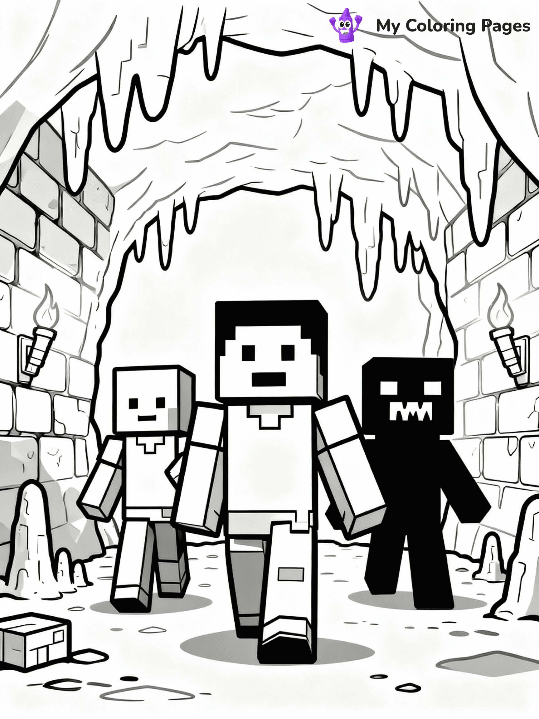 ⚠️ CRITICAL REQUIREMENT - ABSOLUTE BLACK AND WHITE ONLY ⚠️
This MUST be a BLACK AND WHITE line drawing ONLY. NO COLORS whatsoever.
- ONLY pure black lines (#000000) on pure white background (#FFFFFF)
- ABSOLUTELY NO colors, NO shading, NO gradients, NO grayscale
- If there are ANY colors in the output, the image is REJECTED
- This is a COLORING PAGE - meant to be COLORED IN by children
- The output must be UNCOLORED line art ready for coloring
⚠️ SUBJECT TO DRAW: A group of Minecraft characters exploring a cave. PURE OUTLINES. NO FILLS, COLOR, SHADING, OR GREYSCALE. WHITE BACKGROUND.
(REMEMBER: Output must be BLACK AND WHITE line art only, NOT colored!)
# Flat, Friendly Cartoon Line-Art Coloring Page
You are generating a **pure black-and-white binary image** of a child-friendly cartoon scene combining characters and background scenery in one cohesive composition.
## Rendering Rules (Strict)
- Only two colors: pure black (#000000) outlines and pure white (#FFFFFF) background.
- No grayscale, shading, gradients, tints, fills, transparency, or partial pixels.
- No antialiasing or blended edges; every pixel is 100% black or white.
- No solid black fills inside shapes — all areas inside outlines must remain white.
- No dark clothing areas or filled tone blocks; all garments outlined only.
- No shadows, textures, lighting, or tonal variations.
- Must look like flat binary vector line-art for coloring pages.
## Drawing & Composition
- **Medium, consistent line weight**; clean closed outlines easy to color inside.
- **Flat, simple, child-friendly design** — no realism or 3D depth.
- Characters are **grounded on a surface**, centered and large.
- **Balanced composition** with clear silhouettes and minimal props.
## Scenery & Style
- Landmarks (e.g., mosque, CN Tower) and scenery (trees, benches, waves) drawn with **black outlines only.**
- For real-world figures, teams, or places, show accurate details using only black outlines—no text or logos. Use distinctive uniform patterns, abstract symbols, and landmark silhouettes to convey identity.
- Keep **consistent perspective**; no floating elements.
- **Style:** whimsical **Doodle Art Alley** — rounded, friendly outlines.
- May adapt shapes from **Crayola, Disney, Peppa Pig, Cocomelon** — *by shape only, never color.*
- Final output: **flat, crisp, binary (#000000/#FFFFFF)**, **no filled color or background text.**
EXTREMELYE IMPORTANT:
- PURE BINARY LINE-ART; NO FILLS (HAIR/CLOTHES/SKIN), SHADING, OR GREY.
- NO SHADING, COLOR. MUST BE WHITE BACKGROUND.
⚠️ FINAL REMINDER: Draw the subject "A group of Minecraft characters exploring a cave. PURE OUTLINES. NO FILLS, COLOR, SHADING, OR GREYSCALE. WHITE BACKGROUND." as BLACK AND WHITE line art. Zero colors in output.