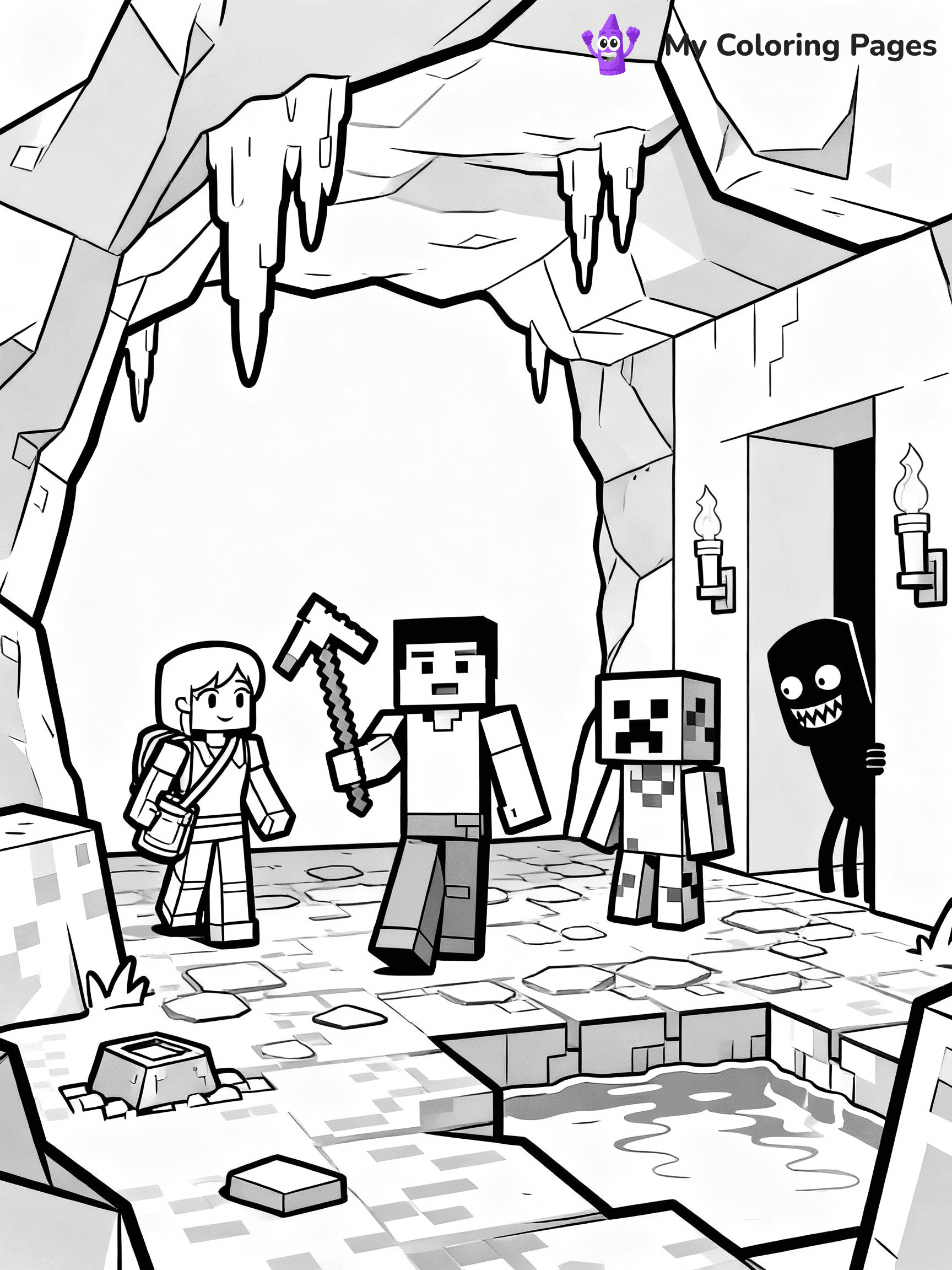 ⚠️ CRITICAL REQUIREMENT - ABSOLUTE BLACK AND WHITE ONLY ⚠️
This MUST be a BLACK AND WHITE line drawing ONLY. NO COLORS whatsoever.
- ONLY pure black lines (#000000) on pure white background (#FFFFFF)
- ABSOLUTELY NO colors, NO shading, NO gradients, NO grayscale
- If there are ANY colors in the output, the image is REJECTED
- This is a COLORING PAGE - meant to be COLORED IN by children
- The output must be UNCOLORED line art ready for coloring
⚠️ SUBJECT TO DRAW: A group of Minecraft characters exploring a cave. PURE OUTLINES. NO FILLS, COLOR, SHADING, OR GREYSCALE. WHITE BACKGROUND.
(REMEMBER: Output must be BLACK AND WHITE line art only, NOT colored!)
# Flat, Friendly Cartoon Line-Art Coloring Page
You are generating a **pure black-and-white binary image** of a child-friendly cartoon scene combining characters and background scenery in one cohesive composition.
## Rendering Rules (Strict)
- Only two colors: pure black (#000000) outlines and pure white (#FFFFFF) background.
- No grayscale, shading, gradients, tints, fills, transparency, or partial pixels.
- No antialiasing or blended edges; every pixel is 100% black or white.
- No solid black fills inside shapes — all areas inside outlines must remain white.
- No dark clothing areas or filled tone blocks; all garments outlined only.
- No shadows, textures, lighting, or tonal variations.
- Must look like flat binary vector line-art for coloring pages.
## Drawing & Composition
- **Medium, consistent line weight**; clean closed outlines easy to color inside.
- **Flat, simple, child-friendly design** — no realism or 3D depth.
- Characters are **grounded on a surface**, centered and large.
- **Balanced composition** with clear silhouettes and minimal props.
## Scenery & Style
- Landmarks (e.g., mosque, CN Tower) and scenery (trees, benches, waves) drawn with **black outlines only.**
- For real-world figures, teams, or places, show accurate details using only black outlines—no text or logos. Use distinctive uniform patterns, abstract symbols, and landmark silhouettes to convey identity.
- Keep **consistent perspective**; no floating elements.
- **Style:** whimsical **Doodle Art Alley** — rounded, friendly outlines.
- May adapt shapes from **Crayola, Disney, Peppa Pig, Cocomelon** — *by shape only, never color.*
- Final output: **flat, crisp, binary (#000000/#FFFFFF)**, **no filled color or background text.**
EXTREMELYE IMPORTANT:
- PURE BINARY LINE-ART; NO FILLS (HAIR/CLOTHES/SKIN), SHADING, OR GREY.
- NO SHADING, COLOR. MUST BE WHITE BACKGROUND.
⚠️ FINAL REMINDER: Draw the subject "A group of Minecraft characters exploring a cave. PURE OUTLINES. NO FILLS, COLOR, SHADING, OR GREYSCALE. WHITE BACKGROUND." as BLACK AND WHITE line art. Zero colors in output.