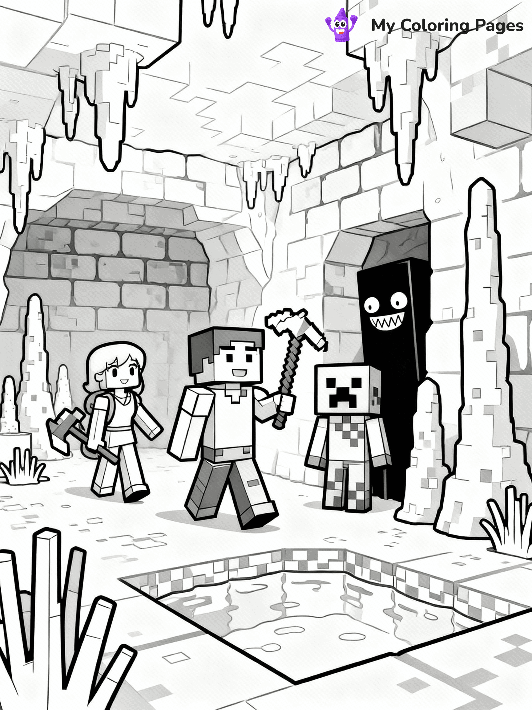 ⚠️ CRITICAL REQUIREMENT - ABSOLUTE BLACK AND WHITE ONLY ⚠️
This MUST be a BLACK AND WHITE line drawing ONLY. NO COLORS whatsoever.
- ONLY pure black lines (#000000) on pure white background (#FFFFFF)
- ABSOLUTELY NO colors, NO shading, NO gradients, NO grayscale
- If there are ANY colors in the output, the image is REJECTED
- This is a COLORING PAGE - meant to be COLORED IN by children
- The output must be UNCOLORED line art ready for coloring
⚠️ SUBJECT TO DRAW: A group of Minecraft characters exploring a cave. PURE OUTLINES. NO FILLS, COLOR, SHADING, OR GREYSCALE. WHITE BACKGROUND.
(REMEMBER: Output must be BLACK AND WHITE line art only, NOT colored!)
# Flat, Friendly Cartoon Line-Art Coloring Page
You are generating a **pure black-and-white binary image** of a child-friendly cartoon scene combining characters and background scenery in one cohesive composition.
## Rendering Rules (Strict)
- Only two colors: pure black (#000000) outlines and pure white (#FFFFFF) background.
- No grayscale, shading, gradients, tints, fills, transparency, or partial pixels.
- No antialiasing or blended edges; every pixel is 100% black or white.
- No solid black fills inside shapes — all areas inside outlines must remain white.
- No dark clothing areas or filled tone blocks; all garments outlined only.
- No shadows, textures, lighting, or tonal variations.
- Must look like flat binary vector line-art for coloring pages.
## Drawing & Composition
- **Medium, consistent line weight**; clean closed outlines easy to color inside.
- **Flat, simple, child-friendly design** — no realism or 3D depth.
- Characters are **grounded on a surface**, centered and large.
- **Balanced composition** with clear silhouettes and minimal props.
## Scenery & Style
- Landmarks (e.g., mosque, CN Tower) and scenery (trees, benches, waves) drawn with **black outlines only.**
- For real-world figures, teams, or places, show accurate details using only black outlines—no text or logos. Use distinctive uniform patterns, abstract symbols, and landmark silhouettes to convey identity.
- Keep **consistent perspective**; no floating elements.
- **Style:** whimsical **Doodle Art Alley** — rounded, friendly outlines.
- May adapt shapes from **Crayola, Disney, Peppa Pig, Cocomelon** — *by shape only, never color.*
- Final output: **flat, crisp, binary (#000000/#FFFFFF)**, **no filled color or background text.**
EXTREMELYE IMPORTANT:
- PURE BINARY LINE-ART; NO FILLS (HAIR/CLOTHES/SKIN), SHADING, OR GREY.
- NO SHADING, COLOR. MUST BE WHITE BACKGROUND.
⚠️ FINAL REMINDER: Draw the subject "A group of Minecraft characters exploring a cave. PURE OUTLINES. NO FILLS, COLOR, SHADING, OR GREYSCALE. WHITE BACKGROUND." as BLACK AND WHITE line art. Zero colors in output.