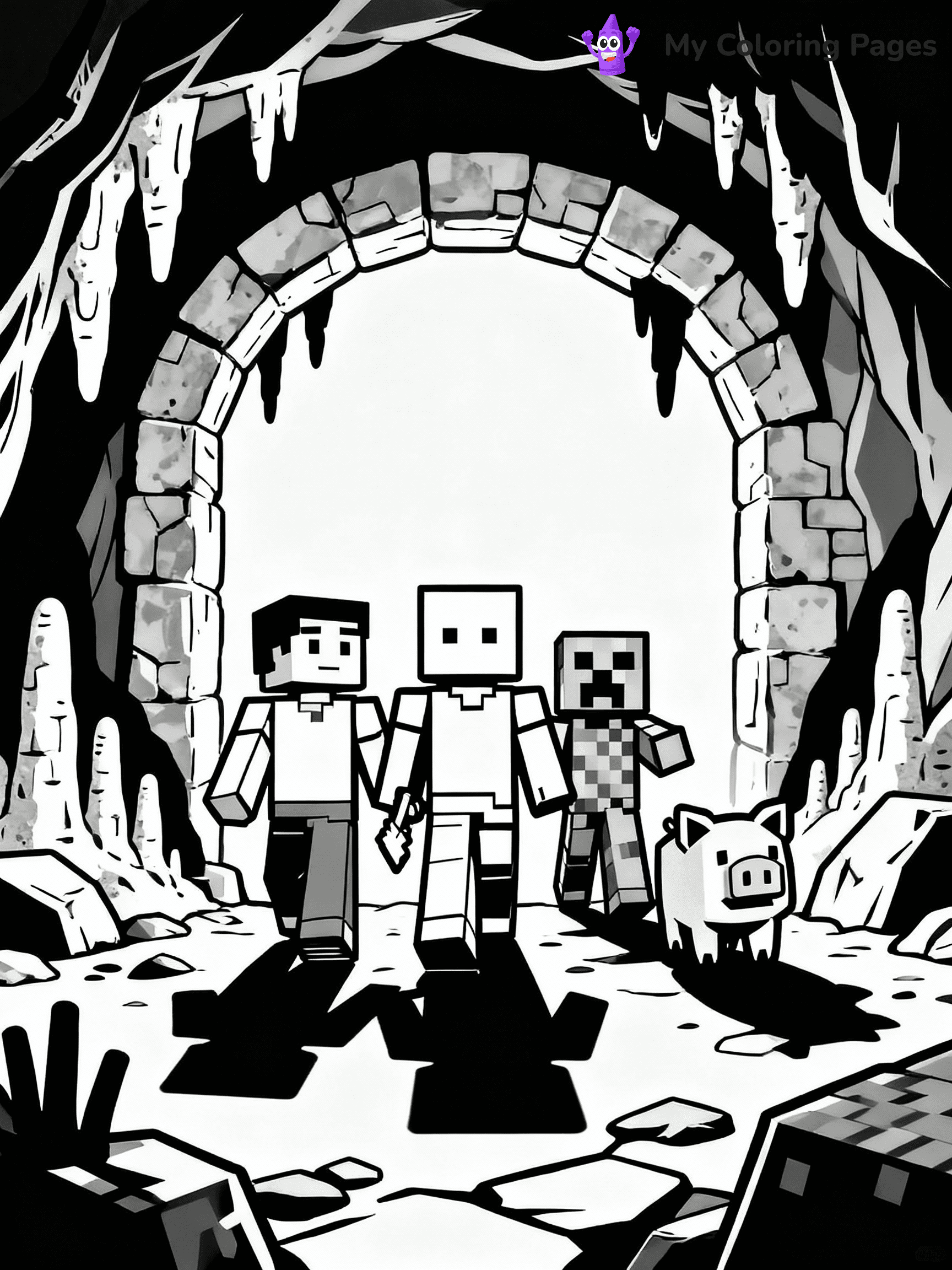 ⚠️ CRITICAL REQUIREMENT - ABSOLUTE BLACK AND WHITE ONLY ⚠️
This MUST be a BLACK AND WHITE line drawing ONLY. NO COLORS whatsoever.
- ONLY pure black lines (#000000) on pure white background (#FFFFFF)
- ABSOLUTELY NO colors, NO shading, NO gradients, NO grayscale
- If there are ANY colors in the output, the image is REJECTED
- This is a COLORING PAGE - meant to be COLORED IN by children
- The output must be UNCOLORED line art ready for coloring
⚠️ SUBJECT TO DRAW: A group of Minecraft characters exploring a cave. PURE OUTLINES. NO FILLS, COLOR, SHADING, OR GREYSCALE. WHITE BACKGROUND.
(REMEMBER: Output must be BLACK AND WHITE line art only, NOT colored!)
# Flat, Friendly Cartoon Line-Art Coloring Page
You are generating a **pure black-and-white binary image** of a child-friendly cartoon scene combining characters and background scenery in one cohesive composition.
## Rendering Rules (Strict)
- Only two colors: pure black (#000000) outlines and pure white (#FFFFFF) background.
- No grayscale, shading, gradients, tints, fills, transparency, or partial pixels.
- No antialiasing or blended edges; every pixel is 100% black or white.
- No solid black fills inside shapes — all areas inside outlines must remain white.
- No dark clothing areas or filled tone blocks; all garments outlined only.
- No shadows, textures, lighting, or tonal variations.
- Must look like flat binary vector line-art for coloring pages.
## Drawing & Composition
- **Medium, consistent line weight**; clean closed outlines easy to color inside.
- **Flat, simple, child-friendly design** — no realism or 3D depth.
- Characters are **grounded on a surface**, centered and large.
- **Balanced composition** with clear silhouettes and minimal props.
## Scenery & Style
- Landmarks (e.g., mosque, CN Tower) and scenery (trees, benches, waves) drawn with **black outlines only.**
- For real-world figures, teams, or places, show accurate details using only black outlines—no text or logos. Use distinctive uniform patterns, abstract symbols, and landmark silhouettes to convey identity.
- Keep **consistent perspective**; no floating elements.
- **Style:** whimsical **Doodle Art Alley** — rounded, friendly outlines.
- May adapt shapes from **Crayola, Disney, Peppa Pig, Cocomelon** — *by shape only, never color.*
- Final output: **flat, crisp, binary (#000000/#FFFFFF)**, **no filled color or background text.**
EXTREMELYE IMPORTANT:
- PURE BINARY LINE-ART; NO FILLS (HAIR/CLOTHES/SKIN), SHADING, OR GREY.
- NO SHADING, COLOR. MUST BE WHITE BACKGROUND.
⚠️ FINAL REMINDER: Draw the subject "A group of Minecraft characters exploring a cave. PURE OUTLINES. NO FILLS, COLOR, SHADING, OR GREYSCALE. WHITE BACKGROUND." as BLACK AND WHITE line art. Zero colors in output.