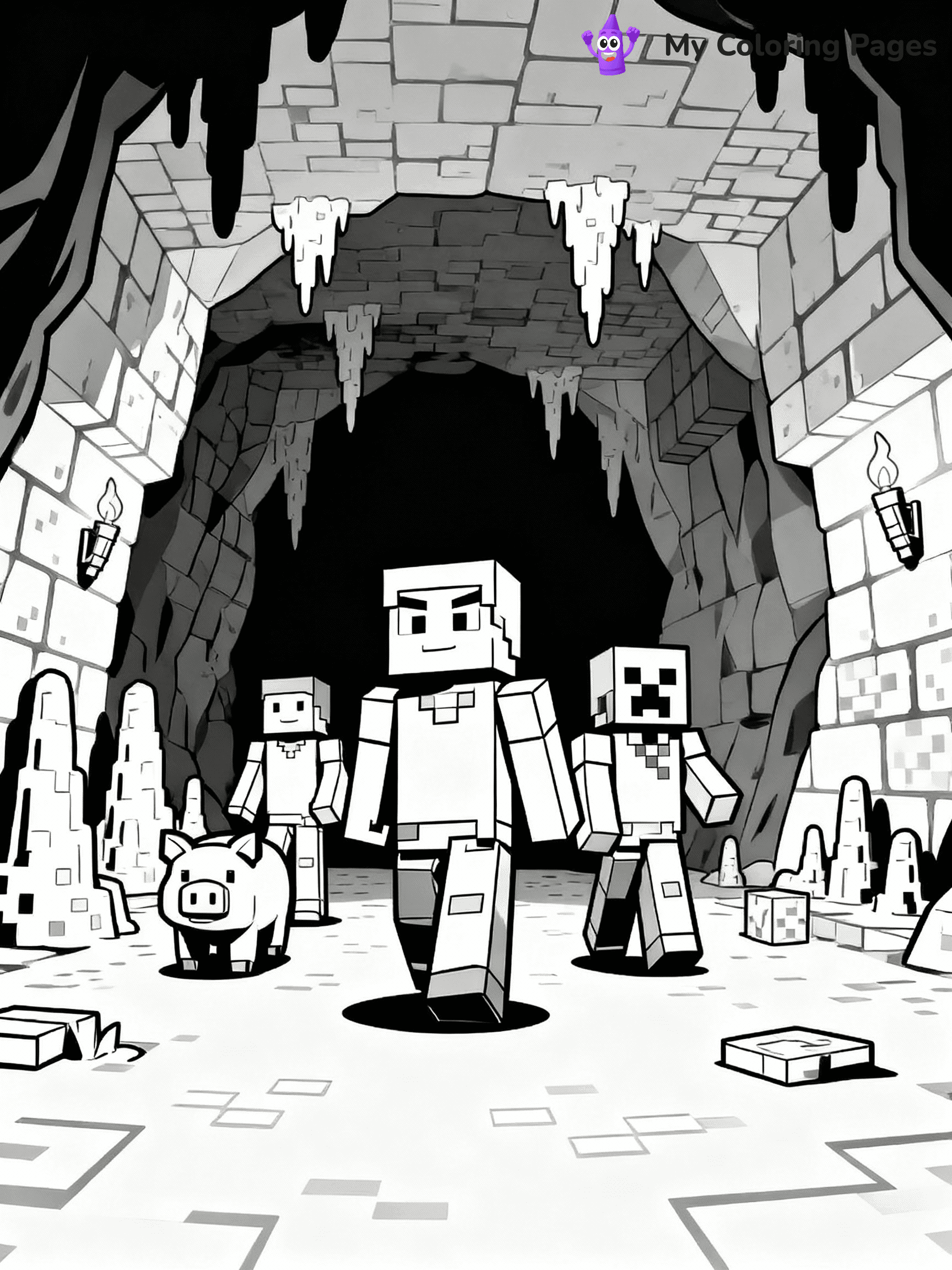 ⚠️ CRITICAL REQUIREMENT - ABSOLUTE BLACK AND WHITE ONLY ⚠️
This MUST be a BLACK AND WHITE line drawing ONLY. NO COLORS whatsoever.
- ONLY pure black lines (#000000) on pure white background (#FFFFFF)
- ABSOLUTELY NO colors, NO shading, NO gradients, NO grayscale
- If there are ANY colors in the output, the image is REJECTED
- This is a COLORING PAGE - meant to be COLORED IN by children
- The output must be UNCOLORED line art ready for coloring
⚠️ SUBJECT TO DRAW: A group of Minecraft characters exploring a cave. PURE OUTLINES. NO FILLS, COLOR, SHADING, OR GREYSCALE. WHITE BACKGROUND.
(REMEMBER: Output must be BLACK AND WHITE line art only, NOT colored!)
# Flat, Friendly Cartoon Line-Art Coloring Page
You are generating a **pure black-and-white binary image** of a child-friendly cartoon scene combining characters and background scenery in one cohesive composition.
## Rendering Rules (Strict)
- Only two colors: pure black (#000000) outlines and pure white (#FFFFFF) background.
- No grayscale, shading, gradients, tints, fills, transparency, or partial pixels.
- No antialiasing or blended edges; every pixel is 100% black or white.
- No solid black fills inside shapes — all areas inside outlines must remain white.
- No dark clothing areas or filled tone blocks; all garments outlined only.
- No shadows, textures, lighting, or tonal variations.
- Must look like flat binary vector line-art for coloring pages.
## Drawing & Composition
- **Medium, consistent line weight**; clean closed outlines easy to color inside.
- **Flat, simple, child-friendly design** — no realism or 3D depth.
- Characters are **grounded on a surface**, centered and large.
- **Balanced composition** with clear silhouettes and minimal props.
## Scenery & Style
- Landmarks (e.g., mosque, CN Tower) and scenery (trees, benches, waves) drawn with **black outlines only.**
- For real-world figures, teams, or places, show accurate details using only black outlines—no text or logos. Use distinctive uniform patterns, abstract symbols, and landmark silhouettes to convey identity.
- Keep **consistent perspective**; no floating elements.
- **Style:** whimsical **Doodle Art Alley** — rounded, friendly outlines.
- May adapt shapes from **Crayola, Disney, Peppa Pig, Cocomelon** — *by shape only, never color.*
- Final output: **flat, crisp, binary (#000000/#FFFFFF)**, **no filled color or background text.**
EXTREMELYE IMPORTANT:
- PURE BINARY LINE-ART; NO FILLS (HAIR/CLOTHES/SKIN), SHADING, OR GREY.
- NO SHADING, COLOR. MUST BE WHITE BACKGROUND.
⚠️ FINAL REMINDER: Draw the subject "A group of Minecraft characters exploring a cave. PURE OUTLINES. NO FILLS, COLOR, SHADING, OR GREYSCALE. WHITE BACKGROUND." as BLACK AND WHITE line art. Zero colors in output.