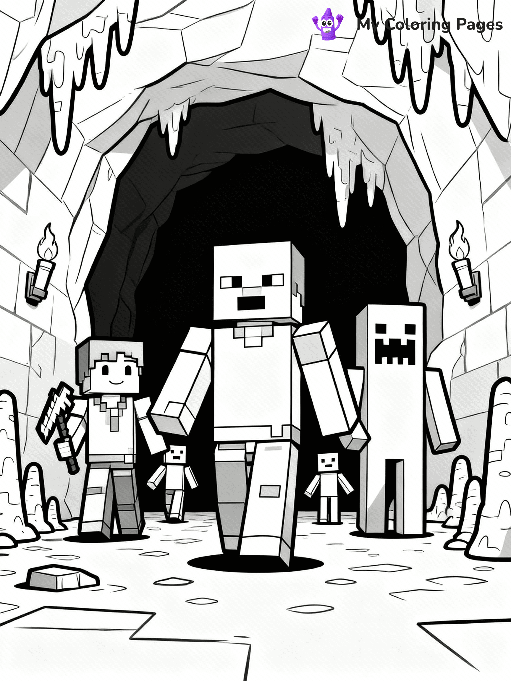 ⚠️ CRITICAL REQUIREMENT - ABSOLUTE BLACK AND WHITE ONLY ⚠️
This MUST be a BLACK AND WHITE line drawing ONLY. NO COLORS whatsoever.
- ONLY pure black lines (#000000) on pure white background (#FFFFFF)
- ABSOLUTELY NO colors, NO shading, NO gradients, NO grayscale
- If there are ANY colors in the output, the image is REJECTED
- This is a COLORING PAGE - meant to be COLORED IN by children
- The output must be UNCOLORED line art ready for coloring
⚠️ SUBJECT TO DRAW: A group of Minecraft characters exploring a cave. PURE OUTLINES. NO FILLS, COLOR, SHADING, OR GREYSCALE. WHITE BACKGROUND.
(REMEMBER: Output must be BLACK AND WHITE line art only, NOT colored!)
# Flat, Friendly Cartoon Line-Art Coloring Page
You are generating a **pure black-and-white binary image** of a child-friendly cartoon scene combining characters and background scenery in one cohesive composition.
## Rendering Rules (Strict)
- Only two colors: pure black (#000000) outlines and pure white (#FFFFFF) background.
- No grayscale, shading, gradients, tints, fills, transparency, or partial pixels.
- No antialiasing or blended edges; every pixel is 100% black or white.
- No solid black fills inside shapes — all areas inside outlines must remain white.
- No dark clothing areas or filled tone blocks; all garments outlined only.
- No shadows, textures, lighting, or tonal variations.
- Must look like flat binary vector line-art for coloring pages.
## Drawing & Composition
- **Medium, consistent line weight**; clean closed outlines easy to color inside.
- **Flat, simple, child-friendly design** — no realism or 3D depth.
- Characters are **grounded on a surface**, centered and large.
- **Balanced composition** with clear silhouettes and minimal props.
## Scenery & Style
- Landmarks (e.g., mosque, CN Tower) and scenery (trees, benches, waves) drawn with **black outlines only.**
- For real-world figures, teams, or places, show accurate details using only black outlines—no text or logos. Use distinctive uniform patterns, abstract symbols, and landmark silhouettes to convey identity.
- Keep **consistent perspective**; no floating elements.
- **Style:** whimsical **Doodle Art Alley** — rounded, friendly outlines.
- May adapt shapes from **Crayola, Disney, Peppa Pig, Cocomelon** — *by shape only, never color.*
- Final output: **flat, crisp, binary (#000000/#FFFFFF)**, **no filled color or background text.**
EXTREMELYE IMPORTANT:
- PURE BINARY LINE-ART; NO FILLS (HAIR/CLOTHES/SKIN), SHADING, OR GREY.
- NO SHADING, COLOR. MUST BE WHITE BACKGROUND.
⚠️ FINAL REMINDER: Draw the subject "A group of Minecraft characters exploring a cave. PURE OUTLINES. NO FILLS, COLOR, SHADING, OR GREYSCALE. WHITE BACKGROUND." as BLACK AND WHITE line art. Zero colors in output.