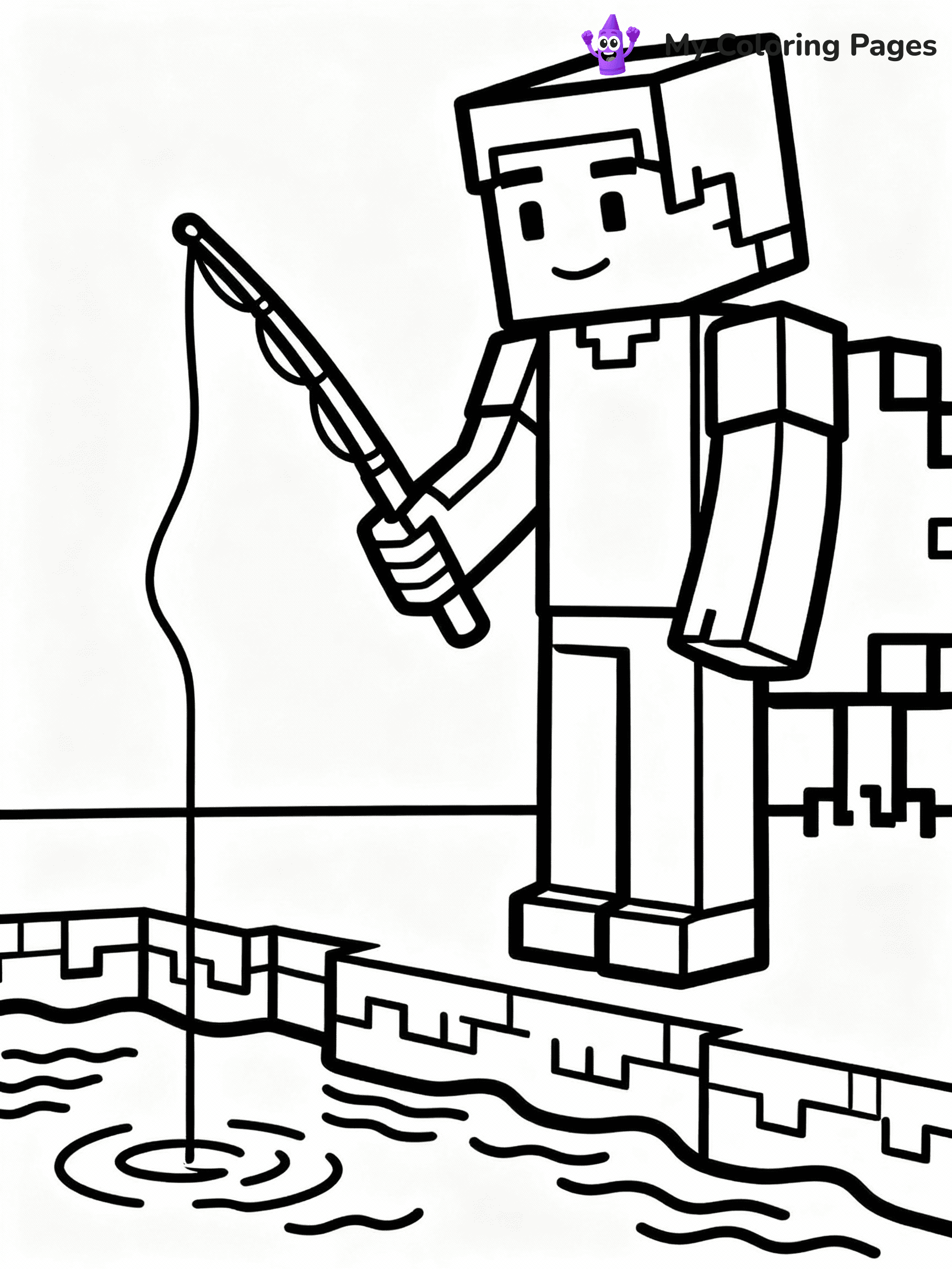 ⚠️ CRITICAL REQUIREMENT - ABSOLUTE BLACK AND WHITE ONLY ⚠️
This MUST be a BLACK AND WHITE line drawing ONLY. NO COLORS whatsoever.
- ONLY pure black lines (#000000) on pure white background (#FFFFFF)
- ABSOLUTELY NO colors, NO shading, NO gradients, NO grayscale
- If there are ANY colors in the output, the image is REJECTED
- This is a COLORING PAGE - meant to be COLORED IN by children
- The output must be UNCOLORED line art ready for coloring
⚠️ SUBJECT TO DRAW: Steve fishing peacefully by a Minecraft lake. PURE OUTLINES. NO FILLS, COLOR, SHADING, OR GREYSCALE. WHITE BACKGROUND.
(REMEMBER: Output must be BLACK AND WHITE line art only, NOT colored!)
# Flat, Friendly Cartoon Line-Art Coloring Page
You are generating a **pure black-and-white binary image** of a child-friendly cartoon scene combining characters and background scenery in one cohesive composition.
## Rendering Rules (Strict)
- Only two colors: pure black (#000000) outlines and pure white (#FFFFFF) background.
- No grayscale, shading, gradients, tints, fills, transparency, or partial pixels.
- No antialiasing or blended edges; every pixel is 100% black or white.
- No solid black fills inside shapes — all areas inside outlines must remain white.
- No dark clothing areas or filled tone blocks; all garments outlined only.
- No shadows, textures, lighting, or tonal variations.
- Must look like flat binary vector line-art for coloring pages.
## Drawing & Composition
- **Medium, consistent line weight**; clean closed outlines easy to color inside.
- **Flat, simple, child-friendly design** — no realism or 3D depth.
- Characters are **grounded on a surface**, centered and large.
- **Balanced composition** with clear silhouettes and minimal props.
## Scenery & Style
- Landmarks (e.g., mosque, CN Tower) and scenery (trees, benches, waves) drawn with **black outlines only.**
- For real-world figures, teams, or places, show accurate details using only black outlines—no text or logos. Use distinctive uniform patterns, abstract symbols, and landmark silhouettes to convey identity.
- Keep **consistent perspective**; no floating elements.
- **Style:** whimsical **Doodle Art Alley** — rounded, friendly outlines.
- May adapt shapes from **Crayola, Disney, Peppa Pig, Cocomelon** — *by shape only, never color.*
- Final output: **flat, crisp, binary (#000000/#FFFFFF)**, **no filled color or background text.**
EXTREMELYE IMPORTANT:
- PURE BINARY LINE-ART; NO FILLS (HAIR/CLOTHES/SKIN), SHADING, OR GREY.
- NO SHADING, COLOR. MUST BE WHITE BACKGROUND.
⚠️ FINAL REMINDER: Draw the subject "Steve fishing peacefully by a Minecraft lake. PURE OUTLINES. NO FILLS, COLOR, SHADING, OR GREYSCALE. WHITE BACKGROUND." as BLACK AND WHITE line art. Zero colors in output.