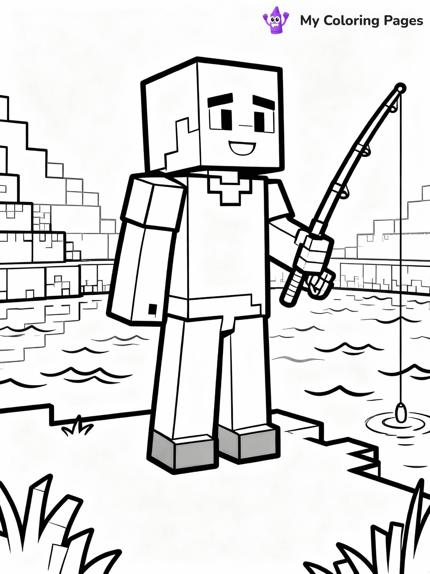 ⚠️ CRITICAL REQUIREMENT - ABSOLUTE BLACK AND WHITE ONLY ⚠️
This MUST be a BLACK AND WHITE line drawing ONLY. NO COLORS whatsoever.
- ONLY pure black lines (#000000) on pure white background (#FFFFFF)
- ABSOLUTELY NO colors, NO shading, NO gradients, NO grayscale
- If there are ANY colors in the output, the image is REJECTED
- This is a COLORING PAGE - meant to be COLORED IN by children
- The output must be UNCOLORED line art ready for coloring
⚠️ SUBJECT TO DRAW: Steve fishing peacefully by a Minecraft lake. PURE OUTLINES. NO FILLS, COLOR, SHADING, OR GREYSCALE. WHITE BACKGROUND.
(REMEMBER: Output must be BLACK AND WHITE line art only, NOT colored!)
# Flat, Friendly Cartoon Line-Art Coloring Page
You are generating a **pure black-and-white binary image** of a child-friendly cartoon scene combining characters and background scenery in one cohesive composition.
## Rendering Rules (Strict)
- Only two colors: pure black (#000000) outlines and pure white (#FFFFFF) background.
- No grayscale, shading, gradients, tints, fills, transparency, or partial pixels.
- No antialiasing or blended edges; every pixel is 100% black or white.
- No solid black fills inside shapes — all areas inside outlines must remain white.
- No dark clothing areas or filled tone blocks; all garments outlined only.
- No shadows, textures, lighting, or tonal variations.
- Must look like flat binary vector line-art for coloring pages.
## Drawing & Composition
- **Medium, consistent line weight**; clean closed outlines easy to color inside.
- **Flat, simple, child-friendly design** — no realism or 3D depth.
- Characters are **grounded on a surface**, centered and large.
- **Balanced composition** with clear silhouettes and minimal props.
## Scenery & Style
- Landmarks (e.g., mosque, CN Tower) and scenery (trees, benches, waves) drawn with **black outlines only.**
- For real-world figures, teams, or places, show accurate details using only black outlines—no text or logos. Use distinctive uniform patterns, abstract symbols, and landmark silhouettes to convey identity.
- Keep **consistent perspective**; no floating elements.
- **Style:** whimsical **Doodle Art Alley** — rounded, friendly outlines.
- May adapt shapes from **Crayola, Disney, Peppa Pig, Cocomelon** — *by shape only, never color.*
- Final output: **flat, crisp, binary (#000000/#FFFFFF)**, **no filled color or background text.**
EXTREMELYE IMPORTANT:
- PURE BINARY LINE-ART; NO FILLS (HAIR/CLOTHES/SKIN), SHADING, OR GREY.
- NO SHADING, COLOR. MUST BE WHITE BACKGROUND.
⚠️ FINAL REMINDER: Draw the subject "Steve fishing peacefully by a Minecraft lake. PURE OUTLINES. NO FILLS, COLOR, SHADING, OR GREYSCALE. WHITE BACKGROUND." as BLACK AND WHITE line art. Zero colors in output.