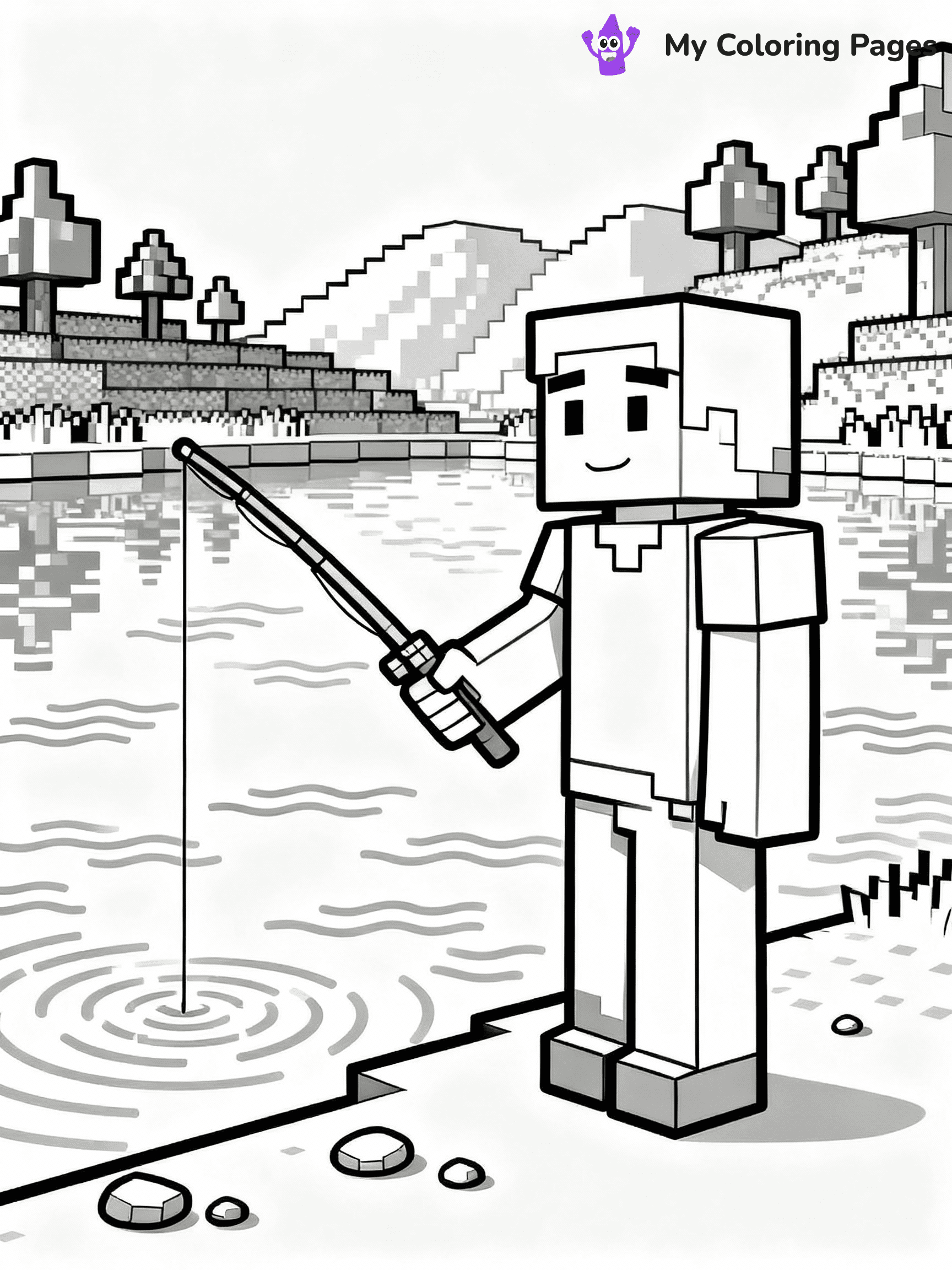 ⚠️ CRITICAL REQUIREMENT - ABSOLUTE BLACK AND WHITE ONLY ⚠️
This MUST be a BLACK AND WHITE line drawing ONLY. NO COLORS whatsoever.
- ONLY pure black lines (#000000) on pure white background (#FFFFFF)
- ABSOLUTELY NO colors, NO shading, NO gradients, NO grayscale
- If there are ANY colors in the output, the image is REJECTED
- This is a COLORING PAGE - meant to be COLORED IN by children
- The output must be UNCOLORED line art ready for coloring
⚠️ SUBJECT TO DRAW: Steve fishing peacefully by a Minecraft lake. PURE OUTLINES. NO FILLS, COLOR, SHADING, OR GREYSCALE. WHITE BACKGROUND.
(REMEMBER: Output must be BLACK AND WHITE line art only, NOT colored!)
# Flat, Friendly Cartoon Line-Art Coloring Page
You are generating a **pure black-and-white binary image** of a child-friendly cartoon scene combining characters and background scenery in one cohesive composition.
## Rendering Rules (Strict)
- Only two colors: pure black (#000000) outlines and pure white (#FFFFFF) background.
- No grayscale, shading, gradients, tints, fills, transparency, or partial pixels.
- No antialiasing or blended edges; every pixel is 100% black or white.
- No solid black fills inside shapes — all areas inside outlines must remain white.
- No dark clothing areas or filled tone blocks; all garments outlined only.
- No shadows, textures, lighting, or tonal variations.
- Must look like flat binary vector line-art for coloring pages.
## Drawing & Composition
- **Medium, consistent line weight**; clean closed outlines easy to color inside.
- **Flat, simple, child-friendly design** — no realism or 3D depth.
- Characters are **grounded on a surface**, centered and large.
- **Balanced composition** with clear silhouettes and minimal props.
## Scenery & Style
- Landmarks (e.g., mosque, CN Tower) and scenery (trees, benches, waves) drawn with **black outlines only.**
- For real-world figures, teams, or places, show accurate details using only black outlines—no text or logos. Use distinctive uniform patterns, abstract symbols, and landmark silhouettes to convey identity.
- Keep **consistent perspective**; no floating elements.
- **Style:** whimsical **Doodle Art Alley** — rounded, friendly outlines.
- May adapt shapes from **Crayola, Disney, Peppa Pig, Cocomelon** — *by shape only, never color.*
- Final output: **flat, crisp, binary (#000000/#FFFFFF)**, **no filled color or background text.**
EXTREMELYE IMPORTANT:
- PURE BINARY LINE-ART; NO FILLS (HAIR/CLOTHES/SKIN), SHADING, OR GREY.
- NO SHADING, COLOR. MUST BE WHITE BACKGROUND.
⚠️ FINAL REMINDER: Draw the subject "Steve fishing peacefully by a Minecraft lake. PURE OUTLINES. NO FILLS, COLOR, SHADING, OR GREYSCALE. WHITE BACKGROUND." as BLACK AND WHITE line art. Zero colors in output.