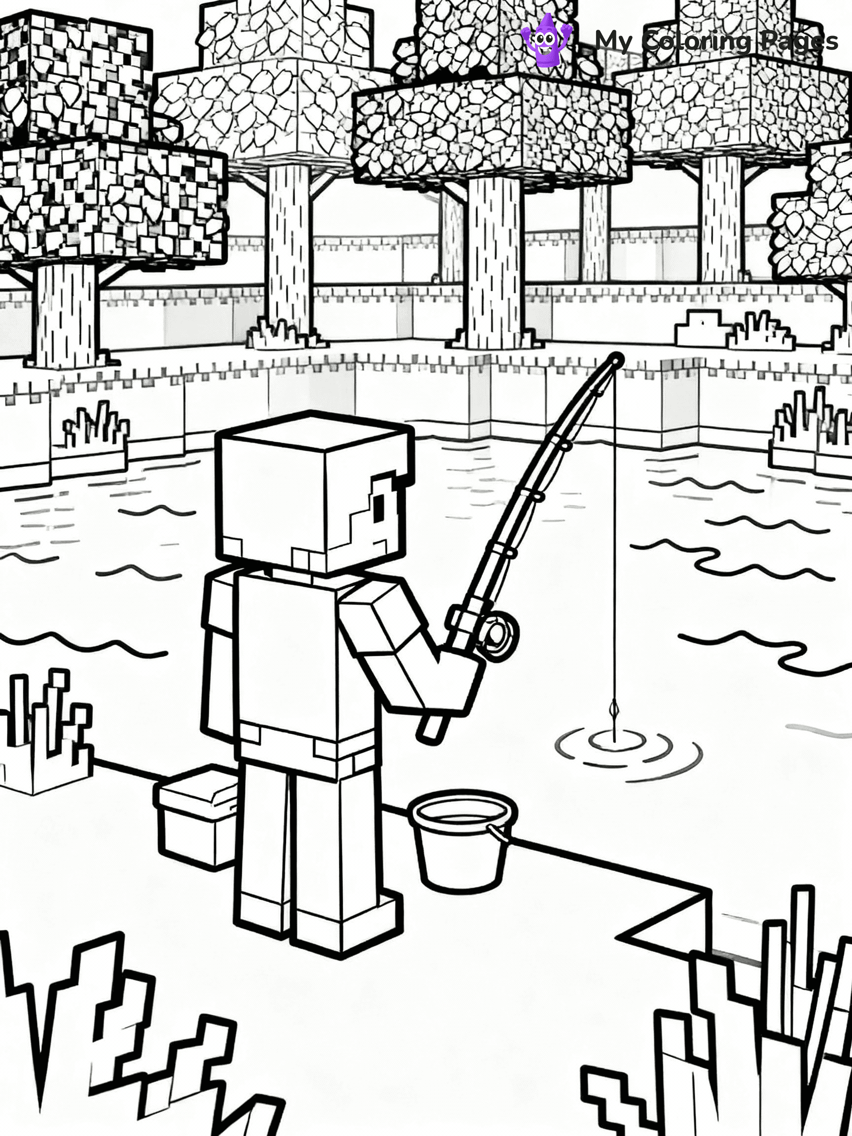 ⚠️ CRITICAL REQUIREMENT - ABSOLUTE BLACK AND WHITE ONLY ⚠️
This MUST be a BLACK AND WHITE line drawing ONLY. NO COLORS whatsoever.
- ONLY pure black lines (#000000) on pure white background (#FFFFFF)
- ABSOLUTELY NO colors, NO shading, NO gradients, NO grayscale
- If there are ANY colors in the output, the image is REJECTED
- This is a COLORING PAGE - meant to be COLORED IN by children
- The output must be UNCOLORED line art ready for coloring
⚠️ SUBJECT TO DRAW: Steve fishing peacefully by a Minecraft lake. PURE OUTLINES. NO FILLS, COLOR, SHADING, OR GREYSCALE. WHITE BACKGROUND.
(REMEMBER: Output must be BLACK AND WHITE line art only, NOT colored!)
# Flat, Friendly Cartoon Line-Art Coloring Page
You are generating a **pure black-and-white binary image** of a child-friendly cartoon scene combining characters and background scenery in one cohesive composition.
## Rendering Rules (Strict)
- Only two colors: pure black (#000000) outlines and pure white (#FFFFFF) background.
- No grayscale, shading, gradients, tints, fills, transparency, or partial pixels.
- No antialiasing or blended edges; every pixel is 100% black or white.
- No solid black fills inside shapes — all areas inside outlines must remain white.
- No dark clothing areas or filled tone blocks; all garments outlined only.
- No shadows, textures, lighting, or tonal variations.
- Must look like flat binary vector line-art for coloring pages.
## Drawing & Composition
- **Medium, consistent line weight**; clean closed outlines easy to color inside.
- **Flat, simple, child-friendly design** — no realism or 3D depth.
- Characters are **grounded on a surface**, centered and large.
- **Balanced composition** with clear silhouettes and minimal props.
## Scenery & Style
- Landmarks (e.g., mosque, CN Tower) and scenery (trees, benches, waves) drawn with **black outlines only.**
- For real-world figures, teams, or places, show accurate details using only black outlines—no text or logos. Use distinctive uniform patterns, abstract symbols, and landmark silhouettes to convey identity.
- Keep **consistent perspective**; no floating elements.
- **Style:** whimsical **Doodle Art Alley** — rounded, friendly outlines.
- May adapt shapes from **Crayola, Disney, Peppa Pig, Cocomelon** — *by shape only, never color.*
- Final output: **flat, crisp, binary (#000000/#FFFFFF)**, **no filled color or background text.**
EXTREMELYE IMPORTANT:
- PURE BINARY LINE-ART; NO FILLS (HAIR/CLOTHES/SKIN), SHADING, OR GREY.
- NO SHADING, COLOR. MUST BE WHITE BACKGROUND.
⚠️ FINAL REMINDER: Draw the subject "Steve fishing peacefully by a Minecraft lake. PURE OUTLINES. NO FILLS, COLOR, SHADING, OR GREYSCALE. WHITE BACKGROUND." as BLACK AND WHITE line art. Zero colors in output.