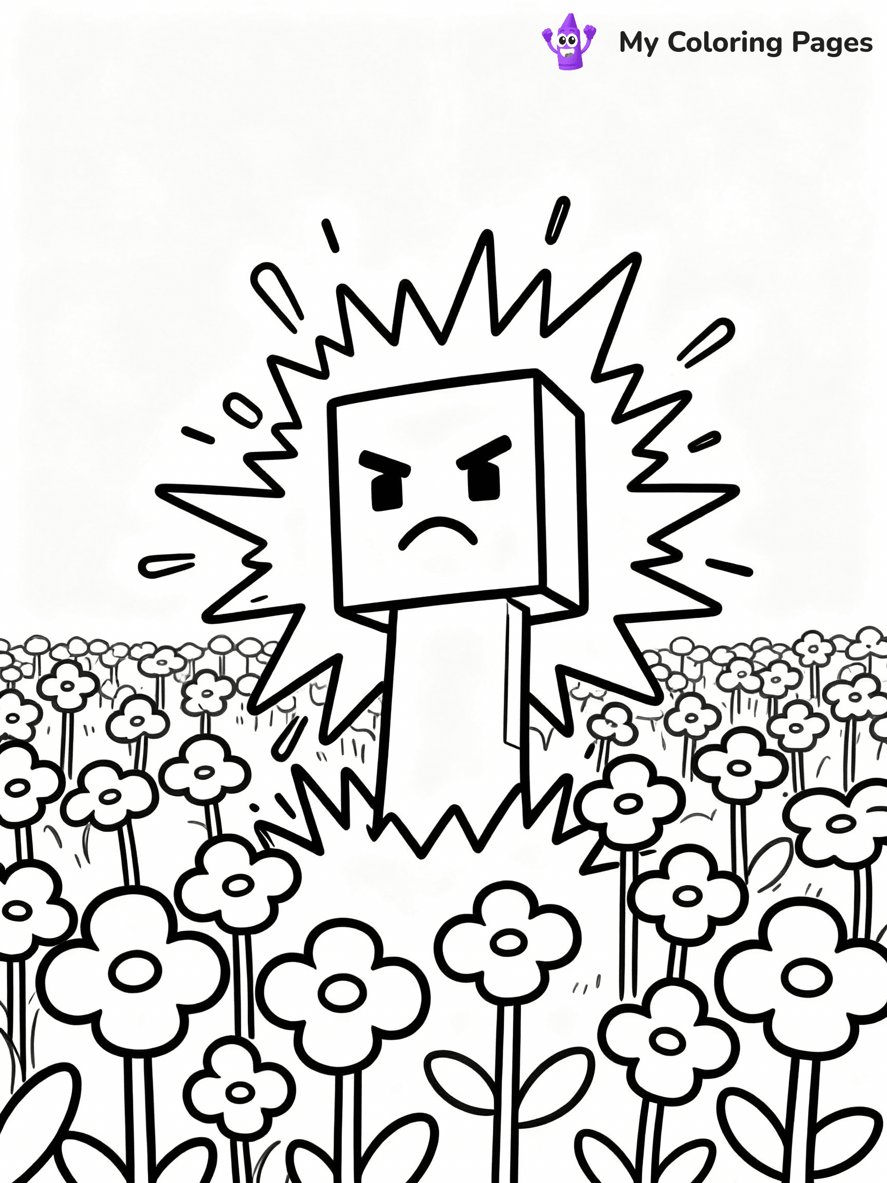 ⚠️ CRITICAL REQUIREMENT - ABSOLUTE BLACK AND WHITE ONLY ⚠️
This MUST be a BLACK AND WHITE line drawing ONLY. NO COLORS whatsoever.
- ONLY pure black lines (#000000) on pure white background (#FFFFFF)
- ABSOLUTELY NO colors, NO shading, NO gradients, NO grayscale
- If there are ANY colors in the output, the image is REJECTED
- This is a COLORING PAGE - meant to be COLORED IN by children
- The output must be UNCOLORED line art ready for coloring
⚠️ SUBJECT TO DRAW: Creeper exploding in a field of flowers. PURE OUTLINES. NO FILLS, COLOR, SHADING, OR GREYSCALE. WHITE BACKGROUND.
(REMEMBER: Output must be BLACK AND WHITE line art only, NOT colored!)
# Flat, Friendly Cartoon Line-Art Coloring Page
You are generating a **pure black-and-white binary image** of a child-friendly cartoon scene combining characters and background scenery in one cohesive composition.
## Rendering Rules (Strict)
- Only two colors: pure black (#000000) outlines and pure white (#FFFFFF) background.
- No grayscale, shading, gradients, tints, fills, transparency, or partial pixels.
- No antialiasing or blended edges; every pixel is 100% black or white.
- No solid black fills inside shapes — all areas inside outlines must remain white.
- No dark clothing areas or filled tone blocks; all garments outlined only.
- No shadows, textures, lighting, or tonal variations.
- Must look like flat binary vector line-art for coloring pages.
## Drawing & Composition
- **Medium, consistent line weight**; clean closed outlines easy to color inside.
- **Flat, simple, child-friendly design** — no realism or 3D depth.
- Characters are **grounded on a surface**, centered and large.
- **Balanced composition** with clear silhouettes and minimal props.
## Scenery & Style
- Landmarks (e.g., mosque, CN Tower) and scenery (trees, benches, waves) drawn with **black outlines only.**
- For real-world figures, teams, or places, show accurate details using only black outlines—no text or logos. Use distinctive uniform patterns, abstract symbols, and landmark silhouettes to convey identity.
- Keep **consistent perspective**; no floating elements.
- **Style:** whimsical **Doodle Art Alley** — rounded, friendly outlines.
- May adapt shapes from **Crayola, Disney, Peppa Pig, Cocomelon** — *by shape only, never color.*
- Final output: **flat, crisp, binary (#000000/#FFFFFF)**, **no filled color or background text.**
EXTREMELYE IMPORTANT:
- PURE BINARY LINE-ART; NO FILLS (HAIR/CLOTHES/SKIN), SHADING, OR GREY.
- NO SHADING, COLOR. MUST BE WHITE BACKGROUND.
⚠️ FINAL REMINDER: Draw the subject "Creeper exploding in a field of flowers. PURE OUTLINES. NO FILLS, COLOR, SHADING, OR GREYSCALE. WHITE BACKGROUND." as BLACK AND WHITE line art. Zero colors in output.