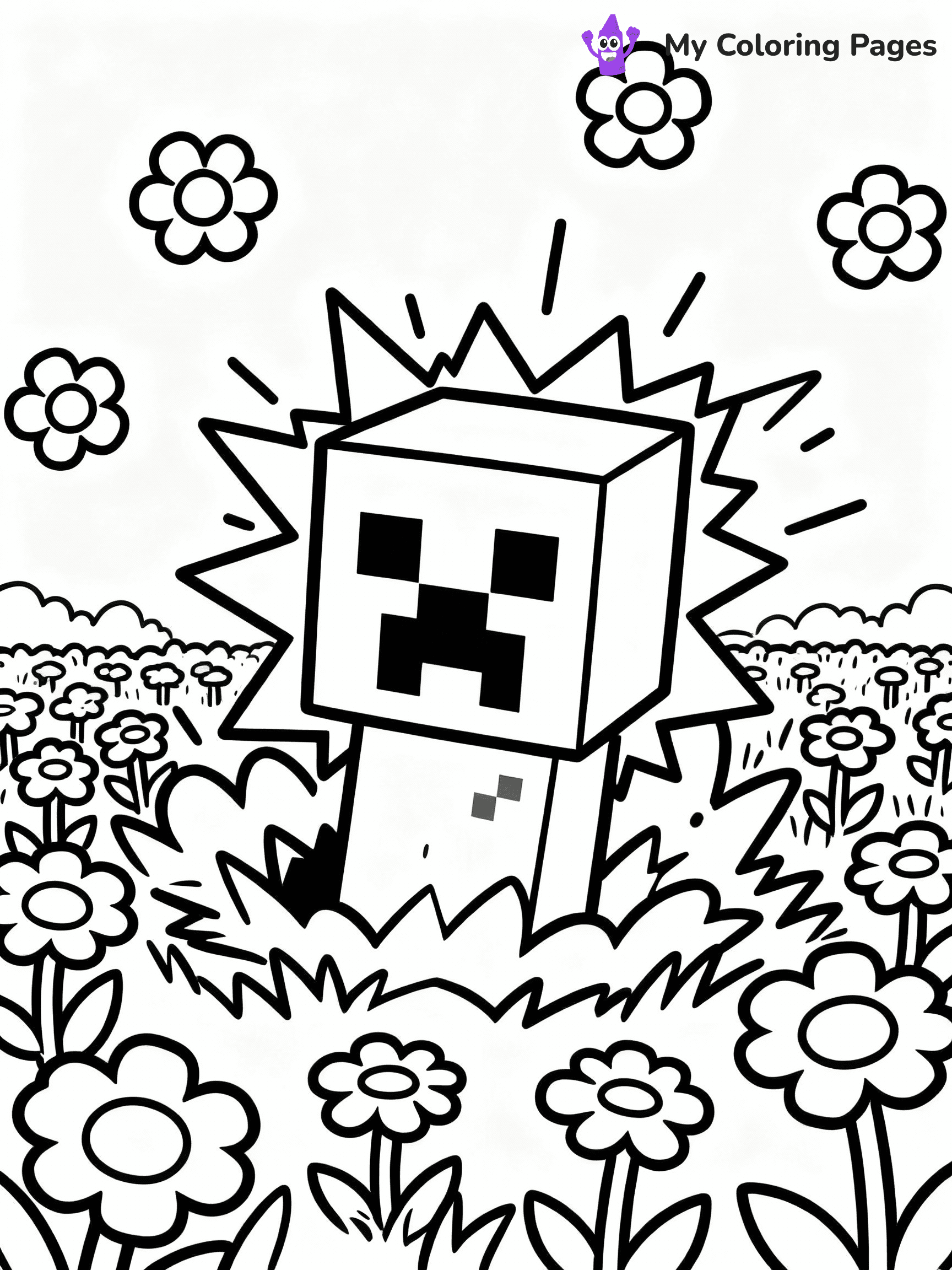 ⚠️ CRITICAL REQUIREMENT - ABSOLUTE BLACK AND WHITE ONLY ⚠️
This MUST be a BLACK AND WHITE line drawing ONLY. NO COLORS whatsoever.
- ONLY pure black lines (#000000) on pure white background (#FFFFFF)
- ABSOLUTELY NO colors, NO shading, NO gradients, NO grayscale
- If there are ANY colors in the output, the image is REJECTED
- This is a COLORING PAGE - meant to be COLORED IN by children
- The output must be UNCOLORED line art ready for coloring
⚠️ SUBJECT TO DRAW: Creeper exploding in a field of flowers. PURE OUTLINES. NO FILLS, COLOR, SHADING, OR GREYSCALE. WHITE BACKGROUND.
(REMEMBER: Output must be BLACK AND WHITE line art only, NOT colored!)
# Flat, Friendly Cartoon Line-Art Coloring Page
You are generating a **pure black-and-white binary image** of a child-friendly cartoon scene combining characters and background scenery in one cohesive composition.
## Rendering Rules (Strict)
- Only two colors: pure black (#000000) outlines and pure white (#FFFFFF) background.
- No grayscale, shading, gradients, tints, fills, transparency, or partial pixels.
- No antialiasing or blended edges; every pixel is 100% black or white.
- No solid black fills inside shapes — all areas inside outlines must remain white.
- No dark clothing areas or filled tone blocks; all garments outlined only.
- No shadows, textures, lighting, or tonal variations.
- Must look like flat binary vector line-art for coloring pages.
## Drawing & Composition
- **Medium, consistent line weight**; clean closed outlines easy to color inside.
- **Flat, simple, child-friendly design** — no realism or 3D depth.
- Characters are **grounded on a surface**, centered and large.
- **Balanced composition** with clear silhouettes and minimal props.
## Scenery & Style
- Landmarks (e.g., mosque, CN Tower) and scenery (trees, benches, waves) drawn with **black outlines only.**
- For real-world figures, teams, or places, show accurate details using only black outlines—no text or logos. Use distinctive uniform patterns, abstract symbols, and landmark silhouettes to convey identity.
- Keep **consistent perspective**; no floating elements.
- **Style:** whimsical **Doodle Art Alley** — rounded, friendly outlines.
- May adapt shapes from **Crayola, Disney, Peppa Pig, Cocomelon** — *by shape only, never color.*
- Final output: **flat, crisp, binary (#000000/#FFFFFF)**, **no filled color or background text.**
EXTREMELYE IMPORTANT:
- PURE BINARY LINE-ART; NO FILLS (HAIR/CLOTHES/SKIN), SHADING, OR GREY.
- NO SHADING, COLOR. MUST BE WHITE BACKGROUND.
⚠️ FINAL REMINDER: Draw the subject "Creeper exploding in a field of flowers. PURE OUTLINES. NO FILLS, COLOR, SHADING, OR GREYSCALE. WHITE BACKGROUND." as BLACK AND WHITE line art. Zero colors in output.