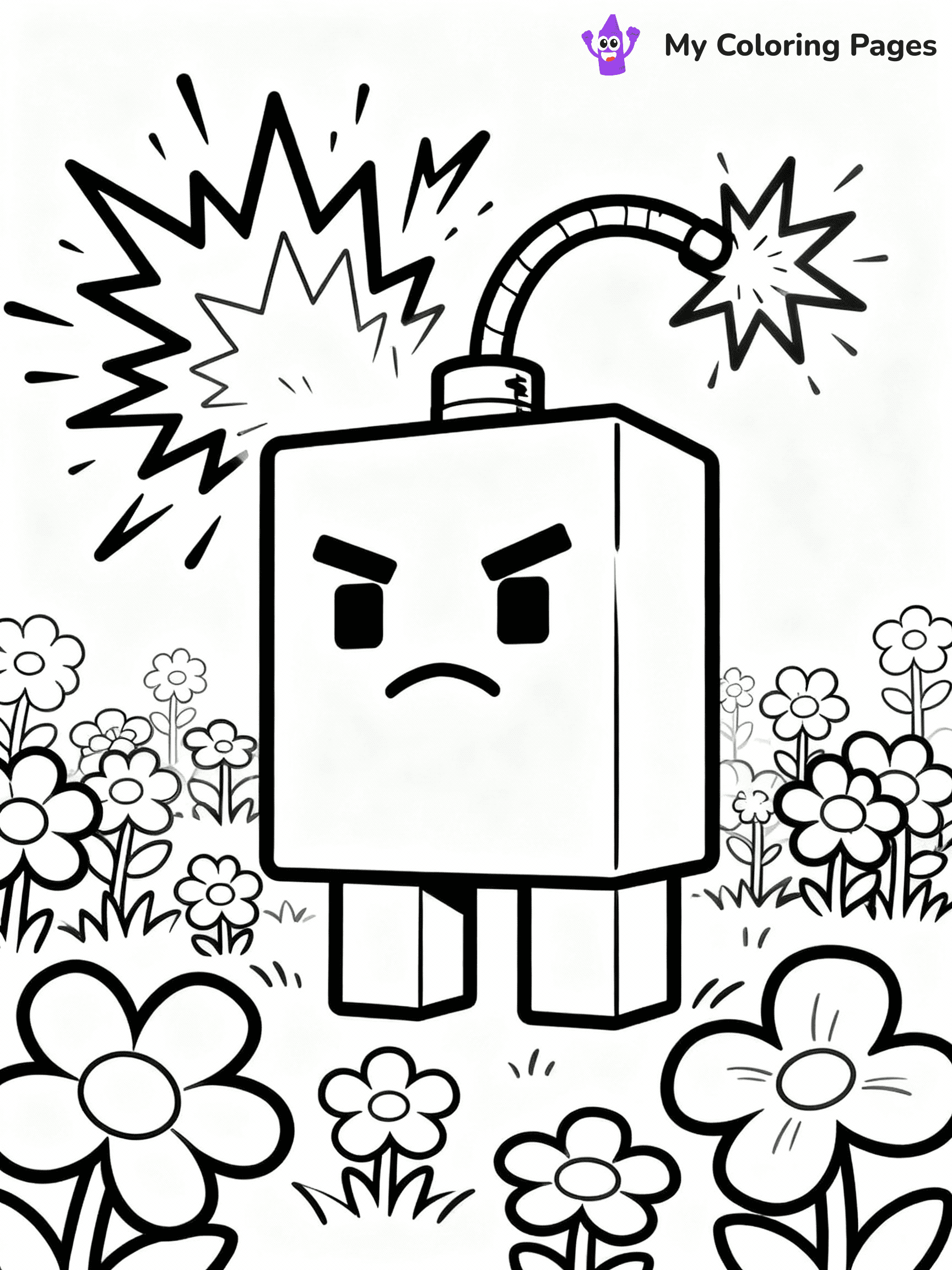 ⚠️ CRITICAL REQUIREMENT - ABSOLUTE BLACK AND WHITE ONLY ⚠️
This MUST be a BLACK AND WHITE line drawing ONLY. NO COLORS whatsoever.
- ONLY pure black lines (#000000) on pure white background (#FFFFFF)
- ABSOLUTELY NO colors, NO shading, NO gradients, NO grayscale
- If there are ANY colors in the output, the image is REJECTED
- This is a COLORING PAGE - meant to be COLORED IN by children
- The output must be UNCOLORED line art ready for coloring
⚠️ SUBJECT TO DRAW: Creeper exploding in a field of flowers. PURE OUTLINES. NO FILLS, COLOR, SHADING, OR GREYSCALE. WHITE BACKGROUND.
(REMEMBER: Output must be BLACK AND WHITE line art only, NOT colored!)
# Flat, Friendly Cartoon Line-Art Coloring Page
You are generating a **pure black-and-white binary image** of a child-friendly cartoon scene combining characters and background scenery in one cohesive composition.
## Rendering Rules (Strict)
- Only two colors: pure black (#000000) outlines and pure white (#FFFFFF) background.
- No grayscale, shading, gradients, tints, fills, transparency, or partial pixels.
- No antialiasing or blended edges; every pixel is 100% black or white.
- No solid black fills inside shapes — all areas inside outlines must remain white.
- No dark clothing areas or filled tone blocks; all garments outlined only.
- No shadows, textures, lighting, or tonal variations.
- Must look like flat binary vector line-art for coloring pages.
## Drawing & Composition
- **Medium, consistent line weight**; clean closed outlines easy to color inside.
- **Flat, simple, child-friendly design** — no realism or 3D depth.
- Characters are **grounded on a surface**, centered and large.
- **Balanced composition** with clear silhouettes and minimal props.
## Scenery & Style
- Landmarks (e.g., mosque, CN Tower) and scenery (trees, benches, waves) drawn with **black outlines only.**
- For real-world figures, teams, or places, show accurate details using only black outlines—no text or logos. Use distinctive uniform patterns, abstract symbols, and landmark silhouettes to convey identity.
- Keep **consistent perspective**; no floating elements.
- **Style:** whimsical **Doodle Art Alley** — rounded, friendly outlines.
- May adapt shapes from **Crayola, Disney, Peppa Pig, Cocomelon** — *by shape only, never color.*
- Final output: **flat, crisp, binary (#000000/#FFFFFF)**, **no filled color or background text.**
EXTREMELYE IMPORTANT:
- PURE BINARY LINE-ART; NO FILLS (HAIR/CLOTHES/SKIN), SHADING, OR GREY.
- NO SHADING, COLOR. MUST BE WHITE BACKGROUND.
⚠️ FINAL REMINDER: Draw the subject "Creeper exploding in a field of flowers. PURE OUTLINES. NO FILLS, COLOR, SHADING, OR GREYSCALE. WHITE BACKGROUND." as BLACK AND WHITE line art. Zero colors in output.