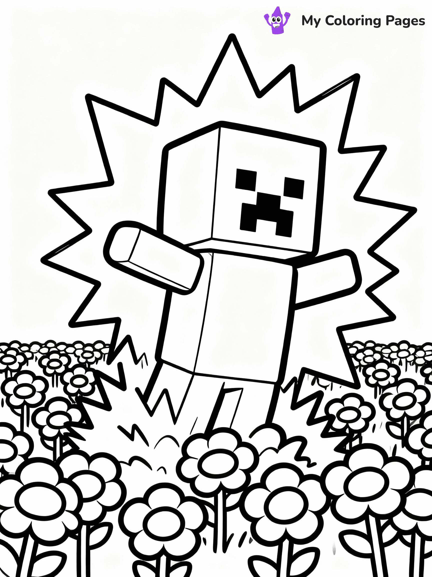 ⚠️ CRITICAL REQUIREMENT - ABSOLUTE BLACK AND WHITE ONLY ⚠️
This MUST be a BLACK AND WHITE line drawing ONLY. NO COLORS whatsoever.
- ONLY pure black lines (#000000) on pure white background (#FFFFFF)
- ABSOLUTELY NO colors, NO shading, NO gradients, NO grayscale
- If there are ANY colors in the output, the image is REJECTED
- This is a COLORING PAGE - meant to be COLORED IN by children
- The output must be UNCOLORED line art ready for coloring
⚠️ SUBJECT TO DRAW: Creeper exploding in a field of flowers. PURE OUTLINES. NO FILLS, COLOR, SHADING, OR GREYSCALE. WHITE BACKGROUND.
(REMEMBER: Output must be BLACK AND WHITE line art only, NOT colored!)
# Flat, Friendly Cartoon Line-Art Coloring Page
You are generating a **pure black-and-white binary image** of a child-friendly cartoon scene combining characters and background scenery in one cohesive composition.
## Rendering Rules (Strict)
- Only two colors: pure black (#000000) outlines and pure white (#FFFFFF) background.
- No grayscale, shading, gradients, tints, fills, transparency, or partial pixels.
- No antialiasing or blended edges; every pixel is 100% black or white.
- No solid black fills inside shapes — all areas inside outlines must remain white.
- No dark clothing areas or filled tone blocks; all garments outlined only.
- No shadows, textures, lighting, or tonal variations.
- Must look like flat binary vector line-art for coloring pages.
## Drawing & Composition
- **Medium, consistent line weight**; clean closed outlines easy to color inside.
- **Flat, simple, child-friendly design** — no realism or 3D depth.
- Characters are **grounded on a surface**, centered and large.
- **Balanced composition** with clear silhouettes and minimal props.
## Scenery & Style
- Landmarks (e.g., mosque, CN Tower) and scenery (trees, benches, waves) drawn with **black outlines only.**
- For real-world figures, teams, or places, show accurate details using only black outlines—no text or logos. Use distinctive uniform patterns, abstract symbols, and landmark silhouettes to convey identity.
- Keep **consistent perspective**; no floating elements.
- **Style:** whimsical **Doodle Art Alley** — rounded, friendly outlines.
- May adapt shapes from **Crayola, Disney, Peppa Pig, Cocomelon** — *by shape only, never color.*
- Final output: **flat, crisp, binary (#000000/#FFFFFF)**, **no filled color or background text.**
EXTREMELYE IMPORTANT:
- PURE BINARY LINE-ART; NO FILLS (HAIR/CLOTHES/SKIN), SHADING, OR GREY.
- NO SHADING, COLOR. MUST BE WHITE BACKGROUND.
⚠️ FINAL REMINDER: Draw the subject "Creeper exploding in a field of flowers. PURE OUTLINES. NO FILLS, COLOR, SHADING, OR GREYSCALE. WHITE BACKGROUND." as BLACK AND WHITE line art. Zero colors in output.