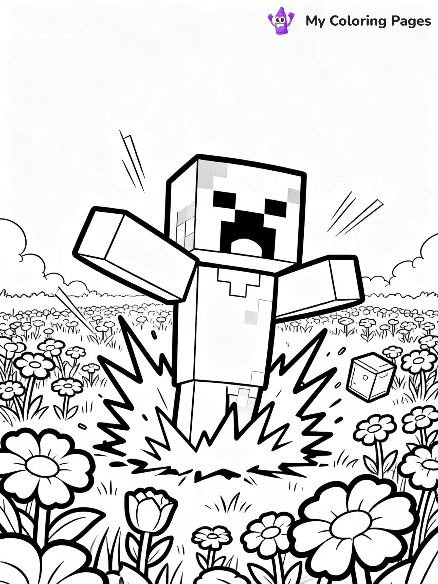 ⚠️ CRITICAL REQUIREMENT - ABSOLUTE BLACK AND WHITE ONLY ⚠️
This MUST be a BLACK AND WHITE line drawing ONLY. NO COLORS whatsoever.
- ONLY pure black lines (#000000) on pure white background (#FFFFFF)
- ABSOLUTELY NO colors, NO shading, NO gradients, NO grayscale
- If there are ANY colors in the output, the image is REJECTED
- This is a COLORING PAGE - meant to be COLORED IN by children
- The output must be UNCOLORED line art ready for coloring
⚠️ SUBJECT TO DRAW: Creeper exploding in a field of flowers. PURE OUTLINES. NO FILLS, COLOR, SHADING, OR GREYSCALE. WHITE BACKGROUND.
(REMEMBER: Output must be BLACK AND WHITE line art only, NOT colored!)
# Flat, Friendly Cartoon Line-Art Coloring Page
You are generating a **pure black-and-white binary image** of a child-friendly cartoon scene combining characters and background scenery in one cohesive composition.
## Rendering Rules (Strict)
- Only two colors: pure black (#000000) outlines and pure white (#FFFFFF) background.
- No grayscale, shading, gradients, tints, fills, transparency, or partial pixels.
- No antialiasing or blended edges; every pixel is 100% black or white.
- No solid black fills inside shapes — all areas inside outlines must remain white.
- No dark clothing areas or filled tone blocks; all garments outlined only.
- No shadows, textures, lighting, or tonal variations.
- Must look like flat binary vector line-art for coloring pages.
## Drawing & Composition
- **Medium, consistent line weight**; clean closed outlines easy to color inside.
- **Flat, simple, child-friendly design** — no realism or 3D depth.
- Characters are **grounded on a surface**, centered and large.
- **Balanced composition** with clear silhouettes and minimal props.
## Scenery & Style
- Landmarks (e.g., mosque, CN Tower) and scenery (trees, benches, waves) drawn with **black outlines only.**
- For real-world figures, teams, or places, show accurate details using only black outlines—no text or logos. Use distinctive uniform patterns, abstract symbols, and landmark silhouettes to convey identity.
- Keep **consistent perspective**; no floating elements.
- **Style:** whimsical **Doodle Art Alley** — rounded, friendly outlines.
- May adapt shapes from **Crayola, Disney, Peppa Pig, Cocomelon** — *by shape only, never color.*
- Final output: **flat, crisp, binary (#000000/#FFFFFF)**, **no filled color or background text.**
EXTREMELYE IMPORTANT:
- PURE BINARY LINE-ART; NO FILLS (HAIR/CLOTHES/SKIN), SHADING, OR GREY.
- NO SHADING, COLOR. MUST BE WHITE BACKGROUND.
⚠️ FINAL REMINDER: Draw the subject "Creeper exploding in a field of flowers. PURE OUTLINES. NO FILLS, COLOR, SHADING, OR GREYSCALE. WHITE BACKGROUND." as BLACK AND WHITE line art. Zero colors in output.