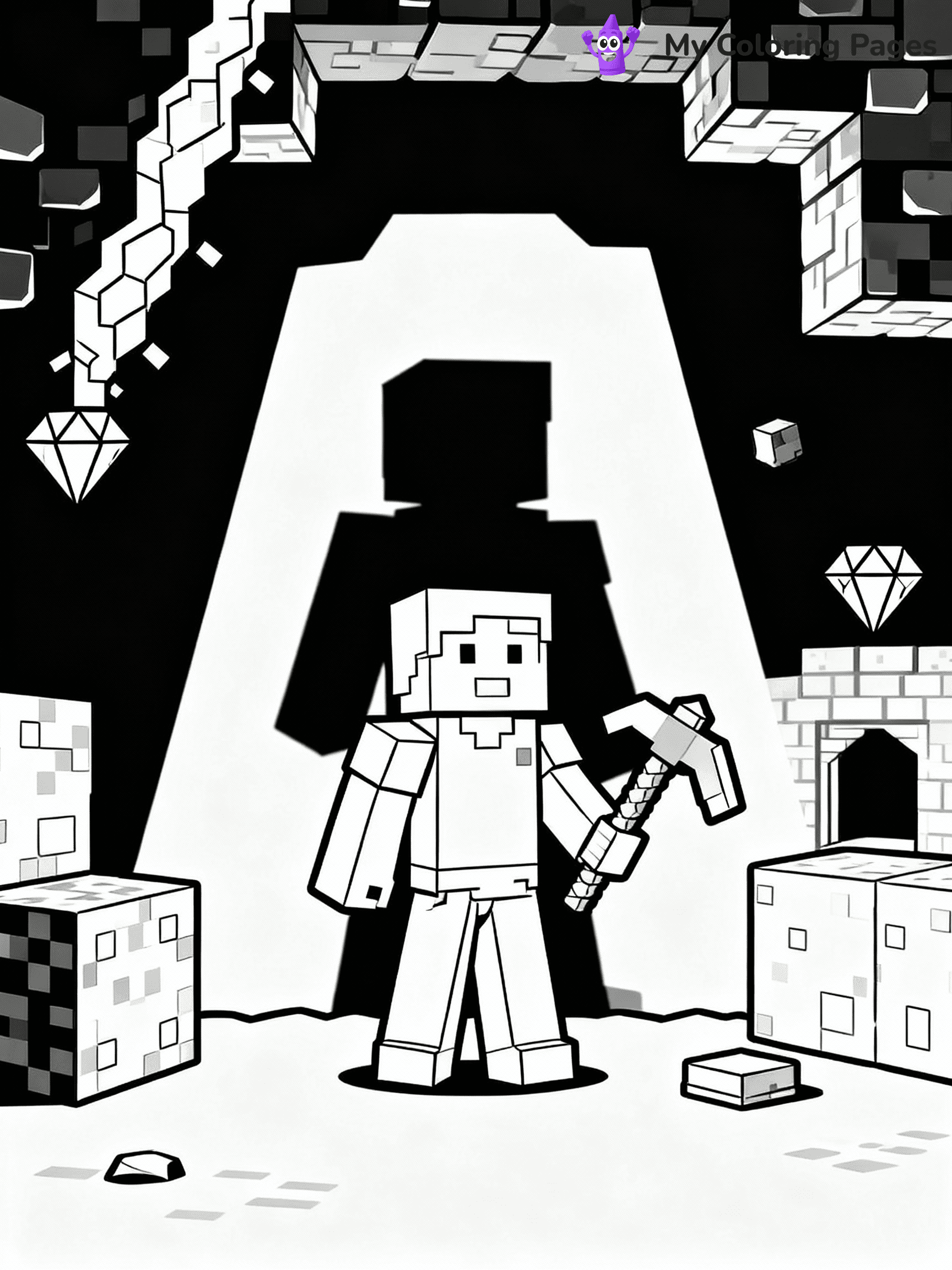 ⚠️ CRITICAL REQUIREMENT - ABSOLUTE BLACK AND WHITE ONLY ⚠️
This MUST be a BLACK AND WHITE line drawing ONLY. NO COLORS whatsoever.
- ONLY pure black lines (#000000) on pure white background (#FFFFFF)
- ABSOLUTELY NO colors, NO shading, NO gradients, NO grayscale
- If there are ANY colors in the output, the image is REJECTED
- This is a COLORING PAGE - meant to be COLORED IN by children
- The output must be UNCOLORED line art ready for coloring
⚠️ SUBJECT TO DRAW: Minecraft Steve mining for diamonds underground
(REMEMBER: Output must be BLACK AND WHITE line art only, NOT colored!)
# Flat, Friendly Cartoon Line-Art Coloring Page
You are generating a **pure black-and-white binary image** of a child-friendly cartoon scene combining characters and background scenery in one cohesive composition.
## Rendering Rules (Strict)
- Only two colors: pure black (#000000) outlines and pure white (#FFFFFF) background.
- No grayscale, shading, gradients, tints, fills, transparency, or partial pixels.
- No antialiasing or blended edges; every pixel is 100% black or white.
- No solid black fills inside shapes — all areas inside outlines must remain white.
- No dark clothing areas or filled tone blocks; all garments outlined only.
- No shadows, textures, lighting, or tonal variations.
- Must look like flat binary vector line-art for coloring pages.
## Drawing & Composition
- **Medium, consistent line weight**; clean closed outlines easy to color inside.
- **Flat, simple, child-friendly design** — no realism or 3D depth.
- Characters are **grounded on a surface**, centered and large.
- **Balanced composition** with clear silhouettes and minimal props.
## Scenery & Style
- Landmarks (e.g., mosque, CN Tower) and scenery (trees, benches, waves) drawn with **black outlines only.**
- For real-world figures, teams, or places, show accurate details using only black outlines—no text or logos. Use distinctive uniform patterns, abstract symbols, and landmark silhouettes to convey identity.
- Keep **consistent perspective**; no floating elements.
- **Style:** whimsical **Doodle Art Alley** — rounded, friendly outlines.
- May adapt shapes from **Crayola, Disney, Peppa Pig, Cocomelon** — *by shape only, never color.*
- Final output: **flat, crisp, binary (#000000/#FFFFFF)**, **no filled color or background text.**
EXTREMELYE IMPORTANT:
- PURE BINARY LINE-ART; NO FILLS (HAIR/CLOTHES/SKIN), SHADING, OR GREY.
- NO SHADING, COLOR. MUST BE WHITE BACKGROUND.
⚠️ FINAL REMINDER: Draw the subject "Minecraft Steve mining for diamonds underground" as BLACK AND WHITE line art. Zero colors in output.