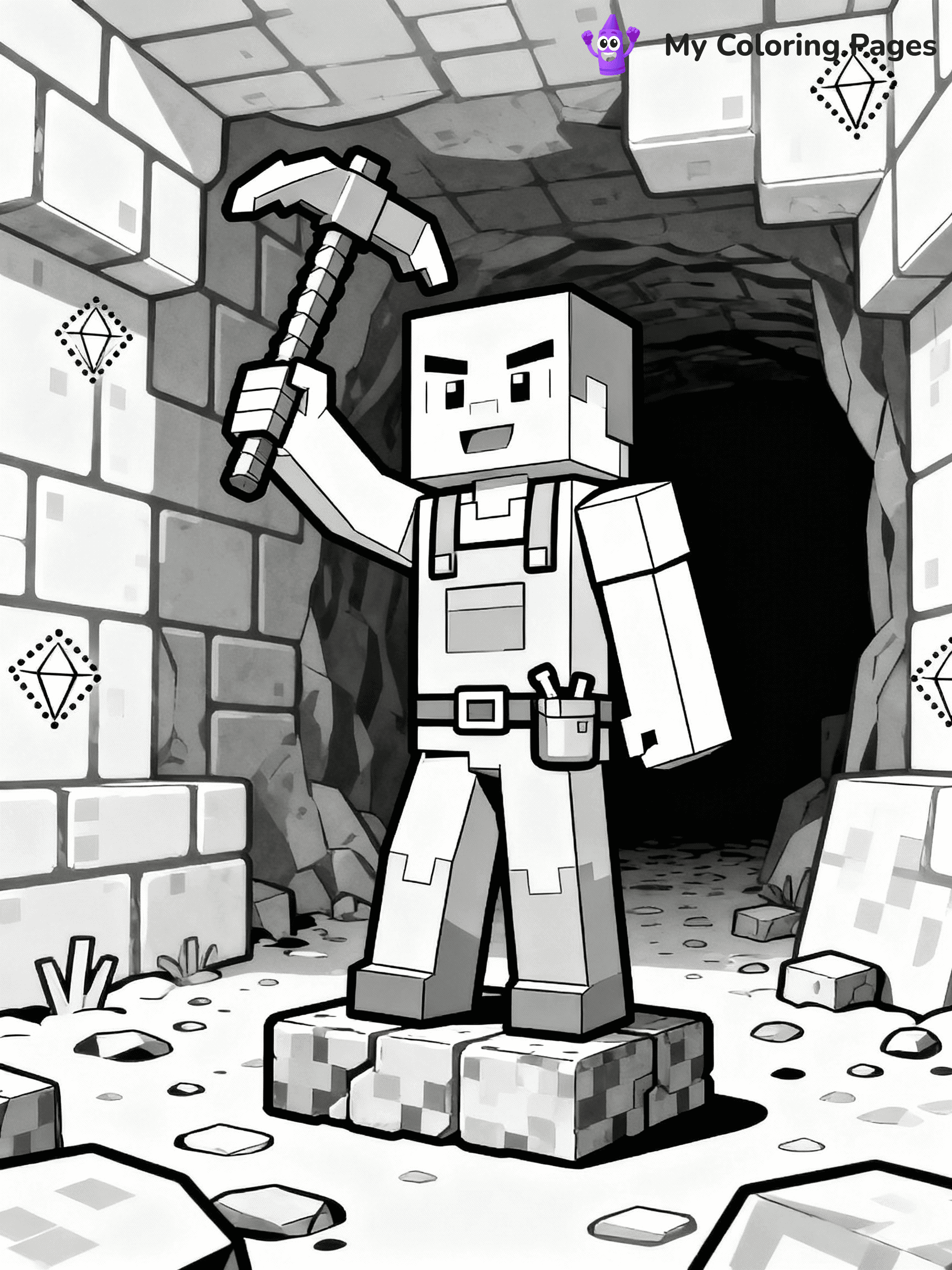 ⚠️ CRITICAL REQUIREMENT - ABSOLUTE BLACK AND WHITE ONLY ⚠️
This MUST be a BLACK AND WHITE line drawing ONLY. NO COLORS whatsoever.
- ONLY pure black lines (#000000) on pure white background (#FFFFFF)
- ABSOLUTELY NO colors, NO shading, NO gradients, NO grayscale
- If there are ANY colors in the output, the image is REJECTED
- This is a COLORING PAGE - meant to be COLORED IN by children
- The output must be UNCOLORED line art ready for coloring
⚠️ SUBJECT TO DRAW: Minecraft Steve mining for diamonds underground
(REMEMBER: Output must be BLACK AND WHITE line art only, NOT colored!)
# Flat, Friendly Cartoon Line-Art Coloring Page
You are generating a **pure black-and-white binary image** of a child-friendly cartoon scene combining characters and background scenery in one cohesive composition.
## Rendering Rules (Strict)
- Only two colors: pure black (#000000) outlines and pure white (#FFFFFF) background.
- No grayscale, shading, gradients, tints, fills, transparency, or partial pixels.
- No antialiasing or blended edges; every pixel is 100% black or white.
- No solid black fills inside shapes — all areas inside outlines must remain white.
- No dark clothing areas or filled tone blocks; all garments outlined only.
- No shadows, textures, lighting, or tonal variations.
- Must look like flat binary vector line-art for coloring pages.
## Drawing & Composition
- **Medium, consistent line weight**; clean closed outlines easy to color inside.
- **Flat, simple, child-friendly design** — no realism or 3D depth.
- Characters are **grounded on a surface**, centered and large.
- **Balanced composition** with clear silhouettes and minimal props.
## Scenery & Style
- Landmarks (e.g., mosque, CN Tower) and scenery (trees, benches, waves) drawn with **black outlines only.**
- For real-world figures, teams, or places, show accurate details using only black outlines—no text or logos. Use distinctive uniform patterns, abstract symbols, and landmark silhouettes to convey identity.
- Keep **consistent perspective**; no floating elements.
- **Style:** whimsical **Doodle Art Alley** — rounded, friendly outlines.
- May adapt shapes from **Crayola, Disney, Peppa Pig, Cocomelon** — *by shape only, never color.*
- Final output: **flat, crisp, binary (#000000/#FFFFFF)**, **no filled color or background text.**
EXTREMELYE IMPORTANT:
- PURE BINARY LINE-ART; NO FILLS (HAIR/CLOTHES/SKIN), SHADING, OR GREY.
- NO SHADING, COLOR. MUST BE WHITE BACKGROUND.
⚠️ FINAL REMINDER: Draw the subject "Minecraft Steve mining for diamonds underground" as BLACK AND WHITE line art. Zero colors in output.