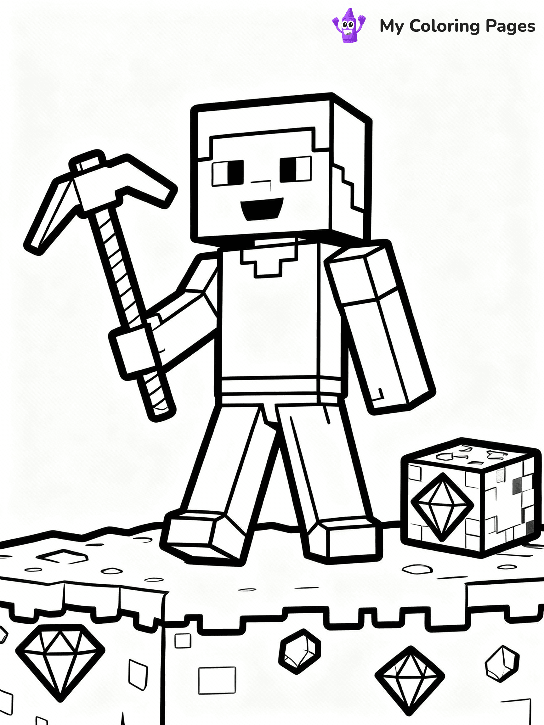 ⚠️ CRITICAL REQUIREMENT - ABSOLUTE BLACK AND WHITE ONLY ⚠️
This MUST be a BLACK AND WHITE line drawing ONLY. NO COLORS whatsoever.
- ONLY pure black lines (#000000) on pure white background (#FFFFFF)
- ABSOLUTELY NO colors, NO shading, NO gradients, NO grayscale
- If there are ANY colors in the output, the image is REJECTED
- This is a COLORING PAGE - meant to be COLORED IN by children
- The output must be UNCOLORED line art ready for coloring
⚠️ SUBJECT TO DRAW: Minecraft Steve mining for diamonds underground
(REMEMBER: Output must be BLACK AND WHITE line art only, NOT colored!)
# Flat, Friendly Cartoon Line-Art Coloring Page
You are generating a **pure black-and-white binary image** of a child-friendly cartoon scene combining characters and background scenery in one cohesive composition.
## Rendering Rules (Strict)
- Only two colors: pure black (#000000) outlines and pure white (#FFFFFF) background.
- No grayscale, shading, gradients, tints, fills, transparency, or partial pixels.
- No antialiasing or blended edges; every pixel is 100% black or white.
- No solid black fills inside shapes — all areas inside outlines must remain white.
- No dark clothing areas or filled tone blocks; all garments outlined only.
- No shadows, textures, lighting, or tonal variations.
- Must look like flat binary vector line-art for coloring pages.
## Drawing & Composition
- **Medium, consistent line weight**; clean closed outlines easy to color inside.
- **Flat, simple, child-friendly design** — no realism or 3D depth.
- Characters are **grounded on a surface**, centered and large.
- **Balanced composition** with clear silhouettes and minimal props.
## Scenery & Style
- Landmarks (e.g., mosque, CN Tower) and scenery (trees, benches, waves) drawn with **black outlines only.**
- For real-world figures, teams, or places, show accurate details using only black outlines—no text or logos. Use distinctive uniform patterns, abstract symbols, and landmark silhouettes to convey identity.
- Keep **consistent perspective**; no floating elements.
- **Style:** whimsical **Doodle Art Alley** — rounded, friendly outlines.
- May adapt shapes from **Crayola, Disney, Peppa Pig, Cocomelon** — *by shape only, never color.*
- Final output: **flat, crisp, binary (#000000/#FFFFFF)**, **no filled color or background text.**
EXTREMELYE IMPORTANT:
- PURE BINARY LINE-ART; NO FILLS (HAIR/CLOTHES/SKIN), SHADING, OR GREY.
- NO SHADING, COLOR. MUST BE WHITE BACKGROUND.
⚠️ FINAL REMINDER: Draw the subject "Minecraft Steve mining for diamonds underground" as BLACK AND WHITE line art. Zero colors in output.