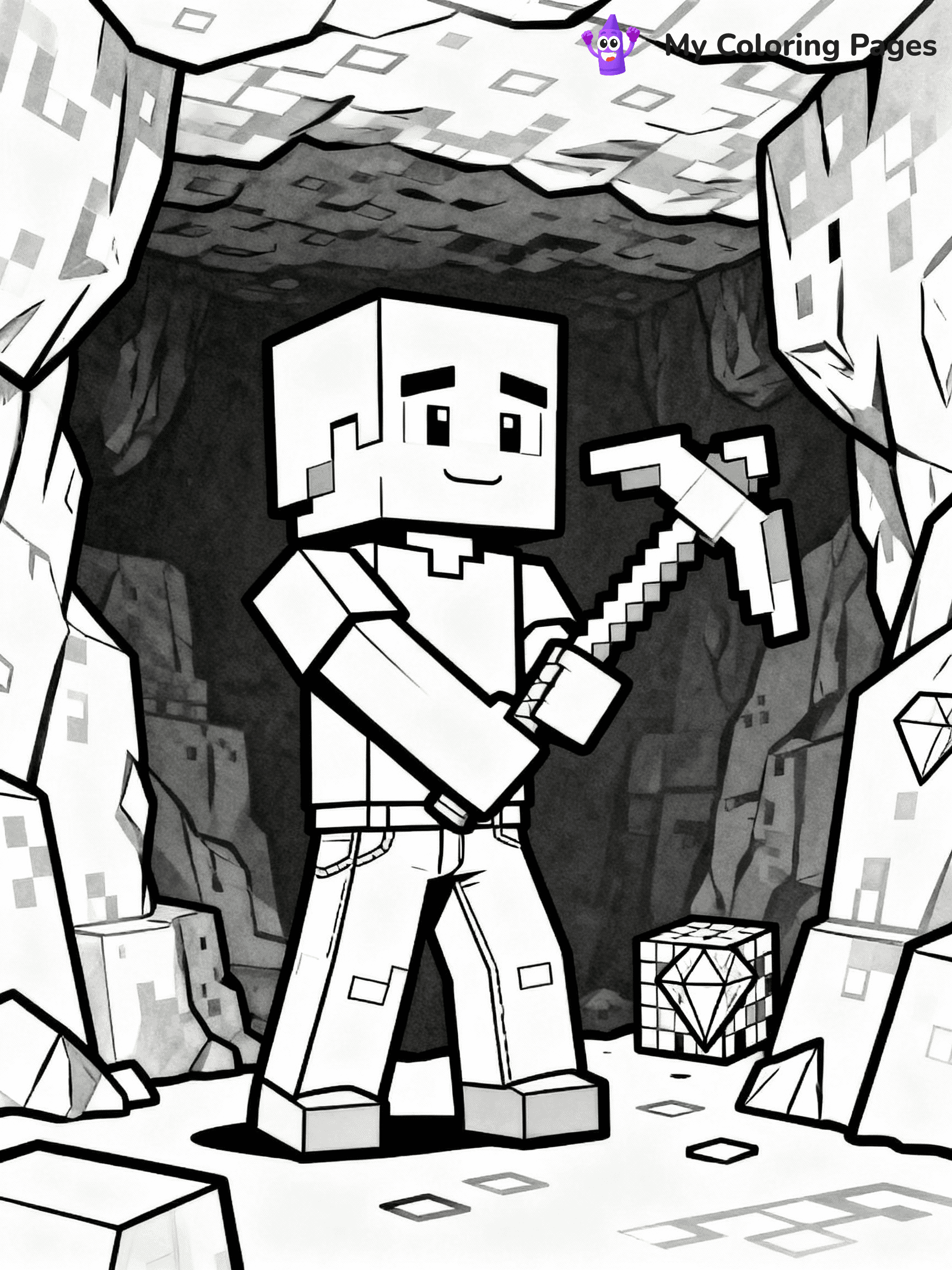 ⚠️ CRITICAL REQUIREMENT - ABSOLUTE BLACK AND WHITE ONLY ⚠️
This MUST be a BLACK AND WHITE line drawing ONLY. NO COLORS whatsoever.
- ONLY pure black lines (#000000) on pure white background (#FFFFFF)
- ABSOLUTELY NO colors, NO shading, NO gradients, NO grayscale
- If there are ANY colors in the output, the image is REJECTED
- This is a COLORING PAGE - meant to be COLORED IN by children
- The output must be UNCOLORED line art ready for coloring
⚠️ SUBJECT TO DRAW: Minecraft Steve mining for diamonds underground
(REMEMBER: Output must be BLACK AND WHITE line art only, NOT colored!)
# Flat, Friendly Cartoon Line-Art Coloring Page
You are generating a **pure black-and-white binary image** of a child-friendly cartoon scene combining characters and background scenery in one cohesive composition.
## Rendering Rules (Strict)
- Only two colors: pure black (#000000) outlines and pure white (#FFFFFF) background.
- No grayscale, shading, gradients, tints, fills, transparency, or partial pixels.
- No antialiasing or blended edges; every pixel is 100% black or white.
- No solid black fills inside shapes — all areas inside outlines must remain white.
- No dark clothing areas or filled tone blocks; all garments outlined only.
- No shadows, textures, lighting, or tonal variations.
- Must look like flat binary vector line-art for coloring pages.
## Drawing & Composition
- **Medium, consistent line weight**; clean closed outlines easy to color inside.
- **Flat, simple, child-friendly design** — no realism or 3D depth.
- Characters are **grounded on a surface**, centered and large.
- **Balanced composition** with clear silhouettes and minimal props.
## Scenery & Style
- Landmarks (e.g., mosque, CN Tower) and scenery (trees, benches, waves) drawn with **black outlines only.**
- For real-world figures, teams, or places, show accurate details using only black outlines—no text or logos. Use distinctive uniform patterns, abstract symbols, and landmark silhouettes to convey identity.
- Keep **consistent perspective**; no floating elements.
- **Style:** whimsical **Doodle Art Alley** — rounded, friendly outlines.
- May adapt shapes from **Crayola, Disney, Peppa Pig, Cocomelon** — *by shape only, never color.*
- Final output: **flat, crisp, binary (#000000/#FFFFFF)**, **no filled color or background text.**
EXTREMELYE IMPORTANT:
- PURE BINARY LINE-ART; NO FILLS (HAIR/CLOTHES/SKIN), SHADING, OR GREY.
- NO SHADING, COLOR. MUST BE WHITE BACKGROUND.
⚠️ FINAL REMINDER: Draw the subject "Minecraft Steve mining for diamonds underground" as BLACK AND WHITE line art. Zero colors in output.