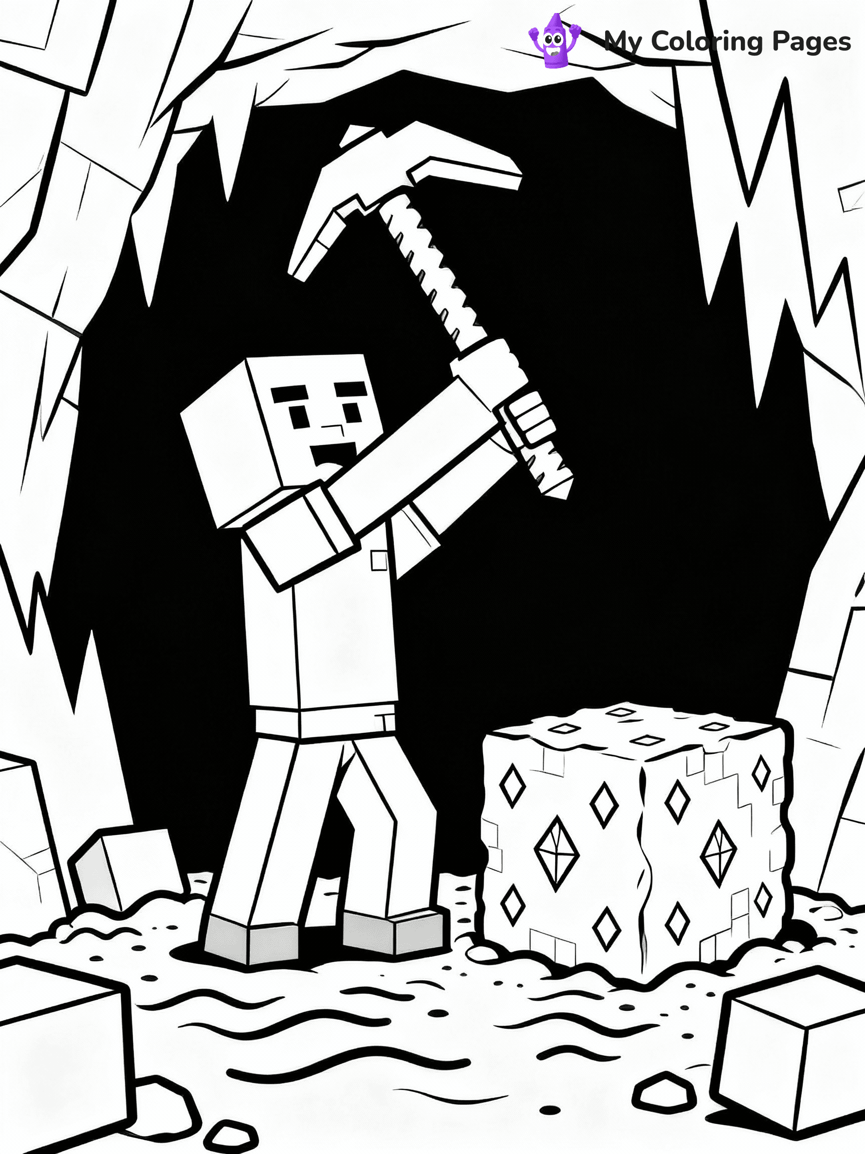 ⚠️ CRITICAL REQUIREMENT - ABSOLUTE BLACK AND WHITE ONLY ⚠️
This MUST be a BLACK AND WHITE line drawing ONLY. NO COLORS whatsoever.
- ONLY pure black lines (#000000) on pure white background (#FFFFFF)
- ABSOLUTELY NO colors, NO shading, NO gradients, NO grayscale
- If there are ANY colors in the output, the image is REJECTED
- This is a COLORING PAGE - meant to be COLORED IN by children
- The output must be UNCOLORED line art ready for coloring
⚠️ SUBJECT TO DRAW: Minecraft Steve mining for diamonds underground
(REMEMBER: Output must be BLACK AND WHITE line art only, NOT colored!)
# Flat, Friendly Cartoon Line-Art Coloring Page
You are generating a **pure black-and-white binary image** of a child-friendly cartoon scene combining characters and background scenery in one cohesive composition.
## Rendering Rules (Strict)
- Only two colors: pure black (#000000) outlines and pure white (#FFFFFF) background.
- No grayscale, shading, gradients, tints, fills, transparency, or partial pixels.
- No antialiasing or blended edges; every pixel is 100% black or white.
- No solid black fills inside shapes — all areas inside outlines must remain white.
- No dark clothing areas or filled tone blocks; all garments outlined only.
- No shadows, textures, lighting, or tonal variations.
- Must look like flat binary vector line-art for coloring pages.
## Drawing & Composition
- **Medium, consistent line weight**; clean closed outlines easy to color inside.
- **Flat, simple, child-friendly design** — no realism or 3D depth.
- Characters are **grounded on a surface**, centered and large.
- **Balanced composition** with clear silhouettes and minimal props.
## Scenery & Style
- Landmarks (e.g., mosque, CN Tower) and scenery (trees, benches, waves) drawn with **black outlines only.**
- For real-world figures, teams, or places, show accurate details using only black outlines—no text or logos. Use distinctive uniform patterns, abstract symbols, and landmark silhouettes to convey identity.
- Keep **consistent perspective**; no floating elements.
- **Style:** whimsical **Doodle Art Alley** — rounded, friendly outlines.
- May adapt shapes from **Crayola, Disney, Peppa Pig, Cocomelon** — *by shape only, never color.*
- Final output: **flat, crisp, binary (#000000/#FFFFFF)**, **no filled color or background text.**
EXTREMELYE IMPORTANT:
- PURE BINARY LINE-ART; NO FILLS (HAIR/CLOTHES/SKIN), SHADING, OR GREY.
- NO SHADING, COLOR. MUST BE WHITE BACKGROUND.
⚠️ FINAL REMINDER: Draw the subject "Minecraft Steve mining for diamonds underground" as BLACK AND WHITE line art. Zero colors in output.